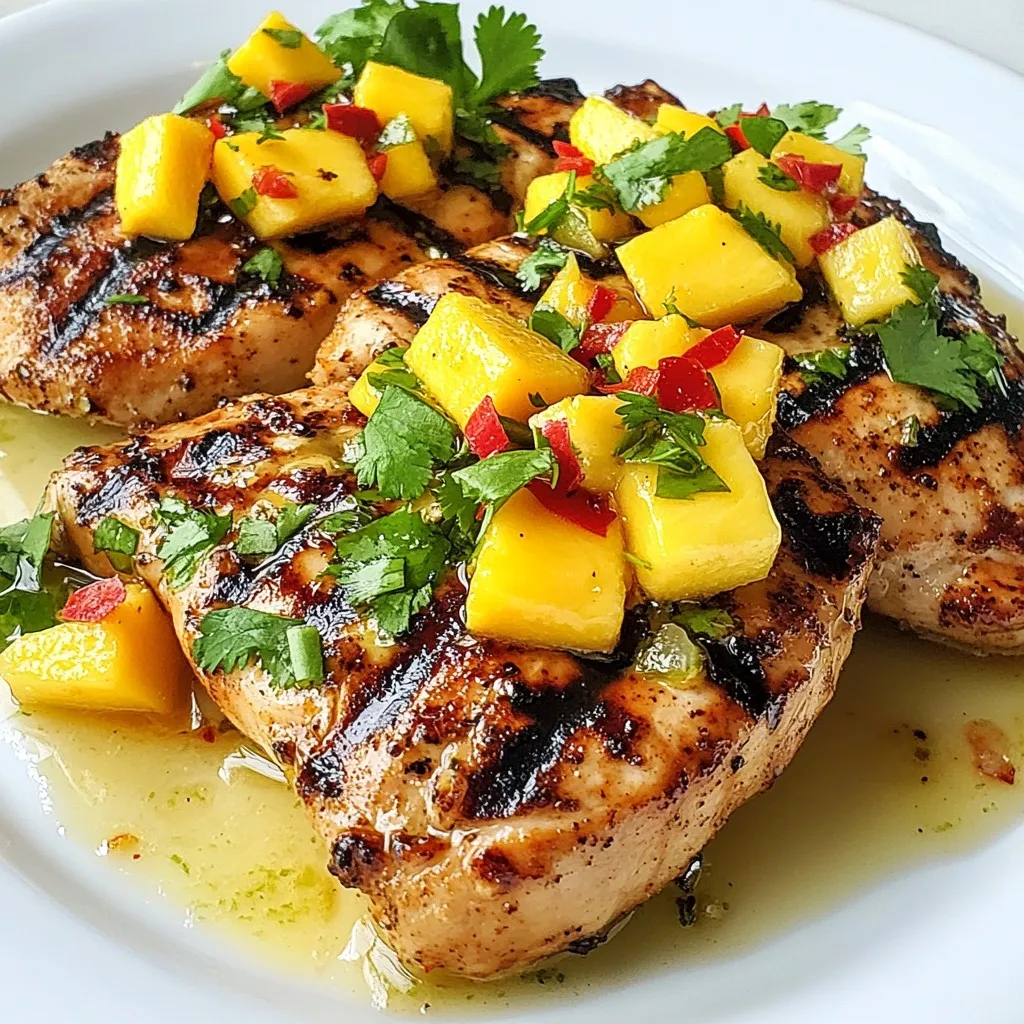- 4 boneless, skinless chicken breasts - 1 ripe mango, diced - 1 red chili, finely chopped (adjust for spice level) - 4 tablespoons fresh lime juice - 2 tablespoons honey - 2 tablespoons olive oil - 2 cloves garlic, minced - Salt and pepper to taste - Fresh cilantro for garnish The main ingredients give this dish a bright and fresh flavor. The chicken is the star, and the mango adds sweetness. The chili brings heat, while lime juice gives a zesty kick. Honey adds a nice touch of sweetness, balancing the heat. Garlic enhances the overall flavor, making the dish truly special. - 1 teaspoon ginger, minced - 1 tablespoon soy sauce - 1 tablespoon sesame oil These optional ingredients can boost the flavor even more. Ginger adds a warm spice, while soy sauce brings umami. Sesame oil gives a nice nutty taste, making this dish even more exciting. Feel free to mix and match according to your taste. When choosing chicken, look for breasts that are pink and firm. They should have no visible spots or bruises. For mangoes, pick ones that feel slightly soft when you press them. A ripe mango has a sweet smell and a rich color. This will lead to a tasty dish full of vibrant flavors. {{ingredient_image_1}} To start, you need a simple and tasty marinade. In a medium bowl, combine these ingredients: - 1 ripe mango, diced - 1 red chili, finely chopped - 4 tablespoons fresh lime juice - 2 tablespoons honey - 2 tablespoons olive oil - 2 cloves garlic, minced Mix them well until smooth, but keep some texture. This blend brings sweetness and heat together. The mango adds a fresh note, while the chili brings a kick. You can adjust the chili for more or less spice. Next, grab your chicken. Use 4 boneless, skinless chicken breasts. Season them with salt and pepper. Place them in a resealable plastic bag. Pour your marinade over the chicken. Seal the bag and massage the marinade into the chicken. This helps the flavors soak in. Refrigerate it for at least 30 minutes. If you have time, let it marinate for up to 2 hours. This extra time makes the chicken even tastier. Now, it’s time to cook your chicken. The best method is grilling. Preheat your grill or grill pan over medium-high heat. Remove the chicken from the bag, letting excess marinade drip off. Discard the leftover marinade. Grill the chicken for about 6-7 minutes on each side. You want the chicken to reach an internal temperature of 165°F (75°C). Look for golden brown color and nice grill marks. If you prefer, you can bake the chicken at 375°F (190°C) for about 25-30 minutes. Both methods yield juicy and flavorful chicken. After cooking, let it rest for 5 minutes before slicing. This step keeps all the juices inside. Enjoy your meal! To get those beautiful grill marks, heat your grill well. Start with medium-high heat. Before placing the chicken on the grill, lightly oil the grates. This helps prevent sticking. Place the chicken down and don’t move it for about 6-7 minutes. Flip it only once. This keeps those nice lines on each side. If you want even better marks, try a diagonal placement for the chicken. The key to great flavor is in the marination. Use a resealable bag for easy coating. When you add the marinade, massage it into the chicken. This helps the flavors soak in. Let the chicken marinate for at least 30 minutes. For a deeper taste, go for 2 hours. Always keep it in the fridge while marinating. The longer it sits, the more flavor it gets. Resting is a must for juicy chicken. After grilling, let the chicken sit for 5 minutes. This time allows the juices to redistribute. If you cut it right away, those juices run out. Place the chicken on a cutting board and cover it loosely with foil. This keeps it warm while resting. After 5 minutes, slice it and watch the juices stay in. This makes every bite juicy and full of flavor. Pro Tips Marinate for Maximum Flavor: Allow the chicken to marinate for at least 30 minutes, but ideally up to 2 hours. This will enhance the flavor and tenderness of the chicken significantly. Adjust the Spice Level: The heat from the red chili can vary. For a milder dish, remove the seeds before chopping, or use a smaller chili. Alternatively, add more for a spicier kick! Rest the Chicken: After grilling, let the chicken rest for 5 minutes. This helps the juices redistribute, resulting in a juicier and more flavorful chicken. Garnish for Presentation: Fresh cilantro not only adds color but also enhances the flavor profile. Consider adding lime wedges on the side for an extra zesty touch! {{image_2}} You can swap chicken for tofu or shrimp. For tofu, use firm tofu. Press it to remove water. Cut it into cubes and marinate just like the chicken. Grill until golden. For shrimp, use large, peeled shrimp. Marinate them for about 15 minutes. Grill them for about 3-4 minutes on each side. Both options bring unique tastes and textures. Adjust the spice based on your taste. For mild, use less chili or remove seeds. For medium heat, add one chili. If you love heat, add more chili or fresh jalapeños. You can also experiment with spices. Add cumin for earthiness or ginger for warmth. These changes can give new life to the dish. Mango Chili Lime Chicken pairs well with many sides. Serve it with rice or quinoa for a filling meal. Fresh salads with lime vinaigrette add brightness. Grilled vegetables like zucchini or bell peppers complement the flavors. You can even serve it in tacos with fresh salsa. Each option enhances the dish and creates a complete meal. To keep your Mango Chili Lime Chicken fresh, store leftovers in an airtight container. Make sure the chicken is completely cooled. Place it in the fridge within two hours of cooking. It will stay good for about 3 to 4 days. If you want to keep it longer, freezing is a great option. When you are ready to enjoy the leftovers, reheat the chicken gently. The best way is in the oven at 350°F (175°C). Place the chicken in a baking dish and cover it with foil. Heat for about 15-20 minutes. This method helps keep the chicken moist. If you use a microwave, heat in short bursts. Check every 30 seconds to avoid drying it out. To freeze, wrap the chicken tightly in plastic wrap, then place it in a freezer bag. Remove as much air as possible. Label the bag with the date. The chicken can stay in the freezer for up to 3 months. When you’re ready to use it, thaw the chicken in the fridge overnight. Never refreeze thawed chicken to ensure safety and taste. Yes, you can use frozen chicken. Just make sure to thaw it first. Place the frozen chicken in the fridge overnight to safely thaw. Once thawed, follow the recipe as usual. Marinating thawed chicken will give the best flavor. To spice up the marinade, add more red chili. You can also use chili powder or cayenne pepper. A dash of hot sauce works well too. Start with a little and taste as you mix. Adjust to your heat preference for the perfect kick! Many sides pair nicely with this dish. Here are a few options: - Cilantro lime rice - Grilled corn on the cob - Mixed green salad with avocado - Black bean and corn salsa - Roasted sweet potatoes These sides will balance the chicken's sweet and spicy flavors. Enjoy your meal! Mango Chili Lime Chicken is a tasty dish that uses simple, fresh ingredients. We covered how to pick the best chicken and mango. Creating a good marinade is key, along with proper cooking methods. I shared tips for grill marks and marination, plus options for tofu or shrimp. Remember to store leftovers correctly to keep them fresh. Try new flavors with each meal as you explore this recipe. Enjoy every bite!