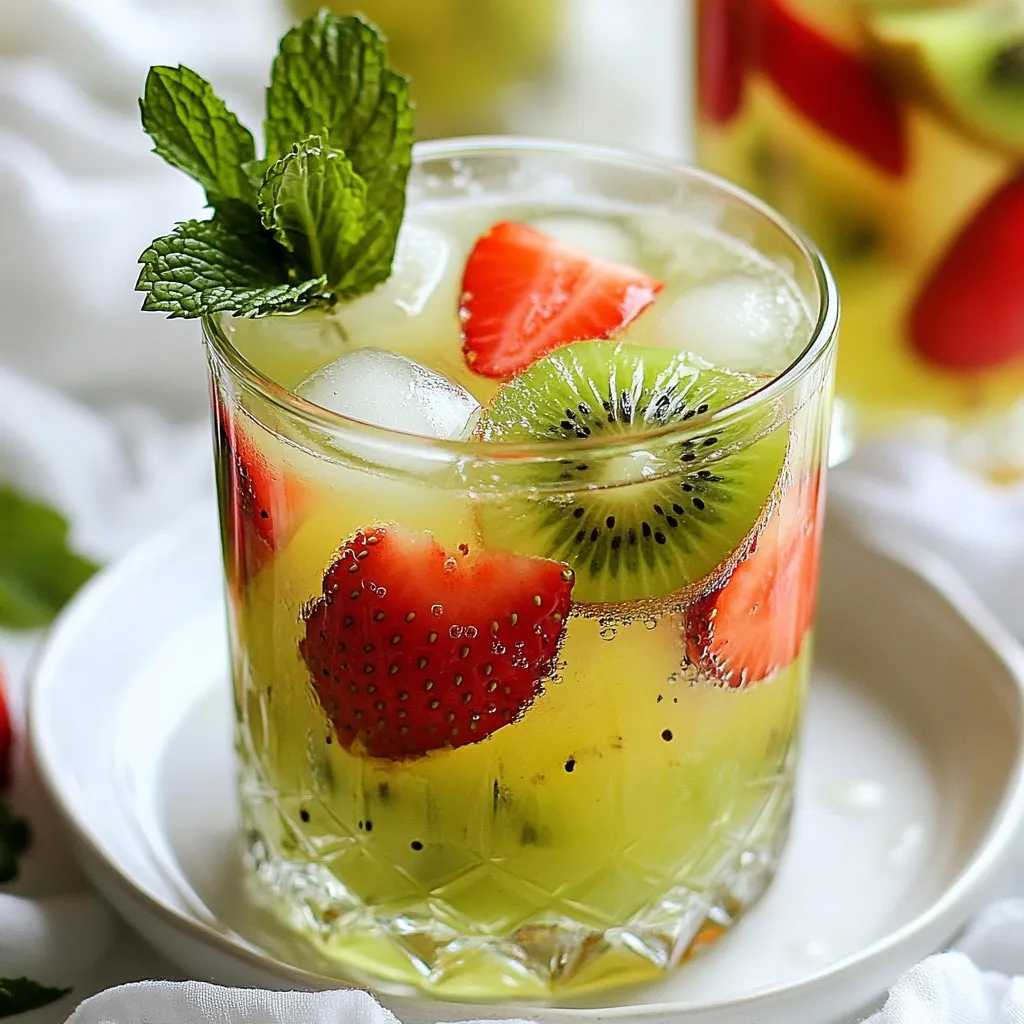 - Fresh strawberries (2 cups) - Ripe kiwis (3) - Cold water (4 cups) - Agave syrup or honey (2 tablespoons) - Lime juice (1 lime) - Fresh mint leaves (for garnish) - Ice cubes To make the best Strawberry Kiwi Agua Fresca, you need fresh, ripe fruits. Choose bright red strawberries and soft, sweet kiwis. The agave syrup or honey adds the right sweetness. Lime juice gives a nice tang. You will also need cold water to blend everything smoothly. I like to use fresh mint leaves for garnish; they look lovely and add a refreshing hint. When buying strawberries, look for those that are firm and fragrant. For kiwis, they should feel slightly soft when gently pressed. This drink is not only tasty but also very colorful. It will look beautiful on a warm day. Keep everything ready: wash the strawberries, peel the kiwis, and measure the water and sweetener. Having all the ingredients on hand helps you make this drink quickly. Enjoy this refreshing treat! {{ingredient_image_1}} Start by washing the strawberries. Remove the green tops, then slice them. Next, take the kiwis. Peel them carefully and chop them into small pieces. These fresh fruits will give our drink a bright flavor. In a blender, combine the sliced strawberries and chopped kiwis. Then, add 2 cups of cold water. Blend everything until it is smooth. This step mixes the flavors well and creates a nice texture. Now, strain the mixture through a fine mesh sieve into a large pitcher. This will remove any pulp, making the drink smooth. If you like pulp, feel free to skip this step. Next, stir in the remaining 2 cups of cold water, agave syrup (or honey), and lime juice. Mix everything well until combined. Chill the drink in the refrigerator for about 30 minutes. This helps the flavors meld together. When ready to serve, pour the drink over ice in glasses. Finally, add fresh mint leaves as a garnish. This will make your drink look beautiful and refreshing. Enjoy your Strawberry Kiwi Agua Fresca! To manage pulp in your Strawberry Kiwi Agua Fresca, you can strain the drink. After blending, pour it through a fine mesh sieve. This step removes the pulp, giving you a smooth drink. If you like some texture, skip straining. You can enjoy the pulp then! Adjusting sweetness levels is simple. After mixing in the agave syrup or honey, taste your drink. If it needs more sweetness, add a bit more syrup. Remember, a little goes a long way! Lime juice adds a nice zing, so balance it with sweetness. Choosing the right glassware makes your drink pop. Clear glasses show off the bright colors of the drink. Tall glasses work well too. They add a refreshing feel. For garnishing, fresh mint leaves are perfect. They add color and aroma. You can also slice a kiwi or strawberry to place on the rim of the glass. It makes your drink look fancy and fun! Pro Tips Choose Ripe Fruits: Make sure your strawberries and kiwis are perfectly ripe for the best flavor. Look for vibrant color and a sweet aroma. Adjust Sweetness: Taste the mixture before serving and adjust the sweetness to your preference. You can always add more agave syrup or honey if needed. Chill for Better Flavor: Allow the agua fresca to chill in the refrigerator for at least 30 minutes. This enhances the flavors and makes it more refreshing. Garnish Creatively: Enhance the presentation by garnishing with fresh mint leaves and additional slices of strawberries or kiwis on the rim of the glass. {{image_2}} You can mix things up by adding different fruits. Try using other berries like raspberries or blueberries. They add a lovely twist to the drink. You can also explore tropical fruits. Pineapple and mango bring a bright, sunny flavor. Each fruit adds its own unique taste and makes the drink fun. If you want to change the sweetness, consider natural sweeteners. Stevia or monk fruit can work well. These options let you control the sugar content. You can also adjust the drink's acidity. Try adding juice from other citrus fruits like oranges or lemons. They can brighten the flavor and enhance your agua fresca. To keep your Strawberry Kiwi Agua Fresca fresh, store it in the fridge. Use a pitcher with a lid. This way, it stays covered and cool. You can keep it for up to three days. After that, the flavors start to fade. Always give it a quick stir before serving again. This helps mix any settled ingredients. You can freeze this drink for later use. Pour it into an ice cube tray. Once frozen, put the cubes in a zip-top bag. This makes it easy to add to smoothies or other drinks. To thaw, leave the cubes in the fridge overnight. If you need them fast, place them in a bowl of cold water. Just remember, freezing might change the texture a bit, but the taste will still be great! Agua fresca is a light, refreshing drink from Mexico. It combines fruits, sugar, and water. You can find many flavors like watermelon, hibiscus, and cucumber. This drink is perfect for hot days. It offers a sweet taste and a burst of fresh fruit flavor. You can enjoy it at parties, picnics, or just on a sunny afternoon. Making agua fresca is simple, and it’s a fun way to use seasonal fruits. Yes, you can make this drink ahead of time. To do this, prepare the agua fresca and chill it in the fridge. It tastes best when cold. I suggest making it at least 30 minutes before serving. This way, the flavors blend well. You can store it in a pitcher or jar. Just remember to stir it well before serving. If you want to keep it fresh, drink it within two days. Yes, this recipe is vegan-friendly. It uses agave syrup as a sweetener, which comes from the agave plant. If you prefer honey, it is not vegan. You can also use other sweeteners like maple syrup. Adjust the sweetness to your liking. This drink is healthy and full of fresh fruit. You can enjoy it without worry about animal products. This blog post covered how to make a fresh and tasty agua fresca. We looked at each step, from washing the fruit to blending everything. I shared tips for consistency and ways to present your drink nicely. You can even try different fruits or sweeteners. Always remember to store any leftovers correctly. Making agua fresca is easy, fun, and sure to impress. Enjoy this refreshing drink on warm days or whenever you need a tasty treat!