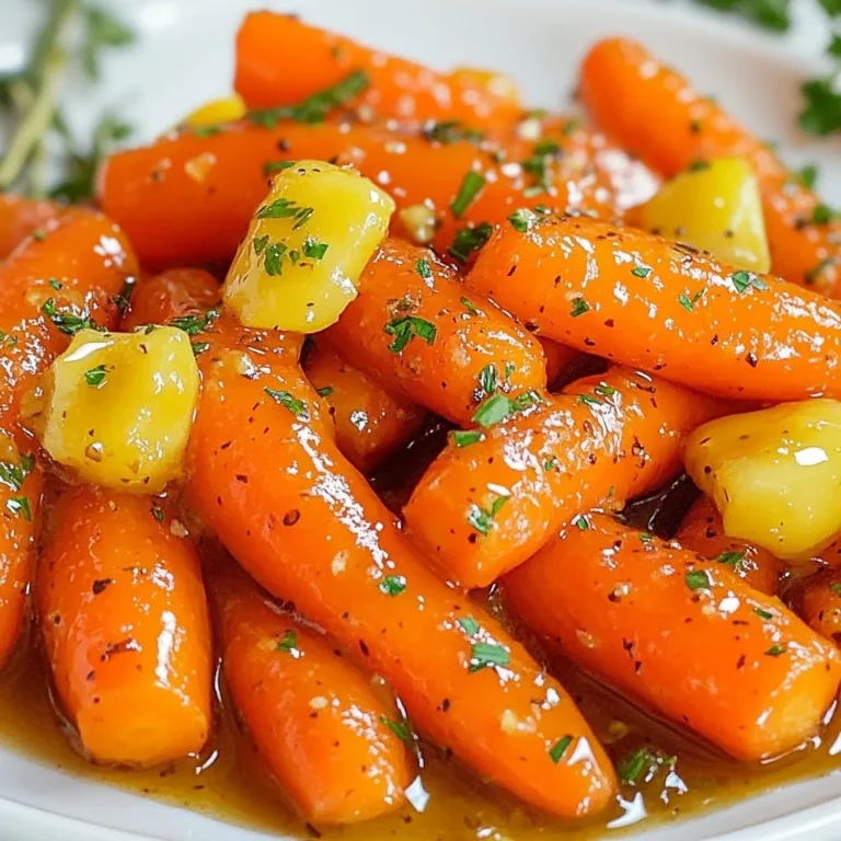 - 1 lb baby carrots, peeled - 3 tablespoons honey - 2 tablespoons unsalted butter - 2 cloves garlic, minced - 1 teaspoon fresh thyme leaves (or ½ teaspoon dried thyme) - Salt and pepper to taste - 1 tablespoon lemon juice - Chopped parsley for garnish (optional) These simple ingredients come together to create a dish bursting with flavor. Baby carrots bring a sweet crunch. Honey adds a rich, sticky glaze. Garlic gives the dish depth with its strong aroma. Fresh thyme brings a hint of earthiness, balancing the sweetness. For those who like it zesty, lemon juice brightens the dish. A sprinkle of salt and pepper enhances all the flavors. Finally, parsley can add a fresh touch to the plate. - Calories per serving: About 150 - Macronutrients breakdown: - Carbohydrates: 20g - Fats: 7g - Proteins: 1g - Allergen information: This dish is gluten-free and nut-free. Each serving is a good balance of carbs and fats, making it a healthy choice. You get vitamins from the carrots too. This dish is perfect for a side at any meal. It is both tasty and colorful on your plate. {{ingredient_image_1}} 1. Start by melting 2 tablespoons of unsalted butter in a large skillet over medium heat. 2. Add 2 cloves of minced garlic. Sauté for about 1 minute. Be careful not to let the garlic brown. 3. Now, add 1 pound of peeled baby carrots to the skillet. Stir well to coat them in the garlic butter. 1. Pour 3 tablespoons of honey over the carrots. Sprinkle in 1 teaspoon of fresh thyme leaves, and add salt and pepper to taste. 2. Stir everything together. Make sure the carrots are evenly coated in honey and seasonings. 3. Cover the skillet and lower the heat. Cook for 15 to 20 minutes, stirring occasionally until the carrots are tender. 4. Once the carrots are soft, remove the lid. Increase the heat to medium-high. Let the glaze bubble for 2 to 3 minutes until it thickens slightly. 1. Remove the skillet from the heat. Drizzle with 1 tablespoon of lemon juice, then toss to combine. 2. Taste the carrots and adjust seasoning if needed. 3. Transfer the glazed carrots to a serving dish. Garnish with chopped parsley if desired. To get the best flavor, start with fresh baby carrots. Look for bright orange carrots that feel firm. Avoid carrots that are soft or have dark spots. They won’t taste as good. Next, balance the sweetness of honey with lemon juice. The acidity from lemon cuts through the sweetness. This balance makes each bite better. Add one tablespoon of lemon juice to your dish. This small change brightens the flavors. Use a large non-stick skillet for even cooking. Non-stick pans help the carrots cook without sticking. This makes stirring easier too. When cooking, stir the carrots every few minutes. This ensures they cook evenly. If you don't stir, some may get too soft while others stay hard. Aim for a tender texture throughout. You can adjust the sweetness to your liking. If you prefer sweeter carrots, add more honey. Start with a half tablespoon more. Taste as you go to find your perfect balance. Also, consider adding spices for more flavor. A pinch of red pepper flakes gives a nice kick. You can also use herbs like dill or rosemary for a different twist. Experiment with what you like best! Pro Tips Use Fresh Ingredients: For the best flavor, opt for fresh baby carrots and high-quality honey. Fresh produce enhances the taste and texture of the dish. Adjust Sweetness: Depending on your preference, you can adjust the amount of honey. For a less sweet option, start with 2 tablespoons and taste before adding more. Experiment with Herbs: While thyme pairs well with carrots, feel free to experiment with other herbs like rosemary or dill for a different flavor profile. Serve Warm: These glazed carrots are best served warm. If preparing in advance, reheat gently on the stove to maintain their texture and flavor. {{image_2}} You can change the flavor by using maple syrup instead of honey. Maple syrup gives a rich taste, great for those who avoid honey. You can also add fresh herbs like rosemary or dill. These herbs add a nice twist and boost the flavor. You have options for cooking. Oven-roasting brings out a deep sweetness. Toss the carrots with honey and herbs, then roast at 400°F for about 20-25 minutes. Stovetop cooking is quick and easy. You can also use an Instant Pot. Add carrots, honey, and seasonings, then cook on high pressure for 2-3 minutes. This method saves time and makes them tender. Honey garlic glazed carrots pair well with proteins like chicken or steak. They add a sweet touch to savory meals. You can also use them in salads or grain bowls. Toss them with greens, nuts, or grains for a vibrant dish. To keep your honey garlic glazed carrots fresh, store them in the fridge. Place them in an airtight container. This way, they stay crisp for up to four days. If you want to keep them longer, consider freezing. When you want to enjoy your leftovers, reheating is easy. Use a skillet on medium heat. Add a splash of water to help keep them moist. This prevents the carrots from becoming mushy. Stir them occasionally for even heating. If you have extra glazed carrots, freezing is a good option. First, let them cool completely. Then, place them in a freezer-safe container or bag. They will last up to three months. When ready to eat, thaw them overnight in the fridge. Reheat in a skillet for the best texture. To make honey garlic glazed carrots sweeter, add more honey. Start with one extra tablespoon. You can also add a pinch of brown sugar for a deeper sweetness. If you like, mix in a splash of orange juice for a fruity twist. This balances the flavors nicely and enhances the sweetness. Yes, you can use frozen carrots. Just make sure to thaw them first. Drain any excess water before cooking. Frozen carrots may take a bit longer to cook. They might also be softer than fresh ones. This can change the texture, but the flavor will still be great. If you need a substitute for honey, maple syrup works well. You can also use agave nectar or brown sugar mixed with water. These options give a sweet flavor similar to honey. Keep in mind that each option may slightly change the taste. You can store cooked honey garlic glazed carrots in the fridge for up to four days. Keep them in an airtight container to maintain freshness. If you want to store them longer, consider freezing them. They will last for about three months in the freezer. Just reheat before serving! This blog post highlights a simple yet tasty recipe for honey garlic glazed carrots. You learned about key ingredients, cooking steps, and tips for great flavor. Remember to experiment with different herbs and sweeteners to suit your taste. Storing and reheating leftovers is easy with the right methods. Enjoy this dish as a side or in salads. With these tips, you can make your meals more delicious and healthy. Dive into your kitchen and start cooking these flavorful carrots today!