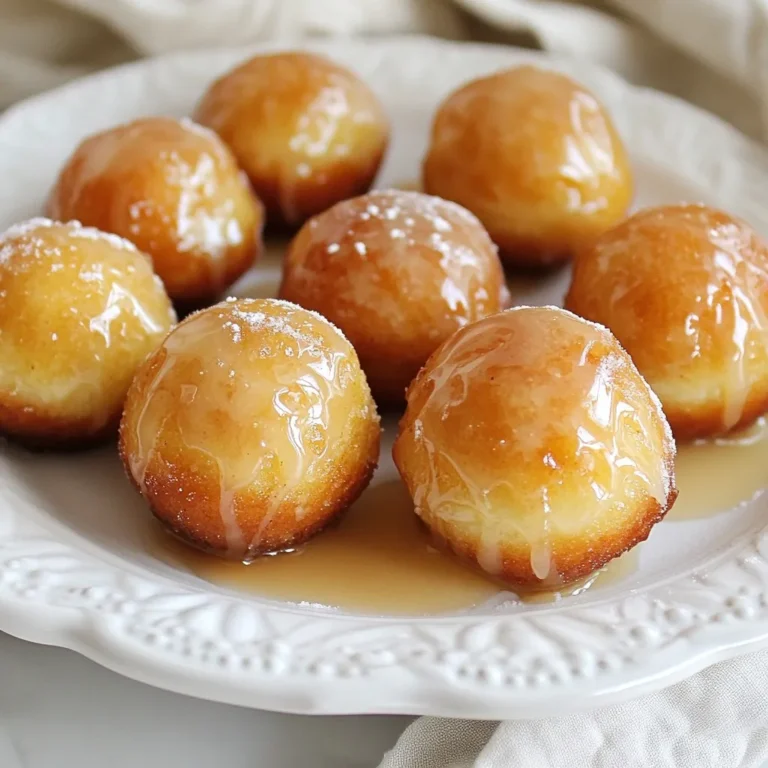 To make these tasty donut holes, you need a few basic ingredients: - 2 cups all-purpose flour - 1/3 cup granulated sugar - 2 teaspoons baking powder - 1/2 teaspoon baking soda - 1/2 teaspoon salt - 1/2 teaspoon ground cinnamon - 1/4 teaspoon nutmeg - 1/2 cup buttermilk - 1 large egg - 1/4 cup unsalted butter, melted - 1 teaspoon vanilla extract These ingredients create a soft, fluffy donut hole that melts in your mouth. The flour gives structure, while the sugar adds sweetness. The glaze is what makes these donut holes shine. You will need: - 1 cup powdered sugar - 2 tablespoons maple syrup - 1-3 tablespoons milk (to adjust for consistency) The maple syrup adds a rich flavor that pairs perfectly with the donut holes. You can tweak the milk to make the glaze thicker or thinner. For a fun twist, consider these add-ins: - Chopped nuts for crunch - Mini chocolate chips for sweetness - Sprinkles for color These options can make your donut holes unique and exciting. You can mix them into the batter or sprinkle them on top of the glaze. {{ingredient_image_1}} Start by preheating your oven to 350°F (175°C). Grease a mini muffin pan or a donut hole pan. In a large bowl, mix together the dry ingredients: 2 cups of flour, 1/3 cup of sugar, 2 teaspoons of baking powder, 1/2 teaspoon of baking soda, 1/2 teaspoon of salt, 1/2 teaspoon of ground cinnamon, and 1/4 teaspoon of nutmeg. Whisk them well until they blend smoothly. In another bowl, whisk together 1/2 cup of buttermilk, 1 large egg, 1/4 cup of melted butter, and 1 teaspoon of vanilla extract. Pour this wet mix into the dry ingredients. Stir gently until just combined. Your batter should be thick but fluffy. Now, fill each cavity of your pan about two-thirds full with the batter. This helps them rise nicely. Place the pan in the oven and bake for 10 to 12 minutes. Check for doneness by inserting a toothpick into the center. If it comes out clean, they are done! Let them cool for a few minutes before removing them from the pan. While the donut holes cool, it's time to make the glaze. In a small bowl, combine 1 cup of powdered sugar, 2 tablespoons of maple syrup, and 1 to 3 tablespoons of milk. Mix until smooth. Adjust the milk for a pourable consistency. Once the donut holes are cool, dip each one into the glaze, letting the excess drip off. Place them on a wire rack and let the glaze set for a few minutes. Enjoy your sweet treat! To get the best dough, mix the dry and wet ingredients well. Combine flour, sugar, baking powder, baking soda, salt, cinnamon, and nutmeg in one bowl. In another bowl, mix buttermilk, egg, melted butter, and vanilla. When you pour the wet mix into the dry mix, stir gently. Do not overmix. The dough should be thick but fluffy. If it feels too runny, add a bit more flour. Baking time matters. Keep an eye on your donut holes while they bake. They usually take about 10 to 12 minutes. Look for a golden brown color on top. You can also poke a toothpick in the center. If it comes out clean, your donut holes are ready. Overbaking can make them dry, so check early! Let your donut holes cool for a few minutes after baking. This helps the glaze stick better. If they are too hot, the glaze will melt away. Place them on a wire rack to cool evenly. Once they reach room temperature, dip them in the maple glaze. Allow excess glaze to drip off before serving. This step keeps your treat neat and delicious! Pro Tips Use Fresh Spices: Ensure your ground cinnamon and nutmeg are fresh for the best flavor. Old spices can lose their potency, resulting in a lackluster taste. Don’t Overmix: When combining wet and dry ingredients, mix just until combined. Overmixing can lead to dense donut holes instead of light and fluffy ones. Adjust Glaze Consistency: Start with 1 tablespoon of milk for the glaze and add more as needed. Aim for a smooth, pourable consistency that coats the donut holes nicely. Cool Before Glazing: Allow the donut holes to cool slightly before dipping in the glaze. This prevents the glaze from melting off and helps it adhere better. {{image_2}} You can mix it up by adding flavors to your donut holes. Try using almond extract instead of vanilla for a nutty taste. You can also fold in mini chocolate chips or crushed nuts into the batter for extra texture and flavor. For a fruity twist, add some mashed bananas or applesauce. These options give your donut holes a fun twist. Maple glaze is delicious, but you can explore other options. A chocolate glaze made from melted chocolate chips is a great choice. You can also make a lemon glaze using powdered sugar and fresh lemon juice. For a richer flavor, consider a cream cheese glaze. Just mix cream cheese with powdered sugar and a little milk until smooth. This adds a nice tang to your treats. Serving your donut holes with coffee is always a good idea. The rich flavors of coffee pair well with the sweetness of the donuts. You can also serve them with tea or hot chocolate for a cozy treat. For a fun touch, try serving them with whipped cream or a scoop of vanilla ice cream. This makes for a great dessert or snack option. To keep your maple glazed donut holes fresh, place them in an airtight container. This way, they stay soft and tasty. You can store them at room temperature for up to two days. If you want to keep them longer, move them to the fridge. Just remember, they may get a bit firmer in the fridge. When you want to enjoy your leftover donut holes, reheating makes them great again. Preheat your oven to 350°F (175°C). Place the donut holes on a baking tray. Heat them for about 5-7 minutes. This warms them up and makes them soft. You can also use the microwave for quick reheating. Heat for about 10-15 seconds. Be careful not to overheat, or they may get tough. Freezing donut holes is a smart way to save them for later. First, let the donut holes cool completely. Then, place them in a single layer on a baking sheet. Freeze for about an hour until firm. After that, transfer them to a freezer bag or container. They will last for up to three months. When you're ready to enjoy them, thaw in the fridge overnight or reheat directly from frozen. You can use plain yogurt or milk with vinegar as a buttermilk substitute. Mix one cup of milk with one tablespoon of vinegar and let it sit for five minutes. This will mimic the tangy taste and acidity of buttermilk. You can also use sour cream mixed with a little water to thin it down. Both options work well in our donut holes. Yes, you can make these donut holes gluten-free. Use a gluten-free all-purpose flour blend. Make sure it contains xanthan gum for better structure. Measure it the same way you would regular flour. This will keep your donut holes light and fluffy without gluten. Maple glazed donut holes last for about three days at room temperature. Store them in an airtight container to keep them fresh. If you want them to last longer, you can freeze them. Just make sure to wrap each donut hole tightly in plastic wrap before placing them in a freezer bag. They will stay good for up to three months. In this post, we explored the joy of making maple glazed donut holes. We covered the main ingredients you need, the step-by-step process, and helpful tips for perfecting your bake. I shared tasty variations and how to store your treats. Remember, these donut holes are quick to make and fun to eat. Try different toppings or flavors to make them your own. Enjoy your baking adventure!
