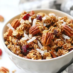 To make your Maple Pecan Granola Clusters, gather these simple ingredients: - 2 cups rolled oats - 1 cup pecans, roughly chopped - 1/2 cup unsweetened shredded coconut - 1/4 cup sunflower seeds - 1/4 cup maple syrup - 1/4 cup almond butter (or peanut butter) - 1 teaspoon vanilla extract - 1/2 teaspoon cinnamon - 1/4 teaspoon salt - 1/2 cup dried cranberries (or your favorite dried fruit) Using these ingredients, you will create a tasty and healthy snack. Each item plays a key role in flavor and texture. Rolled oats give the clusters a hearty base. Pecan nuts add a nice crunch and rich taste. Coconut brings a sweet flavor and chewy texture. Sunflower seeds add a bit of nutty goodness. Maple syrup and almond butter bind everything together. They also add sweetness and depth. Vanilla extract enhances the overall flavor. Cinnamon and salt balance the sweetness perfectly. Finally, dried cranberries or your favorite fruit add a pop of color and extra taste. You can mix and match these ingredients based on what you love. This flexibility makes the recipe fun and personal. Enjoy making your Maple Pecan Granola Clusters! {{ingredient_image_1}} 1. Preheat the oven and prepare the baking sheet Set your oven to 325°F (163°C). Line a baking sheet with parchment paper. This helps with easy cleanup. 2. Combine dry ingredients in a mixing bowl In a large bowl, mix 2 cups of rolled oats, 1 cup of chopped pecans, 1/2 cup of shredded coconut, and 1/4 cup of sunflower seeds. Stir well to blend the ingredients. 3. Mix wet ingredients in a separate bowl In another bowl, whisk together 1/4 cup of maple syrup, 1/4 cup of almond butter, 1 teaspoon of vanilla extract, 1/2 teaspoon of cinnamon, and 1/4 teaspoon of salt. Mix until it’s smooth and combined. 4. Combine wet and dry ingredients Pour the wet mixture over the dry ingredients. Stir until every piece is coated. It should feel sticky and well mixed. 1. Spread the mixture on the baking sheet Transfer the mixture to your prepared baking sheet. Spread it out evenly. Press it down firmly to form clusters. 2. Bake and stir for even cooking Place the baking sheet in the oven. Bake for 20-25 minutes. Stir the mixture halfway through to ensure even cooking. Look for a golden brown color. 3. Cooling and breaking into clusters Once baked, take it out and let it cool on the sheet. It will harden more as it cools. When cool, break it into clusters. You can add in 1/2 cup of dried cranberries at this stage for a sweet touch. To make great clusters, pressing the mixture is key. After spreading it on the baking sheet, use your hands to press it down firmly. This helps the granola stick together. If you skip this step, you may end up with loose granola instead of nice clusters. Baking time can change based on your oven type. If you have a convection oven, check your granola a bit earlier. They tend to bake faster. Always stir halfway through to ensure even cooking. Watch for a golden color. This is your cue that it’s almost ready. You can easily boost flavor by adding spices or other nuts. Try a pinch of nutmeg or a dash of ginger for warmth. You can also mix in walnuts or almonds for different textures. This will make your clusters even more exciting. If you want to change the sweetener, maple syrup is great, but honey or agave nectar works too. Each sweetener gives a unique flavor. Choose what you like best to make this recipe your own. Pro Tips Use Fresh Ingredients: Opt for fresh nuts and dried fruits to enhance the flavor and texture of your granola clusters. Customize Your Sweetness: Adjust the amount of maple syrup based on your taste preference, or substitute with honey or agave syrup for different flavors. Experiment with Flavors: Add a pinch of nutmeg or ginger for an extra layer of flavor, or try different nut butters for a unique twist. Store Properly: Keep your granola clusters in an airtight container to maintain freshness and crunchiness for longer. {{image_2}} You can switch pecans for other nuts, like walnuts or almonds. Walnuts add a rich flavor and a bit of crunch. They also bring healthy fats and protein. Almonds offer a sweet touch and nice texture. You can chop them or use slivered almonds for a different look. Feel free to mix and match your favorite nuts. This keeps your snack fun and interesting. You can easily boost flavor with tasty add-ins. Chocolate chips bring sweetness and a hint of richness. If you love fruity flavors, try adding dried fruits like apricots or blueberries. They can add a chewy texture and fruity notes. You can also mix in seeds like pumpkin or chia for added crunch and nutrition. Experiment with these add-ins to create a unique twist on your maple pecan granola clusters. To keep your maple pecan granola clusters fresh, store them in an airtight container. This will prevent air from getting in and making them stale. You can use glass jars or plastic containers with tight lids. It’s best to wait until the clusters cool completely before you store them. This avoids moisture buildup, which can lead to sogginess. Your granola clusters can stay fresh for up to two weeks. To maintain that fresh taste, avoid opening the container too often. Each time you open it, air enters, which can affect the texture. If you want to extend the shelf life, consider freezing the clusters. They can last for up to three months in the freezer. Just make sure to use freezer-safe bags or containers. When you’re ready to enjoy them, let them thaw at room temperature. To make chewy clusters, use more almond butter or add an extra drizzle of maple syrup. This keeps the mixture moist. If you want crunchy clusters, add more oats or bake a bit longer. Just watch closely to avoid burning. Stir halfway through to bake evenly. Yes, you can use peanut butter or even sunflower seed butter. Each will add a different flavor. If you want a nut-free option, sunflower seed butter works well. Just ensure it's smooth to mix properly. You can enjoy these clusters with yogurt, milk, or plant-based alternatives. They also make a great topping for smoothie bowls. For a quick snack, eat them on their own. You could even add fresh fruit for a tasty twist. Your granola is done when it turns golden brown. Keep an eye on it during the last few minutes. It should smell nutty and sweet. If it feels soft, let it cool. It will harden as it cools. You now have a clear path to making delicious granola clusters. We covered the key ingredients, showed you step-by-step instructions, and shared tips for better flavor and texture. Don't hesitate to try different nuts or add-ins to make it your own. Store your clusters in an airtight container for lasting freshness. Enjoy creating tasty snacks that are both healthy and fun. With practice, you’ll master this simple recipe and all its variations. Get started now and delight in your homemade treats!
