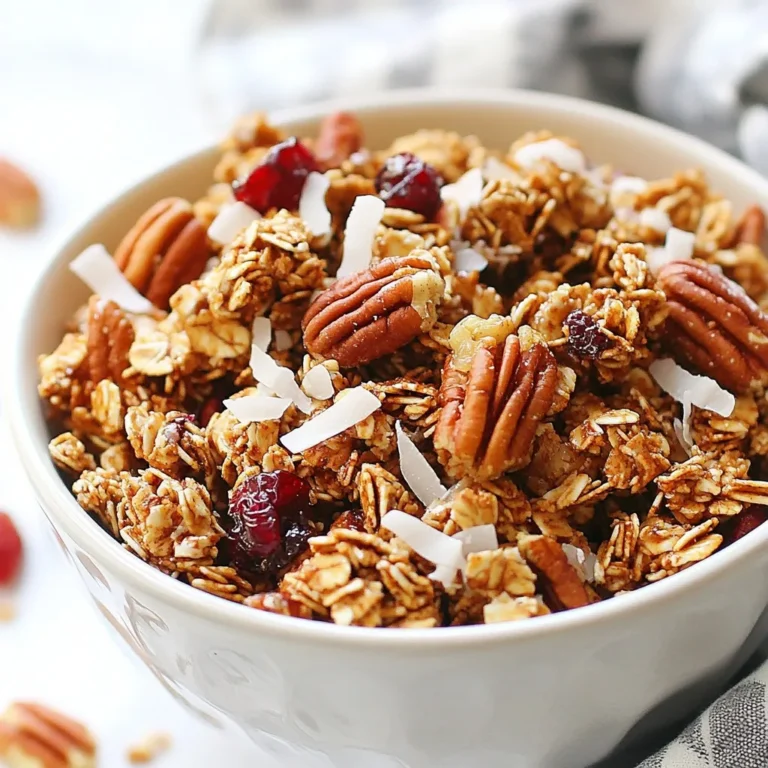 To make your Maple Pecan Granola Clusters, gather these simple ingredients: - 2 cups rolled oats - 1 cup pecans, roughly chopped - 1/2 cup unsweetened shredded coconut - 1/4 cup sunflower seeds - 1/4 cup maple syrup - 1/4 cup almond butter (or peanut butter) - 1 teaspoon vanilla extract - 1/2 teaspoon cinnamon - 1/4 teaspoon salt - 1/2 cup dried cranberries (or your favorite dried fruit) Using these ingredients, you will create a tasty and healthy snack. Each item plays a key role in flavor and texture. Rolled oats give the clusters a hearty base. Pecan nuts add a nice crunch and rich taste. Coconut brings a sweet flavor and chewy texture. Sunflower seeds add a bit of nutty goodness. Maple syrup and almond butter bind everything together. They also add sweetness and depth. Vanilla extract enhances the overall flavor. Cinnamon and salt balance the sweetness perfectly. Finally, dried cranberries or your favorite fruit add a pop of color and extra taste. You can mix and match these ingredients based on what you love. This flexibility makes the recipe fun and personal. Enjoy making your Maple Pecan Granola Clusters! {{ingredient_image_1}} 1. Preheat the oven and prepare the baking sheet Set your oven to 325°F (163°C). Line a baking sheet with parchment paper. This helps with easy cleanup. 2. Combine dry ingredients in a mixing bowl In a large bowl, mix 2 cups of rolled oats, 1 cup of chopped pecans, 1/2 cup of shredded coconut, and 1/4 cup of sunflower seeds. Stir well to blend the ingredients. 3. Mix wet ingredients in a separate bowl In another bowl, whisk together 1/4 cup of maple syrup, 1/4 cup of almond butter, 1 teaspoon of vanilla extract, 1/2 teaspoon of cinnamon, and 1/4 teaspoon of salt. Mix until it’s smooth and combined. 4. Combine wet and dry ingredients Pour the wet mixture over the dry ingredients. Stir until every piece is coated. It should feel sticky and well mixed. 1. Spread the mixture on the baking sheet Transfer the mixture to your prepared baking sheet. Spread it out evenly. Press it down firmly to form clusters. 2. Bake and stir for even cooking Place the baking sheet in the oven. Bake for 20-25 minutes. Stir the mixture halfway through to ensure even cooking. Look for a golden brown color. 3. Cooling and breaking into clusters Once baked, take it out and let it cool on the sheet. It will harden more as it cools. When cool, break it into clusters. You can add in 1/2 cup of dried cranberries at this stage for a sweet touch. To make great clusters, pressing the mixture is key. After spreading it on the baking sheet, use your hands to press it down firmly. This helps the granola stick together. If you skip this step, you may end up with loose granola instead of nice clusters. Baking time can change based on your oven type. If you have a convection oven, check your granola a bit earlier. They tend to bake faster. Always stir halfway through to ensure even cooking. Watch for a golden color. This is your cue that it’s almost ready. You can easily boost flavor by adding spices or other nuts. Try a pinch of nutmeg or a dash of ginger for warmth. You can also mix in walnuts or almonds for different textures. This will make your clusters even more exciting. If you want to change the sweetener, maple syrup is great, but honey or agave nectar works too. Each sweetener gives a unique flavor. Choose what you like best to make this recipe your own. Pro Tips Use Fresh Ingredients: Opt for fresh nuts and dried fruits to enhance the flavor and texture of your granola clusters. Customize Your Sweetness: Adjust the amount of maple syrup based on your taste preference, or substitute with honey or agave syrup for different flavors. Experiment with Flavors: Add a pinch of nutmeg or ginger for an extra layer of flavor, or try different nut butters for a unique twist. Store Properly: Keep your granola clusters in an airtight container to maintain freshness and crunchiness for longer. {{image_2}} You can switch pecans for other nuts, like walnuts or almonds. Walnuts add a rich flavor and a bit of crunch. They also bring healthy fats and protein. Almonds offer a sweet touch and nice texture. You can chop them or use slivered almonds for a different look. Feel free to mix and match your favorite nuts. This keeps your snack fun and interesting. You can easily boost flavor with tasty add-ins. Chocolate chips bring sweetness and a hint of richness. If you love fruity flavors, try adding dried fruits like apricots or blueberries. They can add a chewy texture and fruity notes. You can also mix in seeds like pumpkin or chia for added crunch and nutrition. Experiment with these add-ins to create a unique twist on your maple pecan granola clusters. To keep your maple pecan granola clusters fresh, store them in an airtight container. This will prevent air from getting in and making them stale. You can use glass jars or plastic containers with tight lids. It’s best to wait until the clusters cool completely before you store them. This avoids moisture buildup, which can lead to sogginess. Your granola clusters can stay fresh for up to two weeks. To maintain that fresh taste, avoid opening the container too often. Each time you open it, air enters, which can affect the texture. If you want to extend the shelf life, consider freezing the clusters. They can last for up to three months in the freezer. Just make sure to use freezer-safe bags or containers. When you’re ready to enjoy them, let them thaw at room temperature. To make chewy clusters, use more almond butter or add an extra drizzle of maple syrup. This keeps the mixture moist. If you want crunchy clusters, add more oats or bake a bit longer. Just watch closely to avoid burning. Stir halfway through to bake evenly. Yes, you can use peanut butter or even sunflower seed butter. Each will add a different flavor. If you want a nut-free option, sunflower seed butter works well. Just ensure it's smooth to mix properly. You can enjoy these clusters with yogurt, milk, or plant-based alternatives. They also make a great topping for smoothie bowls. For a quick snack, eat them on their own. You could even add fresh fruit for a tasty twist. Your granola is done when it turns golden brown. Keep an eye on it during the last few minutes. It should smell nutty and sweet. If it feels soft, let it cool. It will harden as it cools. You now have a clear path to making delicious granola clusters. We covered the key ingredients, showed you step-by-step instructions, and shared tips for better flavor and texture. Don't hesitate to try different nuts or add-ins to make it your own. Store your clusters in an airtight container for lasting freshness. Enjoy creating tasty snacks that are both healthy and fun. With practice, you’ll master this simple recipe and all its variations. Get started now and delight in your homemade treats!