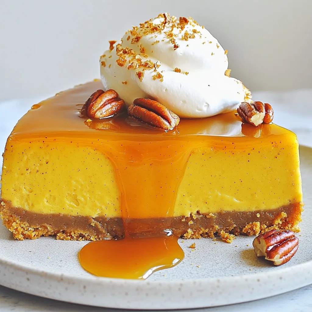 - 1 ½ cups graham cracker crumbs - ⅓ cup unsalted butter, melted - 2 tablespoons brown sugar - 2 (8 oz) packages cream cheese, softened - 1 cup canned pumpkin puree - 1 cup granulated sugar - 3 large eggs - 1 teaspoon vanilla extract - 1 teaspoon ground cinnamon - ½ teaspoon ground nutmeg - ½ teaspoon ground ginger - ½ cup caramel sauce (store-bought or homemade) - Whipped cream for topping (optional) - Chopped pecans for garnish (optional) The graham cracker crumbs create a sweet and crunchy base. Use fresh crumbs for the best flavor. Unsalted butter adds richness without extra salt. Cream cheese makes the filling smooth and creamy. Canned pumpkin puree gives a rich flavor and color. Granulated sugar adds sweetness. Eggs bind the filling and help it set. Vanilla extract brings warmth. Cinnamon, nutmeg, and ginger add that cozy fall taste. Caramel sauce adds a sweet finish. Whipped cream and pecans are great for topping. You can use almond or oat flour instead of graham crackers for a gluten-free crust. Coconut oil works well if you need a dairy-free option for the butter. If you don’t like cream cheese, try mascarpone for a different taste. Maple syrup can replace granulated sugar for a unique flavor. You can skip the spices if you prefer a simpler taste. {{ingredient_image_1}} To start, preheat your oven to 325°F (160°C). Grease a 9-inch springform pan with some butter or non-stick spray. In a medium bowl, mix 1 ½ cups of graham cracker crumbs, ⅓ cup melted butter, and 2 tablespoons brown sugar. Stir until the crumbs feel wet and sticky. This will be the base of your cheesecake. Now, press the mixture firmly into the bottom of the pan. Make it even. Bake this crust for 10 minutes. Once done, take it out and let it cool a bit. The crust should feel firm to the touch. In a large bowl, beat 2 packages of softened cream cheese with an electric mixer. You want it creamy and smooth. Next, add 1 cup of canned pumpkin puree and 1 cup of granulated sugar. Mix well. Now, add in 3 large eggs, one by one. Then, toss in 1 teaspoon of vanilla extract, 1 teaspoon ground cinnamon, ½ teaspoon ground nutmeg, and ½ teaspoon ground ginger. Mix until everything is well blended and smooth. This filling should have a nice, rich color. Pour the cheesecake filling over your cooled crust. Place it in the oven and bake for 55-60 minutes. The center should be set but still jiggly. After baking, turn off the oven. Leave the cheesecake inside for one more hour. This helps it cool slowly. After an hour, remove the cheesecake from the oven. Let it cool to room temperature. Once cooled, put it in the fridge for at least 4 hours or overnight. This helps the flavors mix well. When you are ready to serve, drizzle some caramel sauce on top. Optional toppings include whipped cream and chopped pecans. Enjoy your delicious fall delight! To get a creamy cheesecake, avoid overmixing. Beat the cream cheese until smooth but stop once you add the other ingredients. Mixing too much can add air and cause cracks. Bake it until the center is slightly jiggly. This keeps the texture rich and creamy. Let the cheesecake cool in the oven to set properly. Chill it in the fridge for at least four hours before serving. One common mistake is not using room temperature cream cheese. Cold cream cheese does not blend well. This can lead to lumps in your filling. Another mistake is opening the oven door while baking. This can cause the temperature to drop and affect the cheesecake's rise. Lastly, don’t skip the chilling step. It’s key for a rich flavor and smooth texture. For a lovely presentation, slice the cheesecake and place it on dessert plates. Drizzle caramel sauce around each slice for an elegant touch. Add a dollop of whipped cream on top for extra creaminess. Sprinkle chopped pecans on the whipped cream for crunch. These simple steps make your cheesecake look as good as it tastes. Enjoy sharing this delicious fall delight! Pro Tips Chill Time is Key: Ensure to refrigerate the cheesecake for at least 4 hours or overnight for the best texture and flavor development. Perfectly Set Center: When baking, the cheesecake should be slightly jiggly in the center when you take it out; it will continue to set as it cools. Crust Consistency: Make sure to press the graham cracker crust firmly into the pan to prevent it from crumbling when slicing. Flavor Variations: Experiment with spices like allspice or cloves for a unique twist on the traditional pumpkin spice flavor. {{image_2}} You can make your caramel pumpkin cheesecake even more exciting! Here are some ideas: - Chocolate Swirl: Add melted chocolate to the batter. Swirl it in for a rich taste. - Spices: Try adding cloves or allspice for a warm flavor. It’s great for fall! - Nutty Twist: Mix in chopped walnuts or pecans into the filling. They add a nice crunch. These small changes can make your cheesecake unique and fun! If you need a gluten-free version, swap out the graham crackers. Use gluten-free cookie crumbs instead. You can find them in most stores. Just make sure they’re tasty! The rest of the recipe stays the same. This way, everyone can enjoy your dessert! Want to make more cheesecake? It’s easy! Just double the ingredients. Use a larger springform pan, like a 10-inch. Baking time may change. Check for doneness after 60 minutes. A larger cheesecake may need an extra 10 minutes. Remember, the center should be set but slightly jiggly. This way, you can share this fall delight with more friends! To keep your caramel pumpkin cheesecake fresh, store it in the fridge. Place it in an airtight container or cover it tightly with plastic wrap. This helps keep moisture in and prevents it from absorbing other smells in the fridge. If you made the cheesecake with whipped cream on top, I suggest adding that right before serving. If you want to save some for later, you can freeze it. First, let the cheesecake cool completely. Then, slice it into pieces. Wrap each slice in plastic wrap, then place them in a freezer-safe bag. Make sure to remove as much air as possible. This way, it stays fresh for up to three months. When you're ready to eat it, thaw it in the fridge overnight. In the fridge, your caramel pumpkin cheesecake lasts about five to seven days. Make sure to check for any signs of spoilage before eating. If you notice anything off, it’s best to toss it out. Keeping an eye on freshness will ensure each bite is as tasty as the first! Yes, you can use fresh pumpkin. To do this, cook your pumpkin first. Cut it into pieces and bake it until soft. Then, mash the pumpkin until smooth. This will give your cheesecake a fresh taste. Just make sure to measure out one cup of mashed pumpkin for the recipe. To prevent cracks, keep a few tips in mind. First, mix your batter gently. Overmixing can add air and cause cracks. Second, bake at a low temperature. This helps the cheesecake cook evenly. Lastly, let it cool slowly. Leave it in the oven after baking for an hour. This will help the cheesecake set without sudden temperature changes. You can serve this cheesecake with several tasty options. Whipped cream adds a light, fluffy touch. Chopped pecans give a nice crunch. Drizzle extra caramel sauce on top for more sweetness. You can also serve it with a scoop of vanilla ice cream. These sides enhance the flavors and make the dessert even more special. This post covered how to make a tasty Caramel Pumpkin Cheesecake. We talked about key ingredients, tips for the perfect texture, and ways to avoid common mistakes. I shared serving ideas that make your dessert shine. You can explore variations for gluten-free options or scale your recipe for bigger gatherings. Remember to store the cheesecake properly to keep it fresh. With these tips, you can create a delicious treat that everyone will love. Enjoy your baking!