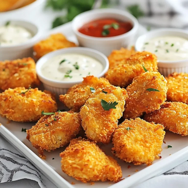 - Chicken Breast: Use 1 pound of chicken breast cut into bite-sized pieces. Fresh chicken gives the best flavor and texture. - Marinating Ingredients: You need 1 cup of dill pickle juice. This adds a tangy flavor and helps tenderize the chicken. Plus, 1 cup of buttermilk is needed for soaking. This makes the chicken juicy and adds a rich taste. - Coating Ingredients: For the coating, gather 1 cup of all-purpose flour and 1/2 cup of cornstarch. The flour gives crunch, while cornstarch helps create a light, crispy texture. You will also need 1 tablespoon of powdered sugar, which adds a hint of sweetness. - Seasonings and Their Roles: Add 1 teaspoon each of garlic powder, onion powder, paprika, black pepper, and salt. These seasonings add depth and enhance the chicken's flavor. Garlic and onion powder give savory notes, while paprika adds color and warmth. - Importance of Buttermilk: Buttermilk is key for marinating. It breaks down protein, making the chicken tender and moist. It also helps the coating stick better during frying. - Optional Dipping Sauces: You can serve these nuggets with various dipping sauces. Some popular choices include honey mustard, barbecue sauce, and ranch dressing. Each brings a different flavor that pairs well with the crispy nuggets. {{ingredient_image_1}} To make great nuggets, start with the chicken. Use about 1 pound of chicken breast. Cut it into bite-sized pieces. Marinate these pieces in 1 cup of dill pickle juice. This juice adds a tasty zing. Let the chicken soak for at least 30 minutes. This step is key for flavor. After marinating, drain the pickle juice. Then, move the chicken to a new bowl. Pour in 1 cup of buttermilk. Let it soak for another 30 minutes. Buttermilk helps keep the chicken moist. It also adds a creamy taste. Now, we move on to the coating. In a separate bowl, mix the dry ingredients. Combine 1 cup of all-purpose flour, 1/2 cup of cornstarch, and 1 tablespoon of powdered sugar. Add 1 teaspoon each of garlic powder, onion powder, paprika, black pepper, and salt. Whisk these together until well blended. For the best texture, make sure the chicken is dry before dredging. Remove excess buttermilk from the chicken. Each piece should be well coated in the flour mix. This gives you that perfect crunch. Now it's time to fry. Heat oil in a deep pan or fryer to 350°F (175°C). You need enough oil to cover the nuggets. This ensures even cooking. Carefully place the chicken pieces in the hot oil. Don’t overcrowd the pan. Fry in batches for about 4-5 minutes. Look for a golden brown color. Adjust the heat as needed to keep the oil hot. Once cooked, transfer the nuggets to a plate lined with paper towels. This helps drain off excess oil. Repeat this process until all chicken pieces are fried. Enjoy these tasty nuggets warm with your favorite dipping sauces. To get the best nuggets, you need to control the temperature. Keeping oil at 350°F (175°C) will help them fry evenly. If the oil is too hot, the outside will burn. If it's too cool, the nuggets will soak up oil and turn greasy. For extra crunch, use a double coating method. After dredging the chicken in the flour mix, dip it back in the buttermilk, then coat it again in the flour mixture. This adds layers that create a crispy crust. If you have leftover nuggets, refrigerate them right away. Store them in an airtight container. They will stay fresh for up to three days. Make sure to let them cool before sealing. To reheat, use an oven or air fryer. Preheat the oven to 350°F (175°C) and bake for about 10-15 minutes. This method keeps them crispy. Avoid using the microwave, as it can make the nuggets soggy. Pro Tips Marination Matters: Allowing the chicken to marinate in dill pickle juice not only adds flavor but also tenderizes the meat, making your nuggets juicy and delicious. Coating Consistency: Ensure that your chicken pieces are completely coated in the flour mixture for a crispy texture. Shake off any excess before frying. Oil Temperature: Maintain the oil temperature at 350°F (175°C) for optimal frying. If the oil is too cool, the nuggets will absorb excess oil and become greasy. Batch Frying: Fry the nuggets in small batches to avoid overcrowding the pan, which can lower the oil temperature and result in uneven cooking. {{image_2}} To make spicy nuggets, you can add heat to the seasoning mix. This change gives the nuggets a bold kick. Start by mixing in chili powder or cayenne pepper. A teaspoon of either spice will work well. If you want more heat, you can add more to your taste. You can also use hot sauce in the buttermilk. Just a few dashes will spice things up without overwhelming the flavor. For those needing a gluten-free option, you can easily adapt this recipe. Use gluten-free flour instead of all-purpose flour. Almond flour or rice flour are great choices. They give a nice texture and flavor. It’s also important to avoid cross-contamination. Make sure to use clean utensils and bowls. Check labels on all ingredients to ensure they are gluten-free. This way, everyone can enjoy these tasty nuggets! You can store your homemade nuggets in the fridge. They will stay fresh for up to 3 days. To keep them tasty, use an airtight container. This will help keep out moisture and air. If you don’t have one, wrap them tightly in plastic wrap. This also works well. If you want to save your nuggets for later, freezing is a great option. First, let the nuggets cool completely. Place them in a single layer on a baking sheet. Freeze them for about an hour. This way, they won’t stick together. After that, transfer them to a freezer bag. Remove as much air as you can before sealing. They can last up to 3 months in the freezer. To reheat, pull out the nuggets and let them thaw in the fridge overnight. If you’re in a hurry, you can thaw them in the microwave. Once thawed, heat them in the oven at 350°F (175°C) for about 10-15 minutes. This keeps them crispy and warm. Enjoy your tasty nuggets as if they were just made! Yes, you can use frozen chicken for this recipe. Just be sure to thaw it first. I recommend placing the frozen chicken in the fridge overnight. This gives it time to thaw safely. If you’re in a hurry, you can use cold water. Place the chicken in a sealed bag and submerge it in cold water for about an hour. After thawing, be sure to pat the chicken dry before marinating. This helps the marinade stick better. These nuggets are great with many dipping sauces. Here are some popular options: - Honey mustard - Barbecue sauce - Ranch dressing - Sweet and sour sauce You can also make simple homemade sauces. For honey mustard, mix equal parts honey and mustard. For a spicy kick, mix ketchup with a bit of hot sauce. These sauces add extra flavor to your nuggets. To keep your nuggets crispy, focus on the coating and frying steps. Here are some tips: - Make sure your oil is hot, around 350°F (175°C), before adding the nuggets. - Fry in small batches. This helps the oil stay hot and crisp up the nuggets better. - Allow the excess buttermilk to drip off before dredging in the flour mixture. - After frying, place the nuggets on a paper towel-lined plate. This drains excess oil and keeps them crispy. With these tips, your nuggets will have that perfect crunch. You’ve learned how to make Copycat Chick-fil-A Nuggets from scratch. We covered ingredients, marinating, coating, and frying. Remember the importance of buttermilk and seasonings for flavor. I provided tips on frying and storing leftovers too. Try the spicy version or a gluten-free option to mix things up. Enjoy your cooking and share your results! With practice, your nuggets can rival the originals. Happy cooking!