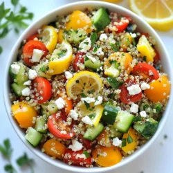- 1 cup quinoa, rinsed - 2 cups vegetable broth or water - 1 cup cherry tomatoes, halved - 1 cucumber, diced - 1 bell pepper (any color), diced - 1/4 red onion, finely chopped - 1/2 cup fresh parsley, chopped - 1/2 cup fresh mint, chopped - Juice of 1 large lemon - 3 tablespoons olive oil - Salt and pepper to taste Quinoa acts as the base of this salad. It is a great source of protein and fiber. Rinsing the quinoa helps remove its natural coating, called saponin, which can taste bitter. Using vegetable broth instead of water adds more flavor to the quinoa. Fresh vegetables make this salad colorful and crunchy. Cherry tomatoes add sweetness, while cucumbers offer a cool crunch. The bell pepper adds a crisp bite, and red onion brings a hint of sharpness. Herbs are essential for flavor. Fresh parsley and mint give the salad a bright, fresh taste. These herbs also add a pop of green, making the dish visually appealing. The dressing is simple yet effective. Lemon juice adds acidity, balancing the flavors. Olive oil brings richness and smoothness. Salt and pepper enhance all the tastes, making each bite delightful. - Feta cheese - Additional herbs or spices Feta cheese can elevate this salad. Its salty flavor pairs well with the fresh ingredients. You can sprinkle it on top before serving for added taste. Feel free to experiment with other herbs or spices. Consider adding dill or basil for a different twist. A pinch of red pepper flakes can also add some heat. This flexibility lets you customize the salad to your liking. {{ingredient_image_1}} Start by rinsing 1 cup of quinoa in cold water. This step removes any bitter taste. Next, combine the rinsed quinoa with 2 cups of vegetable broth or water in a medium saucepan. Place the pan over medium-high heat. Bring the mixture to a boil. Once it boils, reduce the heat to low. Cover the pan and let it simmer for about 15 minutes. You want the quinoa to absorb all the liquid and become fluffy. After 15 minutes, take the pan off the heat. Let it sit, covered, for an extra 5 minutes. This helps the quinoa finish cooking. Fluff it with a fork and let it cool. While the quinoa cools, wash and chop your vegetables and herbs. You will need 1 cup of halved cherry tomatoes, 1 diced cucumber, 1 diced bell pepper, and 1/4 finely chopped red onion. Also, chop 1/2 cup each of fresh parsley and fresh mint. Once the quinoa is cool, add it to a large mixing bowl with the chopped vegetables and herbs. This mix adds color and flavor to your salad. Now it's time to add the dressing. Squeeze the juice of 1 large lemon over the salad. Drizzle in 3 tablespoons of olive oil. Season it with salt and pepper to your taste. Gently toss all the ingredients together until they mix well. If you want, sprinkle crumbled feta cheese on top for extra flavor. Serve your Lemon Herb Quinoa Salad in a large bowl. Enjoy the fresh and vibrant flavors! To make great quinoa, start by rinsing it well. Rinsing removes bitter saponins. Use a fine mesh strainer and run cold water over it for about a minute. This ensures a lovely taste. Next, cook the quinoa just right. Combine one cup of rinsed quinoa with two cups of vegetable broth or water in a saucepan. Bring it to a boil on medium-high heat. Once it boils, reduce the heat to low. Cover and simmer for about 15 minutes. The quinoa should absorb all the liquid and fluff up nicely. After cooking, let it rest, covered, for five more minutes. Fluff it with a fork, and set it aside to cool. This step is key for perfect texture. To boost flavor, play with herbs and spices. Fresh parsley and mint add bright notes. You can also toss in basil or cilantro for more depth. Experimenting with different herbs keeps the dish interesting. Adjusting lemon juice is easy too. Start with the juice of one large lemon. Taste the salad after mixing. If you want more zing, add a bit more lemon juice. The right balance brings all flavors together. Pro Tips Cook Quinoa Perfectly: Rinse the quinoa thoroughly before cooking to remove bitterness and ensure a fluffy texture. Customize Your Veggies: Feel free to add other vegetables like bell peppers or carrots to enhance the salad’s color and flavor. Make It Ahead: This salad tastes even better after it sits for a while, making it an excellent option for meal prep. Feta Variations: For a different flavor profile, try using crumbled goat cheese or a dairy-free feta alternative. {{image_2}} You can easily change up your Lemon Herb Quinoa Salad. One way is to add protein. Cooked chicken or chickpeas work well. They make the salad heartier and more filling. You can also add fruits for a sweet twist. Try diced apples or berries for a fun flavor mix. These fruits add freshness and color, making your salad more appealing. This salad is great for different diets. You can make it vegan by leaving out feta cheese. Use plant-based proteins like chickpeas for added nutrition. The salad is gluten-free as it uses quinoa. For lower-calorie options, cut back on the olive oil. Consider using lemon juice or vinegar as a lighter dressing. These adjustments keep your dish healthy without losing flavor. To keep your Lemon Herb Quinoa Salad fresh, store it in the fridge. Use an airtight container. This helps lock in flavor and moisture. You can use glass or plastic containers. Glass is great for easy cleaning and does not hold odors. Make sure to let the salad cool before sealing it. This prevents extra moisture inside the container. The salad stays fresh for about three days in the fridge. Can you freeze quinoa salad? Yes, you can freeze it, but not all elements freeze well. Freezing may change the texture of vegetables like cucumbers and tomatoes. For best results, freeze only the quinoa. To freeze, place the quinoa in a freezer bag. Remove as much air as possible. Seal it tightly and label it with the date. When you're ready to eat, thaw it in the fridge overnight. You can add fresh veggies and dressing after thawing. This way, you maintain the salad's taste and crunch. Lemon Herb Quinoa Salad stays fresh in the fridge for about three to five days. Be sure to keep it in a sealed container. This helps maintain its flavors and crunch. If you notice any change in smell or color, it’s best to toss it out. Yes, you can make this salad in advance. It tastes even better after sitting for a few hours. Just keep it in the fridge until you're ready to serve. If you plan to store it for longer, add the dressing just before serving to keep the veggies crisp. If you can't find quinoa, you can use rice, couscous, or bulgur. Each option offers a different flavor and texture. However, quinoa stands out for its health benefits. It is high in protein and fiber, making it great for filling you up. It also contains all nine essential amino acids, which many grains do not. This makes quinoa a superfood among grains, perfect for a healthy diet. In this post, we explored making a tasty Lemon Herb Quinoa Salad. We covered ingredients, cooking, and tips to perfect the dish. You learned variations for proteins and meals. Remember to store leftovers properly to keep them fresh. Try new flavors and adjust based on your taste. Enjoy creating your own salad masterpiece. You have the tools to make it perfect!
