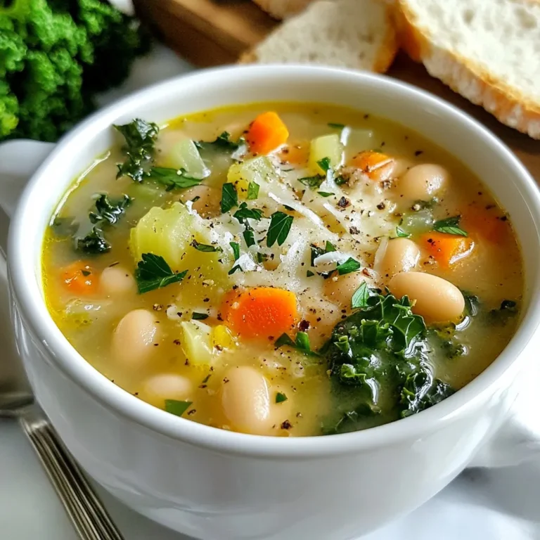 To make Tuscan White Bean Soup, you need the following ingredients: - 2 cups canned white beans (cannellini or navy), drained and rinsed - 1 tablespoon olive oil - 1 medium onion, diced - 2 carrots, diced - 2 celery stalks, diced - 3 garlic cloves, minced - 4 cups vegetable broth - 1 teaspoon dried thyme - 1 teaspoon rosemary, chopped - Salt and pepper to taste - 2 cups fresh kale, chopped - Juice of 1 lemon - Grated parmesan cheese for serving (optional) - Fresh parsley for garnish When measuring your ingredients, use dry measuring cups for solids. For liquids, use a liquid measuring cup. This helps you get accurate amounts. For herbs, chop them finely to release their flavors. Use a standard tablespoon for oils and other liquids. For lemon juice, roll the lemon on the counter before cutting. This makes it easier to extract juice. You can swap canned beans for dried beans. Just soak and cook them first. For olive oil, you can use any cooking oil you have. If you don’t have fresh herbs, try using dried ones. Use half the amount if they are dried. For kale, spinach works well too. If you prefer a richer taste, add bacon or sausage. {{ingredient_image_1}} Start by gathering your fresh veggies. You need one medium onion, two carrots, and two celery stalks. Dice them into small pieces. This helps them cook evenly. Mince three garlic cloves for that strong flavor. Once chopped, set these aside. In a large pot, heat one tablespoon of olive oil over medium heat. Add the diced onion, carrots, and celery. Sauté for about five to seven minutes until they soften. The smell will be amazing! Stir in the minced garlic and cook for one more minute. This will make the kitchen fragrant. Next, pour in four cups of vegetable broth. Toss in the drained white beans, one teaspoon of dried thyme, and one teaspoon of chopped rosemary. Bring the mixture to a boil. Then, reduce the heat and let it simmer for about 15 minutes. Season with salt and pepper to taste. After simmering, stir in two cups of chopped kale. Add the juice of one lemon for a fresh lift. Let everything cook for another five minutes until the kale wilts. The soup is now ready! Serve it hot. You can sprinkle some grated parmesan cheese on top if you like. Fresh parsley makes for a lovely garnish too. Enjoy your hearty and flavorful meal! To make your Tuscan white bean soup shine, focus on the base. Start with fresh vegetables. Use diced onions, carrots, and celery for a sweet, rich taste. Sauté them in olive oil until soft. This step builds a great flavor. Add minced garlic last. It cooks fast and gives a burst of taste. If you prefer a thicker soup, mash some beans against the pot. This adds body and creaminess. For a thinner soup, add more broth. Keep tasting as you adjust. This way, you can find the perfect balance for your liking. Garnishes can elevate your soup. Top with grated parmesan for a salty kick. Fresh parsley brightens the dish and adds a pop of color. A squeeze of lemon juice just before serving gives a fresh zing. These small touches make a big difference in your meal. Pro Tips Use Fresh Herbs: Fresh herbs like thyme and rosemary can elevate the flavor of your soup. If you have them, use fresh instead of dried for a vibrant taste. Adjust Consistency: If you prefer a thicker soup, use an immersion blender to puree some of the beans and vegetables. This will give your soup a creamier texture without needing cream. Store Leftovers Wisely: Store any leftovers in an airtight container in the fridge for up to 3 days. Reheat gently on the stove, adding a splash of water or broth to restore the texture. Garnish for Flavor: Don't skip the garnish! A sprinkle of grated parmesan and fresh parsley adds not just flavor but also a lovely presentation to your soup. {{image_2}} You can boost the soup with proteins for a heartier meal. Try adding diced chicken or turkey. These meats add great flavor and make the soup filling. If you prefer seafood, shrimp works well too. Just cook the protein in the pot before adding the vegetables. It makes everything taste better. To keep this soup vegan or vegetarian, skip the meat and use vegetable broth. You can add lentils for protein. They cook well and blend nicely with the beans. Tofu is another great option. It absorbs flavor and adds texture. Make sure to choose firm tofu. This keeps the soup satisfying and plant-based. You can get creative with add-ins for more taste. For a spicy kick, add red pepper flakes. They give a nice heat that warms you up. Fresh herbs like basil or oregano also add depth. You can stir them in near the end of cooking. A splash of balsamic vinegar adds sweetness and tang. It brightens the overall flavor. Store your Tuscan white bean soup in an airtight container. It can last for about 3 to 4 days in the fridge. Make sure to cool it down before sealing. This helps keep the soup fresh and tasty. If you want to keep your soup longer, freezing is a great option. Pour the cooled soup into freezer-safe bags or containers. Leave some space at the top since liquids expand when frozen. It can stay good for up to 3 months in the freezer. When you’re ready to eat, just thaw it in the fridge overnight. To reheat, you have a few choices. You can use the stovetop or microwave. For the stovetop, pour the soup into a pot and heat it on low. Stir it often to avoid burning. If you use a microwave, place it in a microwave-safe bowl. Heat in short bursts, stirring in between, until it’s hot. Add a splash of broth or water if it’s too thick. Enjoy your warm bowl of soup! Yes, you can use dried beans. Start by soaking them overnight. This softens the beans and cuts cooking time. After soaking, boil the beans for about an hour until soft. Then, drain and rinse before adding them to your soup. This method brings a fresh taste to your meal. To spice up the soup, add red pepper flakes or diced jalapeños. You can also include a dash of hot sauce while cooking. If you like heat, try cayenne pepper. These options will enhance the flavors and give your soup a kick. Serve this soup with crusty bread for dipping. A side salad with fresh greens pairs well, too. You might enjoy some roasted vegetables alongside. These sides balance the meal and add more texture and flavor. This blog post covered everything you need to know about making Tuscan White Bean Soup. We talked about the key ingredients and how to measure them. I shared tips for preparation and cooking, along with useful tricks to enhance flavor. We discussed variations to suit different diets, storage tips, and answered common questions. Cooking can be fun and simple. With these steps, you can create a tasty soup any time. Enjoy experimenting and sharing this dish with friends and family!