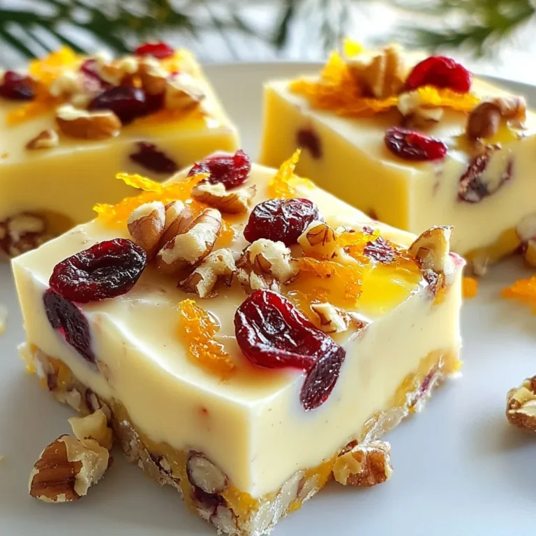 - 2 cups white chocolate chips - 1 can (14 oz) sweetened condensed milk - 1 cup dried cranberries, roughly chopped - Zest of 1 orange - 1 tablespoon fresh orange juice - ½ teaspoon vanilla extract - Pinch of salt - ¼ cup chopped walnuts or pecans for added crunch This recipe brings together simple yet rich flavors. The main ingredients create a sweet base. The white chocolate chips melt down nicely with sweetened condensed milk. This blend gives the fudge its creamy texture. The dried cranberries add a chewy bite. For flavor, we use orange zest and juice. These ingredients brighten the fudge and add a citrus note. The vanilla extract rounds out the taste. A pinch of salt balances the sweetness. If you want some extra crunch, chopped nuts work great. Walnuts or pecans add a nice texture. They also provide a nutty flavor that pairs well with the fudge. Overall, these ingredients make a delightful treat. You can enjoy it at home or share it with friends. {{ingredient_image_1}} - Line an 8x8 inch baking dish with parchment paper. The paper helps with easy removal later. Make sure to leave some overhang. - Combine 2 cups of white chocolate chips and 1 can of sweetened condensed milk in a medium saucepan over low heat. Stir continuously until the chocolate melts. The mix should be smooth and creamy. - Remove the saucepan from heat. Mix in 1 cup of chopped dried cranberries, the zest of 1 orange, 1 tablespoon of orange juice, ½ teaspoon of vanilla extract, and a pinch of salt. Stir well until all ingredients are evenly combined. - If you want more crunch, gently stir in ¼ cup of chopped walnuts or pecans. This step is optional but adds a nice texture. - Pour the fudge mixture into the lined baking dish. Smooth the top with a spatula. Refrigerate for 2-3 hours until the fudge is firm. - Once set, lift the fudge out of the dish using the parchment paper. Cut it into squares or rectangles. Now, it’s ready to serve! Enjoy this sweet treat with family and friends. To melt chocolate without burning, keep the heat low. Use a medium saucepan and stir often. The chocolate chips need to melt slowly. If they heat too fast, they can seize up. I like to use a double boiler, too. Boil water in a pot and set a bowl on top. This method is gentle and helps keep the chocolate smooth. Parchment paper is key to easy fudge removal. Line your baking dish, but let the paper hang over the edges. This overhang helps lift the fudge out later. When you pour the fudge in, smooth it out. Press it gently into the corners. This way, the fudge will not stick to the sides. You can add fun mix-ins to make your fudge unique. Consider using dried cherries, apricots, or even nuts. For a twist, try adding a bit of cinnamon or nutmeg. If you like a crunch, mix in some crushed cookies or pretzels. The options are endless, so let your taste guide you! Pro Tips Use Quality Chocolate: For the best flavor, opt for high-quality white chocolate chips. They melt better and provide a richer taste. Chill Thoroughly: Allow the fudge to chill for the full 2-3 hours to ensure it sets properly. This will make cutting it into squares much easier. Mix-In Variations: Feel free to experiment with different mix-ins such as dried fruits or flavored nuts for a unique twist on the traditional fudge recipe. Cutting Tips: For cleaner cuts, warm your knife slightly before slicing the fudge. This helps prevent sticking and uneven edges. {{image_2}} You can easily change the flavor of your fudge for the holidays. Adding spices like cinnamon or nutmeg gives it a warm and cozy twist. Just a pinch can add depth to the sweet orange and tart cranberries. I recommend starting with 1/4 teaspoon of either spice. Taste the mixture as you go to find your perfect blend. This small step can make your fudge feel festive and special. If you want to explore different tastes, try using dark chocolate instead of white chocolate. Dark chocolate adds a rich flavor that pairs well with cranberries. You can also use sugar-free chocolate chips. This keeps your fudge sweet but lowers the sugar. Look for options that melt well and mix smoothly. Remember, different sweeteners can change the texture slightly, so adjust your method as needed. If you follow a dairy-free diet, you can still enjoy this fudge. Substitute the sweetened condensed milk with coconut milk. It gives a creamy texture and a hint of coconut flavor. You can also use vegan chocolate chips to keep it dairy-free. This way, you can enjoy the same great taste without the dairy. Make sure to check labels for any hidden dairy ingredients. To keep your cranberry orange fudge fresh, store it in an airtight container. This prevents moisture and odors from getting in. Line the container with parchment paper for easy removal. If you don't have an airtight container, wrap the fudge tightly in plastic wrap. This will help keep it soft and tasty. When stored in the refrigerator, your fudge will last up to two weeks. Make sure to check for any signs of spoilage. If it starts to look dry or hard, it’s best to discard it. Enjoying it sooner will give you the best flavor and texture. Freezing your fudge is a great way to keep it longer. Cut it into squares before freezing. Place each piece in plastic wrap, then put them in a freezer bag. This keeps them safe from freezer burn. When you want to eat some, just take it out and let it thaw in the fridge. It will taste just as good as fresh! You can use fresh cranberries, but the fudge will change. Fresh cranberries have more moisture. This might make the fudge too soft. Dried cranberries add sweetness and chewiness. They also blend well with the chocolate. If you choose fresh, chop them small and reduce the liquid in the recipe. To make dairy-free fudge, swap the white chocolate. Use dairy-free chocolate chips instead. Look for brands that offer good taste. You can also use coconut milk in place of sweetened condensed milk. This keeps the fudge creamy and rich. Always check labels for hidden dairy. Cutting fudge can be tricky. To get neat squares, use a sharp knife. Warm the knife with hot water first. Wipe it dry before cutting. This helps the knife glide through the fudge. You can also score the fudge lightly before cutting. This gives you a guide for even squares. Cranberry orange fudge is a fun treat anyone can make. You need simple ingredients like white chocolate, cranberries, and orange zest. Follow easy steps to melt chocolate, mix in flavors, and chill the fudge. Don’t forget tips for smoothness and storage. Feel free to customize with nuts or spices. Try this recipe to impress friends and family. It's easy to make and delicious to eat. Sharing sweet treats like this brings joy to everyone! Enjoy your fudge-making adventure!