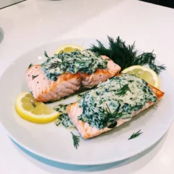 - 4 salmon fillets (6 oz each) - 2 cups fresh spinach, chopped - 1 cup cream cheese, softened - 1/2 cup grated Parmesan cheese - 2 cloves garlic, minced - 1 tablespoon lemon juice - Salt and pepper to taste - 1 tablespoon olive oil - 1 teaspoon dried dill (optional) - Lemon wedges (for serving) To make creamy spinach stuffed salmon, start with fresh, high-quality ingredients. The salmon fillets should be firm and bright in color. Look for fillets that have no strong fishy smell. Fresh spinach adds a nice touch of color and flavor. Cream cheese gives the stuffing its rich and creamy texture, while Parmesan adds a savory kick. For seasonings, garlic is a must. It brings out the flavors in the spinach. Lemon juice adds brightness to the dish, balancing the creaminess. Salt and pepper enhance the overall taste. Olive oil helps in cooking the garlic and spinach, adding depth. Dried dill adds a hint of earthiness, but it's optional. Finally, serve with lemon wedges to brighten each bite. Choosing the right ingredients makes this dish come alive. When you combine them, you create a meal that is both satisfying and delicious. Want to make it even better? Use fresh herbs or spices to suit your taste. Enjoy the cooking process and have fun with it! {{ingredient_image_1}} First, let's make the filling. I heat a skillet over medium heat. I add 1 tablespoon of olive oil and then toss in 2 minced garlic cloves. I sauté the garlic for about 1 minute until it smells great. Next, I add 2 cups of chopped fresh spinach to the skillet. I cook the spinach for 2 to 3 minutes until it wilts. Once done, I take the skillet off the heat. Now, I move to a mixing bowl. I combine the cooked spinach and garlic with 1 cup of softened cream cheese and 1/2 cup of grated Parmesan cheese. I also add 1 tablespoon of lemon juice to brighten the flavors. I season with salt and pepper to taste. If I want, I can add 1 teaspoon of dried dill for extra flavor. I mix it well until everything blends nicely. Next, I prepare the salmon fillets. I take 4 salmon fillets, each about 6 ounces. I carefully cut a pocket in each fillet. I slice them horizontally but do not cut all the way through. This creates a perfect space to hold the filling. Now, it's time to stuff the salmon. I take the creamy spinach mixture and fill each pocket generously. I make sure to pack it in well, so the filling does not leak out during cooking. I preheat my oven to 375°F (190°C). I line a baking sheet with parchment paper for easy cleanup. I place the stuffed salmon fillets on the baking sheet, spacing them out. I bake them for 20 to 25 minutes. The salmon is done when it flakes easily with a fork. After baking, I check for doneness. The salmon should be opaque and moist. For a nice touch, I can garnish with more dill and serve with lemon wedges on the side. This dish is not just tasty; it looks great too! To make the best creamy spinach stuffing, avoid soggy spinach. Start by cooking your spinach just until it wilts. This keeps it fresh and firm. Drain any excess moisture after cooking. It helps keep the filling creamy, not watery. Balancing flavors is key. Use enough salt and pepper to enhance the taste. The cream cheese adds richness, while the Parmesan brings a nice sharp flavor. A little lemon juice brightens it all up. Adjust these to your liking for a perfect mix. You can bake or grill your stuffed salmon. Baking is simple. Preheat your oven to 375°F (190°C). Bake for 20-25 minutes until the salmon is fully cooked. It should flake easily with a fork. For grilling, make sure your grill is hot. Cook each fillet for about 6-8 minutes on each side. The grill adds a lovely smoky flavor. Keep an eye on the time to avoid overcooking. Pair your creamy spinach stuffed salmon with sides like rice or roasted vegetables. A light salad with vinaigrette also works nicely. For sauces, a squeeze of fresh lemon juice adds brightness. You can also serve a garlic butter sauce for extra richness. For presentation, place the salmon on a plate and garnish with fresh herbs. Serve lemon wedges on the side for added flair. A beautiful plate makes the meal even more inviting! Pro Tips Use Fresh Spinach: Fresh spinach will give your stuffing a vibrant color and better flavor compared to frozen spinach. Adjust the Cheese: Feel free to mix different cheeses like feta or mozzarella for a unique twist on the flavor profile. Check for Doneness: Salmon is perfectly cooked when it flakes easily with a fork; avoid overcooking to keep it moist. Rest Before Serving: Let the salmon rest for a few minutes after baking to allow the juices to redistribute for maximum flavor. {{image_2}} You can switch up the cheese in this dish. Instead of cream cheese, try ricotta or goat cheese. Ricotta gives a lighter texture and adds a nice creaminess. Goat cheese adds a tangy flavor that pairs well with salmon. Both options will change the taste while keeping it rich and delicious. Want to make the stuffing even heartier? Add crab meat or shrimp. Crab meat brings a sweet taste and blends well with the creamy filling. Shrimp adds a nice bite and pairs perfectly with the spinach and cheese. Just chop them up and mix them in with the stuffing. This small change can make a big difference in flavor. Think about adding some herbs or spices. Smoked paprika can add a smoky depth that enhances the dish. Fresh herbs like basil or parsley can brighten it up. Try adding a pinch of red pepper flakes for some heat. These small tweaks can transform your salmon into an even more exciting meal. To keep your creamy spinach stuffed salmon fresh, store it properly. Place the salmon in an airtight container. Make sure it cools down to room temperature first. This way, it won’t steam and get soggy. You can keep it in the fridge for up to three days. When ready to eat, gently reheat it in the oven or on the stove. This helps maintain its flavor and texture. If you want to freeze uncooked stuffed salmon, prepare it as usual but skip baking. Wrap each fillet tightly in plastic wrap, then place it in a freezer bag. Squeeze out as much air as you can. This prevents freezer burn and keeps the taste. You can freeze it for up to three months. When you’re ready to cook, thaw it overnight in the fridge. For quick thawing, you can place it in cold water for about an hour. Once thawed, bake it as per the original recipe. This ensures it cooks evenly. Knowing how long your stuffed salmon lasts is key. In the fridge, it stays good for three days. If frozen, it can last for three months. After that, the quality may decline. Always check for off smells or changes in texture before cooking. If it looks or smells strange, it’s best to toss it. Enjoy your meal with confidence, knowing it’s safe and tasty. Yes, you can use frozen salmon fillets! To thaw them, place the fillets in the fridge overnight. If you're short on time, submerge the sealed fillets in cold water for about an hour. Be sure to change the water every 30 minutes. Once thawed, pat them dry before stuffing. This helps the filling stick better. To check if your salmon is done, look for a few signs. The flesh should be opaque and flake easily with a fork. You can also use a meat thermometer. The internal temperature should reach 145°F (63°C). If you see white albumin on the surface, it means the salmon is almost done. This dish pairs well with many sides. Try serving it with: - Roasted vegetables like asparagus or carrots - A fresh garden salad with a light vinaigrette - Quinoa or rice for a hearty option For drinks, a crisp white wine, like Sauvignon Blanc, complements the salmon nicely. This blog post covered making creamy spinach stuffed salmon. We discussed key ingredients, step-by-step cooking methods, and helpful tips for perfecting the dish. I also shared variations and storage tips to help you enjoy this meal longer. Remember, cooking is all about experimenting. Don't be afraid to try new flavors or modify ingredients to match your taste. Enjoy your delicious creation and make it your own. Happy cooking!