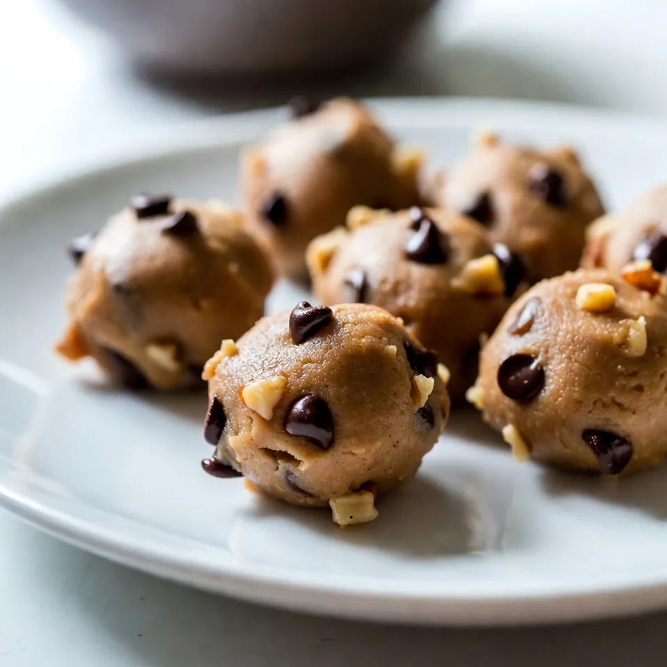 - 1 cup all-purpose flour (heat-treated for safety) - 1/2 cup unsalted butter, softened - 1/4 cup granulated sugar - 1/4 cup packed brown sugar - 1 teaspoon vanilla extract - 1/4 teaspoon salt - 1/2 cup mini chocolate chips - 1/4 cup chopped nuts (optional) - 2-3 tablespoons milk (as needed) You can make these bites fit your needs. - For gluten-free options, use gluten-free flour blends. - For dairy-free bites, swap the butter for coconut oil or vegan butter. - If you want to change the chocolate chips, use dark chocolate or white chocolate. - For nut-free bites, simply skip the nuts or use seeds instead. These swaps allow everyone to enjoy these tasty treats! {{ingredient_image_1}} Heat-treating the flour for safety To keep your bites safe, you need to heat-treat the flour. Preheat your oven to 350°F (175°C). Spread the flour on a baking sheet. Bake it for 5 to 7 minutes. This step kills any germs in the flour. Softening the butter effectively Softening butter is key for a creamy dough. Take your butter out of the fridge. Let it sit for about 30 minutes. You can also cut it into small cubes. This helps it soften faster. The butter should feel cool but not hard. Creaming the butter and sugars together In a large bowl, mix the softened butter, granulated sugar, and brown sugar. Use a hand mixer or stand mixer on medium speed. Beat until the mixture is light and fluffy. This takes about 2 to 3 minutes. It helps the bites stay soft. How to mix in the dry ingredients After creaming, you will add the heat-treated flour. Gradually mix it in at low speed. This helps prevent a flour cloud! Stop mixing when the flour is almost combined. If the dough is dry, add milk one tablespoon at a time until it feels right. Forming uniform bites using a cookie scoop To shape the dough, use a small cookie scoop or your hands. Make each ball about one inch wide. Place them on a baking sheet lined with parchment paper. This keeps them from sticking. Importance of chilling the dough for the proper texture Once shaped, chill the bites in the fridge for at least 30 minutes. Chilling firms up the dough. This step is crucial for the right texture. It helps the bites hold their shape when you eat them. To get the right dough consistency, look for a smooth and slightly sticky feel. The dough should hold together but not be too wet. If your dough is too dry, add milk one tablespoon at a time. This helps reach the desired thickness. Mixing slowly can also help keep the texture just right. You can make your cookie dough bites even better by adding flavors. Try almond extract or a splash of espresso for a twist. For fun serving ideas, place the bites on a fancy platter. Drizzle melted chocolate over them or roll them in crushed nuts or sprinkles. These touches make your treats more inviting. One common mistake is overmixing or undermixing the dough. Overmixing makes the bites tough. Undermixing can leave dry flour lumps. Aim for a good mix but stop once it's combined. Another mistake is not chilling the dough long enough. Chilling helps the bites firm up and keeps their shape. Make sure to cool them for at least 30 minutes before serving. Pro Tips Heat-Treating Flour: Always heat-treat your flour before using it in no-bake recipes to ensure safety from potential bacteria. Butter Softening: For best results, let your butter sit at room temperature for about 30 minutes before creaming it with sugars for a smooth texture. Consistent Size: Use a cookie scoop to ensure all your bites are the same size, which helps them chill evenly and look uniform. Storage Tips: Keep the cookie dough bites in an airtight container in the fridge to maintain their freshness for up to a week. {{image_2}} You can make cookie dough bites even more fun by adding new flavors. Try mixing in dried fruits like raisins or cranberries. They add a chewy texture and a pop of flavor. You can also add toffee bits for a sweet crunch. For special occasions, think about themed bites. Add peppermint extract for winter holidays or pumpkin spice for fall. These little changes can make your bites feel fresh and exciting. If you want a vegan version, swap the butter for coconut oil or vegan butter. Use maple syrup instead of brown sugar for sweetness. You can also find vegan chocolate chips for a tasty treat. For those watching sugar, there are low-sugar options too. You can use almond flour and a sugar substitute for a keto-friendly take. These changes keep the fun without the guilt. Serve your cookie dough bites with ice cream for a delightful dessert. The cold creaminess pairs well with the sweet bites. You can also whip up some fresh cream to add on top. If you're giving them as gifts, package them in cute boxes or jars. Add a ribbon for a nice touch. These creative ideas make your treats look as good as they taste. To keep your cookie dough bites fresh, store them in an airtight container. Place the container in the fridge. They will stay good for up to a week. If you want to store them longer, freeze the bites. To freeze, lay them on a baking sheet. Freeze for an hour, then transfer them to a freezer-safe bag. This method helps prevent sticking. Check for spoilage before enjoying your bites. Signs of spoilage include an off smell or a dry texture. If you notice these signs, discard the bites. In the fridge, the bites last up to one week. In the freezer, they can last up to three months. Be sure to label your container with the date you stored them. To thaw frozen cookie dough bites, place them in the fridge overnight. This keeps them from getting too soft. If you need them faster, you can let them sit at room temperature for about 30 minutes. After thawing, serve them chilled or let them sit out for a few minutes. Enjoy them plain, or drizzle some melted chocolate on top for extra fun! Homemade cookie dough bites can last up to one week in the fridge. Store them in an airtight container to keep them fresh. If you want to save them longer, you can freeze them. They stay good in the freezer for about three months. Just remember to wrap them well to avoid freezer burn. Yes, you can eat raw cookie dough if the flour is heat-treated. Heat-treating flour kills any harmful bacteria. This step is very important for safety. It makes your cookie dough bites safe to enjoy without baking. You still want to keep the portions moderate, as raw dough can be rich. To make cookie dough bites healthier, you can reduce the sugar or fat. Try using less sugar by swapping some for a natural sweetener, like honey or maple syrup. You could also use unsweetened chocolate chips instead of regular ones. Another option is to replace some butter with applesauce for a lower-fat version. You can enjoy your treats while being mindful of health! This blog post covers the key ingredients, step-by-step directions, and tips for making cookie dough bites. You'll learn about alternatives, variations, and the best ways to store your treats. Remember, the joy of baking is in trying new flavors or dietary options. Enjoy creating tasty bites that suit your needs and share them with friends. Baking can be fun and easy. Your cookie dough journey starts now!