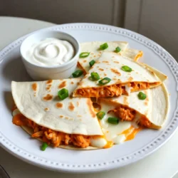 To make tasty buffalo chicken quesadillas, you need: - 2 cups cooked chicken, shredded - 1/2 cup buffalo sauce - 1 cup shredded mozzarella cheese - 1 cup shredded cheddar cheese - 1/2 cup cream cheese, softened - 1/2 cup green onions, chopped - 6 large flour tortillas - 2 tablespoons olive oil - Salt and pepper to taste These ingredients blend well and create a delicious flavor. The chicken adds protein, while the cheeses give that creamy texture. The buffalo sauce brings the heat, making every bite exciting. You can make your meal even better with these ideas: - Serve with sour cream on the side. - Add more chopped green onions on top. - Include fresh veggies like celery sticks. These options complement the quesadillas and add crunch and freshness. If you need to switch things up, here are some ideas: - Use rotisserie chicken if you don’t have cooked chicken. - Swap buffalo sauce for barbecue sauce for a milder taste. - Choose any cheese you like, such as pepper jack for extra spice. These swaps help you customize the dish based on what you have at home. Enjoy your cooking! {{ingredient_image_1}} To start, gather your ingredients. You need cooked chicken, buffalo sauce, cream cheese, and spices. In a bowl, mix 2 cups of shredded chicken with 1/2 cup of buffalo sauce. Add 1/2 cup of softened cream cheese. Stir until it's smooth and creamy. Taste the mixture and add salt and pepper if needed. This blend gives your quesadillas the spicy kick you want. Next, heat a non-stick skillet on medium heat. Pour 1 tablespoon of olive oil into the skillet. Place a large flour tortilla in the pan. Sprinkle half of 1 cup of shredded mozzarella and half of 1 cup of shredded cheddar cheese over the tortilla. Take half of the buffalo chicken mixture and spoon it onto one side of the tortilla. Add some chopped green onions on top of the chicken. Fold the tortilla in half, pressing it down gently. Cook for about 3-4 minutes on each side. Look for a golden-brown color and melted cheese. Repeat this step for the rest of the tortillas and filling. Once the quesadillas are ready, cut them into wedges. Place them on a big platter. For a nice touch, sprinkle extra green onions on top. You can also add a small bowl of sour cream on the side for dipping. This makes your dish look inviting and fun! Enjoy your flavorful buffalo chicken quesadillas with friends or family! To make your quesadillas just right, adjust the buffalo sauce. Use less sauce for mild heat. Add more for a spicy kick. You can also mix in some honey for sweetness. This balance helps you craft the perfect flavor. Always taste as you go to find your ideal heat level. A great quesadilla has crispy outside and gooey inside. Use enough cheese to hold the filling. Cook on medium heat to avoid burning. Flip carefully to keep the filling inside. If you want extra crunch, try brushing the tortillas with olive oil before cooking. This adds a nice golden color and crispy bite. Cooking in batches saves time and keeps your kitchen clean. Start by preparing all your fillings first. This way, you can cook your quesadillas quickly. Use a large skillet to fit two or three at once. Keep cooked quesadillas warm in the oven on low heat. This way, everyone enjoys them hot and fresh! Pro Tips Use Leftover Chicken: This is a great way to use up leftover rotisserie chicken or any cooked chicken you have on hand. Adjust Heat Level: If you prefer milder quesadillas, use a mild buffalo sauce or mix it with ranch dressing to lower the heat. Extra Crispiness: For extra crispy quesadillas, brush the tortillas lightly with olive oil before cooking them in the skillet. Creative Add-Ins: Feel free to add other ingredients like black beans, corn, or peppers to customize your quesadillas further. {{image_2}} You can switch up the cheeses in these quesadillas. If you want a creamier texture, try using pepper jack cheese. It adds a nice kick. For a sharp flavor, go with aged cheddar. You can also mix in some gouda for a smoky taste. Use whatever cheese you love most! If you're looking for a meatless option, use hearty veggies. Swap out chicken for sautéed mushrooms or roasted cauliflower. Both options work well with buffalo sauce. You can also add black beans or lentils for protein. This way, you still get that tasty buffalo flavor without the meat. The buffalo sauce is key to these quesadillas. If you enjoy heat, use a hot sauce with a kick. Look for sauces labeled "extra hot." If you prefer less spice, choose a mild sauce. You can also mix hot sauce with ranch dressing to soften the heat. Adjust it to fit your taste! To store leftover quesadillas, let them cool first. Wrap each quesadilla in plastic wrap. Place them in an airtight container. They will stay fresh in the fridge for up to three days. Reheat your quesadillas in a skillet for the best results. Heat the skillet over medium-low heat. Place the quesadilla in the skillet for about three minutes on each side. This helps keep them crispy and warm. You can also use a microwave. Heat them for about 30 seconds to 1 minute. However, they may become soft and lose some crunch. Freezing quesadillas is simple and a great way to save time. Wrap each quesadilla tightly in plastic wrap. Place them in a freezer-safe bag or container. They can stay frozen for up to three months. When you want one, just take it out and reheat it. Enjoy a quick meal anytime! The best way to reheat quesadillas is in a skillet. Heat the skillet on medium-low. Add a little oil or butter. Place the quesadilla in the skillet. Cook for about 2-3 minutes on each side. This keeps them crispy. You can also use an oven. Preheat the oven to 350°F. Place quesadillas on a baking sheet. Heat for about 10 minutes. This method warms them evenly without making them soggy. Yes, you can make buffalo chicken quesadillas in advance. Prepare the filling and cook your quesadillas. Let them cool completely. Wrap each quesadilla in foil or plastic wrap. Store them in the fridge for up to 3 days. You can also freeze them. Just wrap them tightly. They can last for up to 3 months in the freezer. When ready to eat, reheat them using the methods mentioned above. There are many great options to serve with buffalo chicken quesadillas. Here are a few ideas: - Sour cream for dipping - Guacamole for a creamy touch - Salsa for a fresh kick - A simple green salad for balance - Celery sticks for crunch - Carrot sticks for a sweet crunch These sides will complement the flavors well and make your meal complete! You now have all the tools to make delicious buffalo chicken quesadillas. We covered key ingredients, preparation steps, and cooking tips. Remember, you can customize the heat level and use different cheeses or even go vegetarian. Storing leftovers is easy, and reheating is simple too. With these ideas, you can enjoy tasty meals at home. Experiment and find your favorite variations. Dive in and create your own unique dish today!