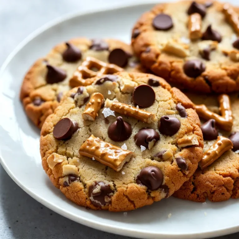 To make these delightful Chocolate Chip Pretzel Cookies, you need a mix of sweet and salty ingredients. Here’s what you’ll need: - 1 cup unsalted butter, softened - 3/4 cup brown sugar, packed - 1/2 cup granulated sugar - 1 large egg - 1 teaspoon vanilla extract - 2 cups all-purpose flour - 1 teaspoon baking soda - 1/2 teaspoon salt - 1 cup chocolate chips (semi-sweet or dark) - 1 cup pretzel pieces, coarsely crushed - 1/2 cup coarse sea salt (for topping) Each ingredient plays a key role. The butter adds richness and moisture. Brown sugar adds depth and chewiness. The egg binds everything together and helps create a tender cookie. Vanilla extract brings warmth and flavor. All-purpose flour forms the base. Baking soda helps the cookies rise slightly. Salt enhances all the flavors. Chocolate chips add sweetness, while pretzel pieces give a nice crunch. Finally, coarse sea salt on top adds an exciting salty contrast. Gather these ingredients to create a perfect balance of flavors and textures in your cookies. {{ingredient_image_1}} - Preheat your oven to 350°F (175°C). - Line a baking sheet with parchment paper. - In a large bowl, cream 1 cup of softened butter with 3/4 cup brown sugar and 1/2 cup granulated sugar until it looks light and fluffy. - Add 1 large egg and 1 teaspoon of vanilla extract. Mix well until combined. - In another bowl, whisk together 2 cups of all-purpose flour, 1 teaspoon of baking soda, and 1/2 teaspoon of salt. Gradually add this to the butter mixture. Mix just until everything comes together. - Gently fold in 1 cup of chocolate chips and 1 cup of coarsely crushed pretzel pieces. Make sure they are evenly mixed. - Use a tablespoon or cookie scoop to drop rounded balls of dough on the lined baking sheet. Space them about 2 inches apart. - Before baking, sprinkle a pinch of coarse sea salt on each cookie dough ball. - Bake in the preheated oven for 10-12 minutes. Look for golden brown edges, but keep the centers soft. - After baking, let the cookies cool on the sheet for about 5 minutes. Then, transfer them to a wire rack to cool completely. To get the best texture, start by creaming the butter with the sugars. Use room temperature butter for easy mixing. Beat until it looks light and fluffy. This step helps trap air, making your cookies soft. Be careful not to overmix the dough. Mix just until you see no dry flour. Overmixing makes cookies tough instead of soft and chewy. For rich flavor, use semi-sweet or dark chocolate chips. Both give a nice balance to the sweet cookie. You can even mix them for a unique taste. When adding pretzel pieces, crush them coarsely. This way, you get crunchy bits in every bite. Mix them into the dough gently to keep their texture. To serve your cookies, arrange them on a colorful platter. This makes them look more inviting. Drizzle melted chocolate over the top for a fancy touch. For more flair, add whole pretzels on top as a garnish. This not only looks great but also hints at the salty surprise inside. Pro Tips Chill the Dough: For thicker cookies, refrigerate the dough for at least 30 minutes before baking. This helps prevent spreading and enhances the texture. Experiment with Pretzel Types: Try using flavored pretzels, such as honey mustard or chocolate-covered, to add a unique twist to your cookies. Use Quality Chocolate: Opt for high-quality chocolate chips or chunks for a richer flavor that complements the salty pretzels beautifully. Storage Tips: Keep cookies in an airtight container at room temperature to maintain their freshness and chewy texture for up to a week. {{image_2}} You can switch up the chocolate in these cookies. Try using dark chocolate chips or even white chocolate. Each type brings its own taste. You can also use different types of pretzels, like chocolate-covered ones, for a fun twist. If you need a gluten-free option, swap the all-purpose flour for a gluten-free blend. Many blends work well in cookies. Just check that the blend contains xanthan gum for best results. Want to enhance the taste? You can add nuts like walnuts or pecans. They add a nice crunch. Spices like cinnamon or nutmeg can also give a warm flavor. Adding extracts can change the profile too. Try almond extract for a nutty taste or orange extract for a zesty kick. You can make these cookies fit the season. For holidays, add peppermint extract and crushed candy canes. This makes a festive treat. In summer, consider adding dried fruits like cranberries or apricots. They add a sweetness and chewiness that brightens the cookies. Store your cookies at room temperature. Use an airtight container. This keeps them fresh. If you refrigerate, they may become hard. Only refrigerate if your kitchen is very warm. You can freeze these cookies for later. First, let them cool completely. Then, place them in a single layer in a freezer-safe bag. To thaw, take them out and leave them on the counter. In about an hour, they will be ready to eat. These cookies last about one week at room temperature. For the best taste, eat them within three days. If frozen, they can last up to three months. Always check for freshness before enjoying. Yes, you can use margarine. It gives a similar texture. However, butter adds richer flavor. If you use margarine, make sure it is unsalted. This keeps the taste balanced. You can replace eggs with applesauce or a mashed banana. Each egg equals about 1/4 cup of applesauce. You can also use a flaxseed mixture. Mix one tablespoon of flaxseed meal with three tablespoons of water. Let it sit until it thickens. To stop cookies from spreading, chill the dough before baking. After mixing, put the dough in the fridge for 30 minutes. Also, make sure your baking sheet is not too warm. A cold baking sheet helps keep the cookies in shape. Yes, you can make the dough ahead of time. Just store it in the fridge for up to three days. You can also freeze it for up to three months. When ready, bake straight from the fridge or thaw before baking. To reheat cookies, use an oven set at 300°F (150°C). Place the cookies on a baking sheet for about 5 minutes. This keeps them soft and chewy. You can also microwave them for 10-15 seconds if you want a quick fix. In this post, we covered key ingredients for delicious cookies, from butter to chocolate chips. I shared steps for mixing and baking, along with tips for perfect texture and flavor. You learned variations to try and smart storage methods to keep your cookies fresh. With these insights, you can bake cookies that impress and delight. Enjoy making your treats, and share them with friends and family!