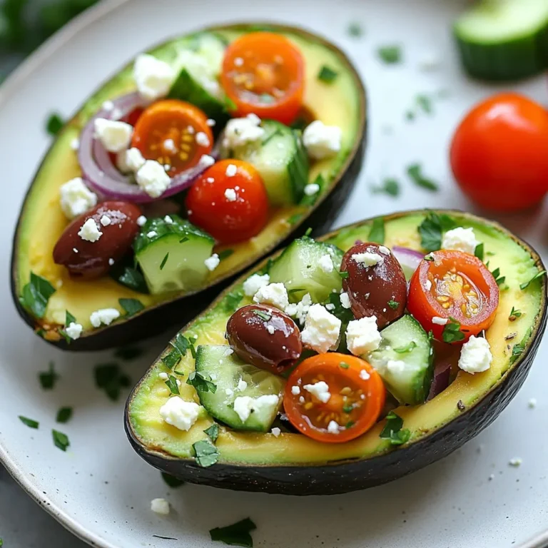 - 2 ripe avocados, halved and pitted - 1 cup cherry tomatoes, halved - 1 cucumber, diced - 1/2 red onion, finely chopped - 1 cup Kalamata olives, pitted and sliced - 1/2 cup feta cheese, crumbled - 2 tablespoons fresh parsley, chopped - 2 tablespoons olive oil - 1 tablespoon red wine vinegar (optional) - 1 teaspoon dried oregano - Salt and pepper to taste For this recipe, choose ripe avocados. They should feel soft but not mushy. Fresh cherry tomatoes add bright flavor. Use crisp cucumbers for crunch. Kalamata olives bring a nice briny taste. Crumbled feta cheese adds creaminess and tang. Fresh parsley brightens the dish. Olive oil enhances the richness, while red wine vinegar adds zing. - Avocados: Look for dark green skin. Gently squeeze; they should yield slightly. - Tomatoes: Choose plump, shiny tomatoes. Avoid any with blemishes or soft spots. - Cucumbers: Pick firm cucumbers with smooth skin. They should feel heavy for their size. - Onions: Select firm onions with no soft spots. The color should be vibrant. - Olives: Check the jar for freshness. They should have a good color and scent. - Parsley: Look for bright green leaves. Avoid wilted or yellowing leaves. These tips will help you find the best ingredients for your Greek salad stuffed avocados. Enjoy the process of selecting fresh produce! {{ingredient_image_1}} To start, grab a large mixing bowl. Add 1 cup of halved cherry tomatoes. Next, chop 1 cucumber into small pieces and toss it in. Finely chop half a red onion and mix it in as well. Now, take 1 cup of pitted Kalamata olives and slice them. Add those to the bowl too. Crumble 1/2 cup of feta cheese and sprinkle it in. Finally, chop 2 tablespoons of fresh parsley and add that for color. Drizzle 2 tablespoons of olive oil over this mixture. If you like a bit of tang, add 1 tablespoon of red wine vinegar. Sprinkle in 1 teaspoon of dried oregano, along with salt and pepper to taste. Gently toss everything together. This mix is full of bright flavors and textures. Now, let’s prepare the avocados. Take 2 ripe avocados and cut them in half. Remove the pit and scoop out a little of the flesh. This makes more room for the filling. You can chop this flesh and mix it into your salad for extra creaminess. Spoon the Greek salad mixture into each avocado half. Make sure to fill them generously and evenly. Each bite should be packed with flavor. Serve the stuffed avocados right away for the best taste. Place them on a colorful platter for a nice look. You can garnish with more parsley and a sprinkle of feta on top. For a finishing touch, drizzle a bit of olive oil around the platter. This adds a nice shine and enhances the flavors. Enjoy your fresh and tasty treat! To keep your avocados fresh, use lemon juice. The acid slows browning. Just brush a little on the cut sides. If you have leftovers, cover them tightly with plastic wrap. This helps keep air out, reducing browning. You can also store them in an airtight container with the pit still in. It helps keep them fresh a bit longer. Mix your salad gently. You want to keep the tomatoes whole and the feta in nice chunks. Start by combining the tomatoes, cucumber, onion, olives, and parsley in a large bowl. Then, drizzle in olive oil and add spices. Toss everything, but don’t squash the tomatoes. Taste as you go to make sure the flavors blend well. Want to amp up the taste? Try adding diced bell peppers or a dash of hot sauce. A sprinkle of fresh mint or basil adds a nice twist too. You can swap red wine vinegar for lemon juice for a bright taste. For a richer flavor, mix in some chopped sundried tomatoes. Each of these little changes brings new life to your Greek salad stuffed avocados. Pro Tips Choose Ripe Avocados: Make sure your avocados are perfectly ripe for the best flavor and creaminess. They should yield slightly to gentle pressure when squeezed. Customize Your Salad: Feel free to add other ingredients like bell peppers or artichoke hearts to the salad mixture for extra flavor and texture. Keep It Fresh: If you're preparing the stuffed avocados in advance, store the filling separately and assemble just before serving to prevent the avocado from browning. Experiment with Dressings: Try different dressings, like a lemon vinaigrette, for a new twist on the classic Greek salad flavor. {{image_2}} You can easily make this dish vegetarian. Simply leave out the feta cheese or use a plant-based cheese. For a vegan option, you can substitute the feta with a creamy avocado spread. This keeps the meal light and fresh while still full of flavor. Feel free to swap ingredients based on your needs. If you want to cut carbs, replace the avocado with bell peppers. For those avoiding dairy, try using nutritional yeast instead of feta. You can also switch Kalamata olives for green olives if you prefer a milder taste. These stuffed avocados make great appetizers. You can serve them at parties or family gatherings. They also work well as a side dish with grilled meats or fish. To make them more filling, pair with a light soup or a simple grain salad. Enjoy getting creative with your pairings! To store leftover stuffed avocados, cover them tightly with plastic wrap. This keeps air out and slows browning. If you have extra filling, store it in a separate container. This helps maintain freshness for both the avocado and the salad mixture. Use an airtight container for the filling. Glass or plastic containers work well. If you want to keep everything together, you can use a shallow dish with a lid. Just make sure it seals well. This keeps moisture in and prevents odors from other foods. Eat the leftovers within 1 to 2 days for the best taste. The avocado can brown quickly, so it’s best to eat them soon. If you see browning, scrape it off before eating. The filling can last longer, about 3 to 4 days, if stored properly. Yes, you can make parts of this recipe ahead of time. Prepare the salad filling a few hours before serving. Store it in the fridge. Just wait to stuff the avocados until right before eating. The avocados can brown quickly, so it’s best to fill them just before serving. If you want a different cheese, try goat cheese or ricotta. Both add a nice creaminess. For a dairy-free option, use a vegan feta or skip cheese altogether. You can also add more olives or nuts for flavor and texture. To check if an avocado is ripe, gently squeeze it in your hand. It should feel firm but give slightly. If it feels hard, it is not ripe. If it feels mushy, it is overripe. Look for a dark green skin color, but avoid any black spots. We covered a lot about making stuffed avocados. You now know the best ingredients, how to prepare the filling, and tips for freshness. We explored serving ideas, variations for diets, and how to store leftovers. My final advice is to enjoy experimenting with flavors. Stuffed avocados can be a fun and tasty treat. Use this guide to create your own delicious version. Happy cooking!