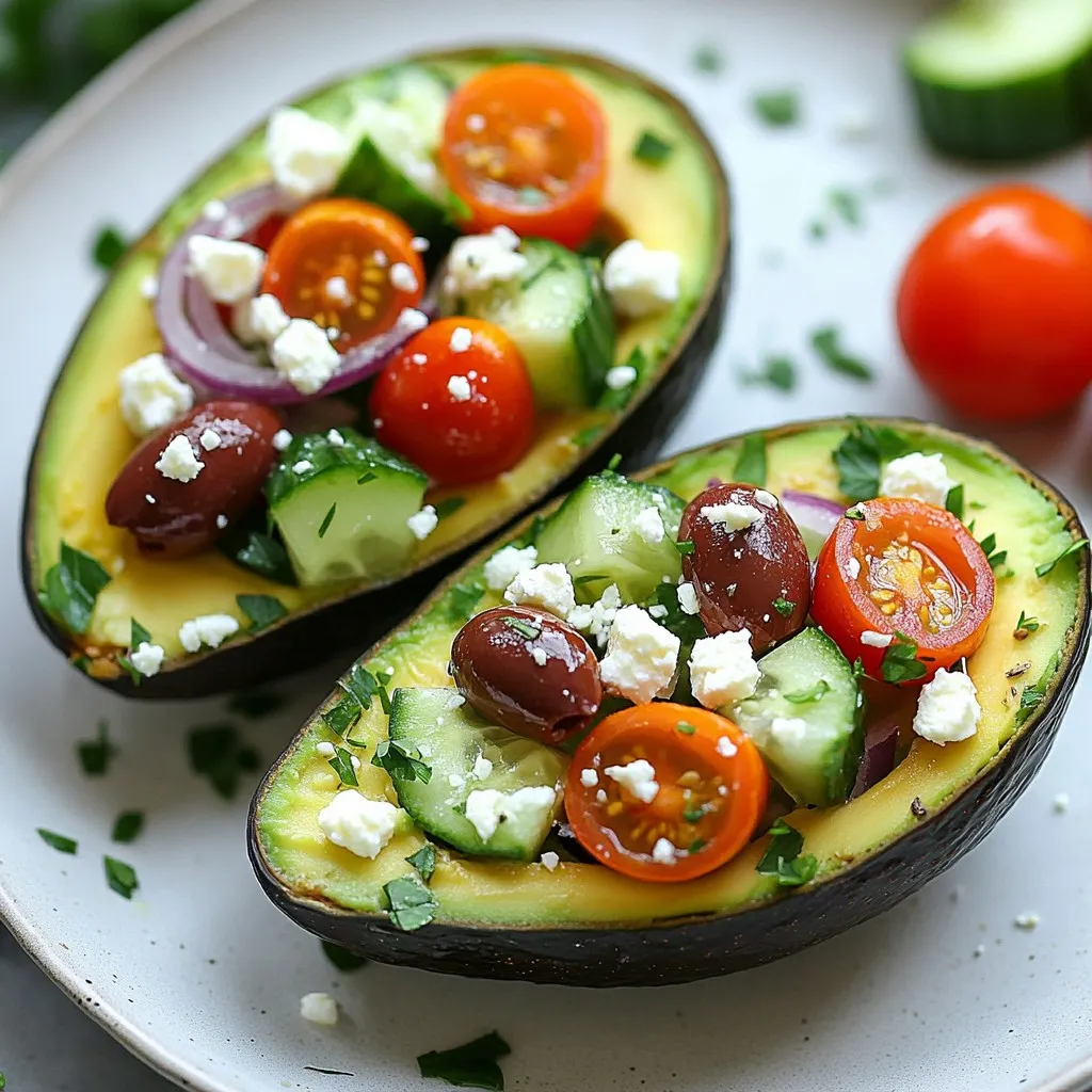 - 2 ripe avocados, halved and pitted - 1 cup cherry tomatoes, halved - 1 cucumber, diced - 1/2 red onion, finely chopped - 1 cup Kalamata olives, pitted and sliced - 1/2 cup feta cheese, crumbled - 2 tablespoons fresh parsley, chopped - 2 tablespoons olive oil - 1 tablespoon red wine vinegar (optional) - 1 teaspoon dried oregano - Salt and pepper to taste For this recipe, choose ripe avocados. They should feel soft but not mushy. Fresh cherry tomatoes add bright flavor. Use crisp cucumbers for crunch. Kalamata olives bring a nice briny taste. Crumbled feta cheese adds creaminess and tang. Fresh parsley brightens the dish. Olive oil enhances the richness, while red wine vinegar adds zing. - Avocados: Look for dark green skin. Gently squeeze; they should yield slightly. - Tomatoes: Choose plump, shiny tomatoes. Avoid any with blemishes or soft spots. - Cucumbers: Pick firm cucumbers with smooth skin. They should feel heavy for their size. - Onions: Select firm onions with no soft spots. The color should be vibrant. - Olives: Check the jar for freshness. They should have a good color and scent. - Parsley: Look for bright green leaves. Avoid wilted or yellowing leaves. These tips will help you find the best ingredients for your Greek salad stuffed avocados. Enjoy the process of selecting fresh produce! {{ingredient_image_1}} To start, grab a large mixing bowl. Add 1 cup of halved cherry tomatoes. Next, chop 1 cucumber into small pieces and toss it in. Finely chop half a red onion and mix it in as well. Now, take 1 cup of pitted Kalamata olives and slice them. Add those to the bowl too. Crumble 1/2 cup of feta cheese and sprinkle it in. Finally, chop 2 tablespoons of fresh parsley and add that for color. Drizzle 2 tablespoons of olive oil over this mixture. If you like a bit of tang, add 1 tablespoon of red wine vinegar. Sprinkle in 1 teaspoon of dried oregano, along with salt and pepper to taste. Gently toss everything together. This mix is full of bright flavors and textures. Now, let’s prepare the avocados. Take 2 ripe avocados and cut them in half. Remove the pit and scoop out a little of the flesh. This makes more room for the filling. You can chop this flesh and mix it into your salad for extra creaminess. Spoon the Greek salad mixture into each avocado half. Make sure to fill them generously and evenly. Each bite should be packed with flavor. Serve the stuffed avocados right away for the best taste. Place them on a colorful platter for a nice look. You can garnish with more parsley and a sprinkle of feta on top. For a finishing touch, drizzle a bit of olive oil around the platter. This adds a nice shine and enhances the flavors. Enjoy your fresh and tasty treat! To keep your avocados fresh, use lemon juice. The acid slows browning. Just brush a little on the cut sides. If you have leftovers, cover them tightly with plastic wrap. This helps keep air out, reducing browning. You can also store them in an airtight container with the pit still in. It helps keep them fresh a bit longer. Mix your salad gently. You want to keep the tomatoes whole and the feta in nice chunks. Start by combining the tomatoes, cucumber, onion, olives, and parsley in a large bowl. Then, drizzle in olive oil and add spices. Toss everything, but don’t squash the tomatoes. Taste as you go to make sure the flavors blend well. Want to amp up the taste? Try adding diced bell peppers or a dash of hot sauce. A sprinkle of fresh mint or basil adds a nice twist too. You can swap red wine vinegar for lemon juice for a bright taste. For a richer flavor, mix in some chopped sundried tomatoes. Each of these little changes brings new life to your Greek salad stuffed avocados. Pro Tips Choose Ripe Avocados: Make sure your avocados are perfectly ripe for the best flavor and creaminess. They should yield slightly to gentle pressure when squeezed. Customize Your Salad: Feel free to add other ingredients like bell peppers or artichoke hearts to the salad mixture for extra flavor and texture. Keep It Fresh: If you're preparing the stuffed avocados in advance, store the filling separately and assemble just before serving to prevent the avocado from browning. Experiment with Dressings: Try different dressings, like a lemon vinaigrette, for a new twist on the classic Greek salad flavor. {{image_2}} You can easily make this dish vegetarian. Simply leave out the feta cheese or use a plant-based cheese. For a vegan option, you can substitute the feta with a creamy avocado spread. This keeps the meal light and fresh while still full of flavor. Feel free to swap ingredients based on your needs. If you want to cut carbs, replace the avocado with bell peppers. For those avoiding dairy, try using nutritional yeast instead of feta. You can also switch Kalamata olives for green olives if you prefer a milder taste. These stuffed avocados make great appetizers. You can serve them at parties or family gatherings. They also work well as a side dish with grilled meats or fish. To make them more filling, pair with a light soup or a simple grain salad. Enjoy getting creative with your pairings! To store leftover stuffed avocados, cover them tightly with plastic wrap. This keeps air out and slows browning. If you have extra filling, store it in a separate container. This helps maintain freshness for both the avocado and the salad mixture. Use an airtight container for the filling. Glass or plastic containers work well. If you want to keep everything together, you can use a shallow dish with a lid. Just make sure it seals well. This keeps moisture in and prevents odors from other foods. Eat the leftovers within 1 to 2 days for the best taste. The avocado can brown quickly, so it’s best to eat them soon. If you see browning, scrape it off before eating. The filling can last longer, about 3 to 4 days, if stored properly. Yes, you can make parts of this recipe ahead of time. Prepare the salad filling a few hours before serving. Store it in the fridge. Just wait to stuff the avocados until right before eating. The avocados can brown quickly, so it’s best to fill them just before serving. If you want a different cheese, try goat cheese or ricotta. Both add a nice creaminess. For a dairy-free option, use a vegan feta or skip cheese altogether. You can also add more olives or nuts for flavor and texture. To check if an avocado is ripe, gently squeeze it in your hand. It should feel firm but give slightly. If it feels hard, it is not ripe. If it feels mushy, it is overripe. Look for a dark green skin color, but avoid any black spots. We covered a lot about making stuffed avocados. You now know the best ingredients, how to prepare the filling, and tips for freshness. We explored serving ideas, variations for diets, and how to store leftovers. My final advice is to enjoy experimenting with flavors. Stuffed avocados can be a fun and tasty treat. Use this guide to create your own delicious version. Happy cooking!