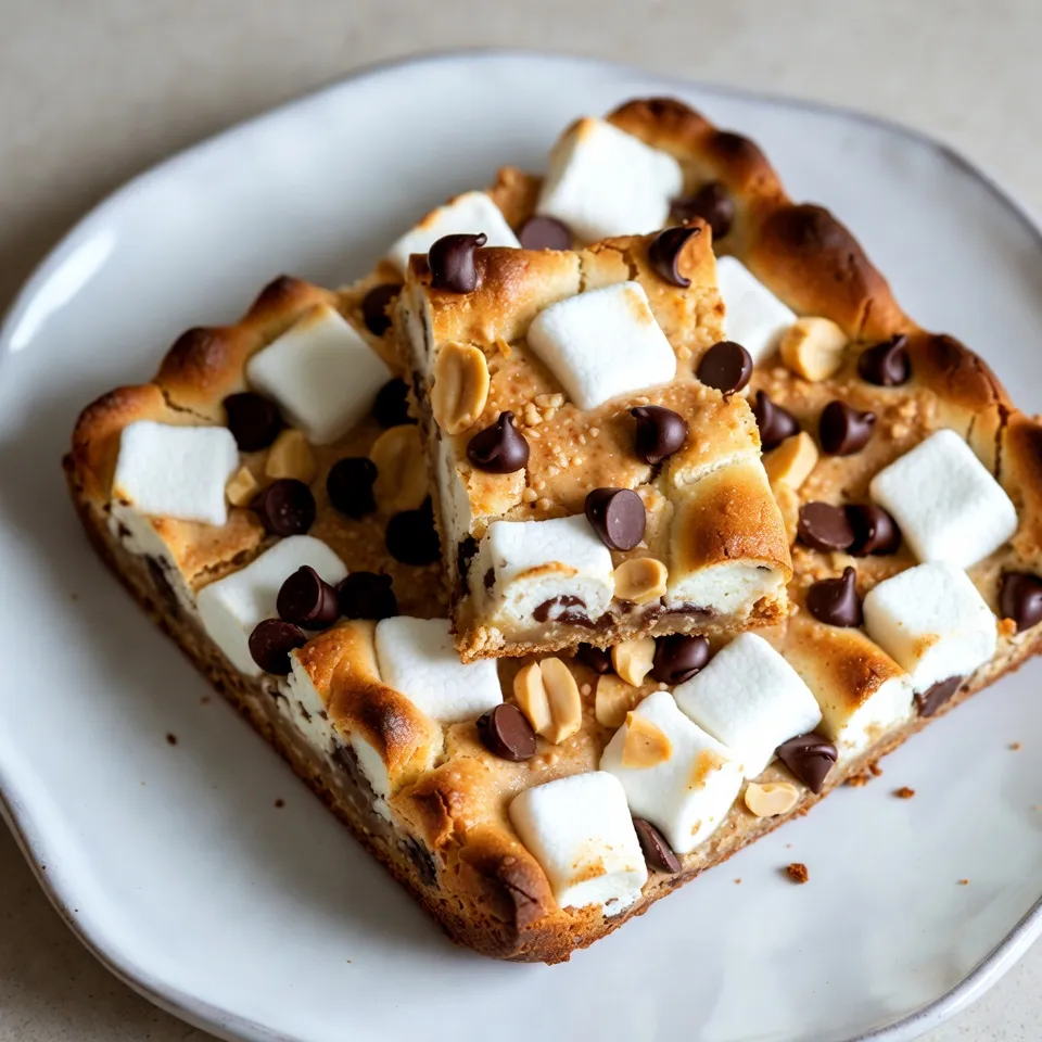 - 1 cup graham cracker crumbs - 1/2 cup creamy peanut butter - 1/2 cup honey or maple syrup - 1 cup mini marshmallows - 1/2 cup chocolate chips (semi-sweet or dark) - 1/4 cup chopped peanuts (optional) - 1/4 teaspoon salt You can swap honey or maple syrup with agave nectar or brown rice syrup. These options add sweetness without losing flavor. If you need a peanut butter substitute, try almond butter or sunflower seed butter. They work well and taste great. For gluten-free options, look for gluten-free graham crackers. They offer the same crunchy texture as regular ones. {{ingredient_image_1}} First, preheat your oven to 350°F (175°C). This gets it ready for baking. Next, line an 8-inch square baking pan with parchment paper. Leave some paper hanging over the edges. This makes it easy to lift out the bars later. In a medium bowl, mix the graham cracker crumbs, salt, peanut butter, and honey (or maple syrup). Blend until it looks like a thick dough. This will be your crust. Now, press two-thirds of the graham cracker mixture into the bottom of the pan. Make sure it is firm and even. This will be the base layer. Next, sprinkle the mini marshmallows and chocolate chips over the pressed mixture. Spread them out well for even coverage. Crumble the rest of the graham cracker mixture on top. Gently press it down so everything sticks together. If you like crunch, you can add chopped peanuts on top. Bake your bars in the oven for 15-18 minutes. Watch for the marshmallows to puff up and turn golden. This means they are done. Once baked, remove the pan from the oven. Let it cool for about 10 minutes. Use the parchment paper to lift the bars out of the pan. Allow them to cool completely on a wire rack. Then, cut into squares. Enjoy your tasty Peanut Butter S’mores Bars! To make chewy bars, mix the ingredients well but don’t overwork the dough. For crunchy bars, add chopped peanuts. This adds great texture and flavor. Press the dough firmly into the pan. This helps the bars hold together. When mixing, start with the graham cracker crumbs and salt. Then add peanut butter and honey. Stir until you get a thick, sticky dough. This step is key for the right texture. For a fun presentation, serve the bars on a colorful plate. Drizzle melted chocolate on top for a sweet touch. Add whole roasted peanuts as a garnish for a rustic vibe. Pair these bars with ice cream or whipped cream. The cold creaminess balances the warm, gooey bars. You can also enjoy them with a glass of milk. This makes for a perfect dessert experience. Pro Tips Use Natural Peanut Butter: Opt for natural peanut butter without added sugars or oils for a healthier and more authentic flavor. Chill Before Cutting: For cleaner cuts, refrigerate the bars for an hour after baking before slicing them into squares. Experiment with Flavors: Try adding a sprinkle of cinnamon or a dash of vanilla extract to the peanut butter mixture for an extra flavor boost. Storage Tips: Keep the bars in an airtight container at room temperature for up to a week or freeze them for longer storage. {{image_2}} You can mix things up with your Peanut Butter S’mores Bars in fun ways. Here are a couple of ideas: - Different Chocolate Types: Use milk chocolate for a sweet touch. Dark chocolate gives a rich taste. You can even mix both for a unique flavor. - Nuts and Fruits: Try adding chopped almonds or walnuts for extra crunch. Dried fruits like cranberries or raisins add a nice chewiness. You can make these bars fit your diet. Here’s how: - Vegan Modifications: Swap honey for maple syrup. Use a nut-free butter like sun butter instead of peanut butter. Make sure your chocolate chips are dairy-free. - Nut-Free Versions: If you can’t have nuts, try sun butter or soy nut butter. This keeps the bars tasty and safe for everyone. To keep your Peanut Butter S’mores Bars fresh, store them in an airtight container. You can place parchment paper between layers to prevent sticking. If you want to keep them longer, refrigerate them. These bars stay good for about a week in the fridge. If you freeze them, they last up to three months. Just wrap each bar in plastic wrap before putting them in a freezer bag. When you want to enjoy leftovers, warm them up in the microwave. Heat for about 10-15 seconds. This keeps the bars soft and gooey. If you prefer a crispy texture, place them in the oven at 300°F for 5-10 minutes. This method helps maintain their yummy taste and texture. Always check that they are warm enough before serving. Yes, you can make these bars ahead of time. They keep well in the fridge for up to a week. Just store them in an airtight container. If you want to keep them longer, freeze them. They can last for up to three months in the freezer. Just thaw them in the fridge before serving. If you don’t have graham crackers, try using digestive biscuits or crushed vanilla wafers. You can also use gluten-free options like almond flour or gluten-free cookies. Each will give a different taste, but they will work well in the recipe. Check the bars after 15 minutes in the oven. Look for puffed marshmallows that are golden brown. If they look too soft, bake for a few more minutes. The edges should be firm, while the center may be a bit soft. These bars are not gluten-free if you use regular graham crackers. To make them gluten-free, use gluten-free graham crackers or another suitable substitute. This way, everyone can enjoy this tasty treat! You now have a simple guide to making Peanut Butter S’mores Bars. We covered the key ingredients, steps for baking, and tips for the best results. Remember, feel free to substitute ingredients for your taste or needs. Try different flavor combos or dietary options to switch things up. Finally, enjoy your tasty treats right away or store them for later. With this recipe, you can impress anyone with your skills. Happy baking!