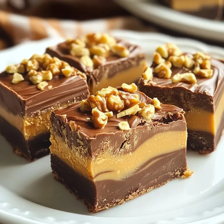 To make Peanut Butter Chocolate Swirl Fudge, gather these simple ingredients: - 1 cup creamy peanut butter - 1 cup semi-sweet chocolate chips - 1 cup sweetened condensed milk - 1 teaspoon vanilla extract - 1/4 teaspoon salt - 1/2 cup chopped nuts (walnuts or almonds) - optional - Additional chocolate chips or swirl for topping (optional) You can switch things up with these optional ingredients: - Different nuts like pecans or hazelnuts - White chocolate instead of semi-sweet chocolate - Sea salt flakes for a sweet and salty touch - Dried fruits like cranberries or raisins for a fruity twist To prepare this fudge, you will need: - An 8-inch square baking dish - Parchment paper - Medium saucepan - Mixing bowls - Stirring spoon or spatula - Toothpick or skewer for swirling These ingredients and tools make it easy to create this delicious treat. You will enjoy the rich taste and smooth texture of the fudge. Plus, you can customize it to fit your taste! {{ingredient_image_1}} Start by lining an 8-inch square baking dish with parchment paper. Leave some paper hanging over the edges. This makes it easy to lift the fudge out later. It also helps with clean-up. In a medium saucepan, add the semi-sweet chocolate chips and half of the sweetened condensed milk. Use low heat and stir often until the chocolate is melted and smooth. This should take just a few minutes. When done, take it off the heat. Stir in half a teaspoon of vanilla extract and a pinch of salt. This adds great flavor. In a separate bowl, mix the remaining creamy peanut butter with the other half of the sweetened condensed milk. Add another half teaspoon of vanilla and a pinch of salt. Stir until this mixture is creamy and well combined. Pour half of the melted chocolate into the lined baking dish. Spread it evenly across the bottom. Next, add the peanut butter mixture on top, spreading it evenly as well. Finally, dollop the rest of the chocolate mixture over the peanut butter layer. Take a toothpick or a skewer and gently swirl the layers together. Move it in a circular motion to create a marbled look. Be careful not to mix too deeply. You want to see the separate layers. Now, place the dish in the refrigerator. Chill the fudge for at least 3 hours, or until it sets completely. This helps to firm it up and make it sliceable. Once the fudge is set, lift it out of the pan using the parchment paper overhang. Place it on a cutting board and cut it into squares or rectangles as you like. Enjoy your tasty treat! To get a nice swirl, stop mixing too soon. After layering the fudge, use a toothpick. Gently swirl it through the layers. You want to see the dark and light colors. This gives a beautiful design. Don't mix all the way down. Keep some layers intact for the best look. The key to creamy fudge is low heat. Melt your chocolate slowly. Stir constantly to prevent burning. Mixing sweetened condensed milk with peanut butter keeps it smooth. Avoid letting the mixture sit too long at room temperature. This keeps it from becoming hard. Store your fudge in an airtight container. Keep it in the fridge for freshness. If you want to freeze it, wrap it well. Use plastic wrap and then foil. This keeps out air and prevents freezer burn. The fudge will last up to three months in the freezer. Pro Tips Perfect Texture: Ensure the fudge is completely chilled before cutting to achieve clean, neat squares. Flavor Variations: Experiment with different nut butters like almond or cashew for a unique twist on the classic recipe. Storage Tips: Store the fudge in an airtight container in the fridge for up to two weeks to maintain freshness. Presentation Matters: For a stunning presentation, drizzle melted chocolate or peanut butter over the top before serving. {{image_2}} You can add different nuts to your fudge. Walnuts and almonds give great crunch. You might also try pecans or cashews. Each nut adds a new taste. Chop them finely for even mixing. Sprinkle them on top for a fun look. Get creative and find your favorite! Switching chocolate can change the flavor. Dark chocolate gives a rich taste. Milk chocolate makes it sweeter and creamier. You can even use white chocolate for a twist. Mix and match for fun results. Use your favorite chocolate type for the best taste. Swirls don't have to be just chocolate. You can use caramel or butterscotch too. These add a sweet layer to your fudge. Try adding fruit purees for a fresh flavor. Raspberry or strawberry can brighten up your treat. Experiment with different options for a unique fudge every time! To keep your fudge fresh, wrap it well. Use plastic wrap or foil. You can also place it in an airtight container. This prevents it from drying out. Store it in the fridge for the best results. The cool air helps keep the fudge smooth and tasty. You can freeze your fudge if you have extra. Cut it into squares first. Wrap each piece in plastic wrap to avoid freezer burn. Then, place the wrapped fudge in a freezer bag. It can last for up to three months in the freezer. When you want to eat it, let it thaw in the fridge overnight. The fudge stays good for about two weeks in the fridge. Keep an eye on it for any changes in texture or smell. If it looks dry or crumbly, it’s time to toss it. To enjoy the best flavor, eat your fudge within the first week. Remember to avoid warm places; heat can spoil your treat. Yes, you can use natural peanut butter. Natural peanut butter gives a richer flavor. However, it may change the texture. The fudge might be a bit less creamy. If you want a smoother fudge, stick with creamy peanut butter. To make the fudge firmer, you can add more chocolate chips. You can also let it chill longer. The fridge helps it set well. If your fudge is too soft, try using less sweetened condensed milk next time. Yes, you can make this fudge dairy-free. Use dairy-free chocolate chips and coconut milk. This keeps the fudge creamy without dairy. Check labels to ensure all ingredients fit your diet. You can serve this fudge with whipped cream or ice cream. Fresh fruit like strawberries or bananas pairs well too. A sprinkle of sea salt on top can enhance the flavor. Enjoy experimenting with your favorite treats! In this article, we covered how to make delicious peanut butter chocolate swirl fudge. We discussed the key ingredients, equipment, and easy steps to make it. I also shared tips for perfecting your fudge and ideas for tasty variations. Remember, you can customize it to your taste! Store it properly to enjoy each bite. Enjoy your baking adventure and share this sweet treat with friends and family!