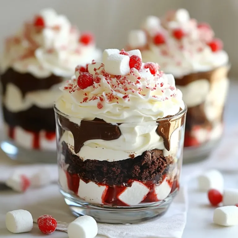 To make a delicious peppermint brownie trifle, you'll need: - 1 batch of peppermint brownies (store-bought or homemade) - 2 cups heavy whipping cream - 1/2 cup powdered sugar - 1 teaspoon peppermint extract - 1 cup crushed peppermint candies (or crushed candy canes) - 1 cup chocolate ganache (see below) These ingredients create the rich layers in your trifle. The brownies provide a chocolate base. The whipped cream adds a light and fluffy texture. The peppermint candy gives a minty crunch. You can add extra fun to your trifle with: - 1 cup mini marshmallows Mini marshmallows add a chewy texture. They make the trifle even more fun to eat. You can mix them with the layers or sprinkle them on top. For the chocolate ganache, gather: - 1 cup semi-sweet chocolate chips - 1/2 cup heavy cream Make the ganache by melting these two ingredients together. The ganache adds a rich, smooth layer. It balances the sweetness of the whipped cream and brownies. Follow the steps in the recipe to create this tasty treat. {{ingredient_image_1}} Start by baking your peppermint brownies. Use your favorite recipe or grab a box mix. Once baked, let them cool completely. This step is key to easy layering. After they cool, cut the brownies into bite-sized pieces. This makes them perfect for stacking in the trifle. For the ganache, grab a heatproof bowl. Add 1 cup of semi-sweet chocolate chips and 1/2 cup of heavy cream. Heat the mixture in the microwave. Do this in 30-second intervals. Stir well until the chocolate is smooth and melted. Let the ganache cool a bit before using it in the trifle. Now, let’s whip the cream. In a large mixing bowl, beat 2 cups of heavy whipping cream. Add 1/2 cup of powdered sugar and 1 teaspoon of peppermint extract. Use an electric mixer for this task. Mix until soft peaks form. This will create a fluffy layer for your trifle. Get your trifle dish or clear cups ready. Start by adding a layer of brownie pieces at the bottom. Next, add a layer of whipped cream. Drizzle some chocolate ganache over the cream. Then, sprinkle crushed peppermint candies on top. Repeat these layers until you fill the dish. Once layered, cover the trifle with plastic wrap. Chill it in the refrigerator for at least 2 hours. This helps the flavors mix well. When ready to serve, add a big dollop of whipped cream on top. Drizzle more ganache and sprinkle with crushed peppermint candies. If you like, add mini marshmallows for extra fun. Enjoy your delightful treat! To build a great trifle, start with your brownie pieces. Cut them into small squares. This helps them fit well in the dish. Layer them in a clear glass dish for a nice view. Use a spoon to gently press down the layers. This keeps everything in place. Alternate layers of whipped cream and chocolate ganache. Add crushed peppermint candies in between layers for extra flavor. Make sure the last layer is whipped cream. It looks nice and gives a soft finish. You can change up the flavors in your trifle. Try using different types of brownies, like fudgy or nutty. For a twist, add a layer of chocolate mousse. You can also switch the peppermint extract for vanilla or orange. This gives a fresh taste. If you like a little crunch, add nuts or cookie crumbles. Mixing in different flavors makes your trifle fun and unique. To keep your whipped cream from losing shape, add a little powdered sugar. This helps it hold up better. You can also mix in some instant pudding mix. It thickens the cream and keeps it stable. Make sure to whip the cream until it forms soft peaks. Don't overwhip, or it can turn grainy. Chill your mixing bowl and beaters in the fridge before whipping. This helps the cream whip up faster. Pro Tips Use Fresh Ingredients: For the best flavor, use fresh peppermint candies or candy canes, and make sure your heavy cream is fresh for whipping. Chill Your Bowl: Before whipping your cream, chill the mixing bowl and beaters in the freezer for about 10 minutes. This helps achieve a better whipped cream texture. Layer with Care: When layering, make sure to distribute the brownie pieces evenly to ensure each serving has a balanced mix of flavors and textures. Make Ahead: This trifle can be prepared a day in advance. Just wait to add the final toppings until you're ready to serve to keep them fresh and appealing. {{image_2}} You can make your trifle even more fun with some add-ins. Here are a few ideas: - Swap crushed peppermint candies for crushed Oreos or chocolate cookies. - Add fresh berries like raspberries or strawberries for a fruity touch. - Mix in chopped nuts, such as walnuts or pecans, to add crunch. - Use flavored whipped cream like vanilla or mocha for extra taste. You can still enjoy this dessert if you need gluten-free or vegan options. Here’s how: - For gluten-free, use gluten-free brownies made from a mix or your favorite recipe. - For vegan, use dairy-free whipped cream and coconut cream for the ganache. - Look for vegan peppermint candies to keep that minty flavor. - Ensure your brownies are made with plant-based ingredients. If you love experimenting, try different flavors in your trifle. Here are some ideas: - Use chocolate brownies instead of peppermint for a classic twist. - Add orange zest to the whipped cream for a citrus kick. - Try coffee-flavored whipped cream for a mocha experience. - Mix in different extracts like almond or vanilla for unique taste. Feel free to get creative! Each variation can give you a new way to enjoy your peppermint brownie trifle. Storing leftover peppermint brownie trifle is easy. First, cover the trifle with plastic wrap or a lid. This keeps it fresh and prevents odors from other foods. If you used individual cups, seal each one with a lid or wrap. You can store the trifle in the fridge for up to three days. To keep your trifle fresh, avoid adding toppings until serving. Whipped cream and crushed candies can lose their texture in the fridge. You can add these toppings right before serving. If you notice any moisture on the top, gently dab it with a paper towel. This helps keep the layers nice and neat. You can freeze peppermint brownie trifle for longer storage. However, the texture may change slightly. To freeze, place the trifle in a freezer-safe container. Make sure it is sealed well. You can also freeze the layers separately. Thaw in the fridge overnight before serving. Enjoy your trifle even after a few weeks! You can use coconut cream for a dairy-free option. It whips well and adds a nice flavor. Another choice is half-and-half. It won't whip as stiff, but it works in a pinch. You can also try using whipped topping from a tub. Just remember, the taste and texture may change a bit. Yes, you can make the brownies a day or two in advance. Just store them in an airtight container. This keeps them fresh and moist. When you're ready, cut them into pieces and layer them in your trifle. This can save you time on the day you plan to serve it. The trifle can stay good in the fridge for about 3 days. Make sure to cover it well. The layers will still look nice, and the flavors will blend well. If you notice any separation or sogginess, it’s best to enjoy it sooner rather than later. This blog covers how to make a delicious peppermint brownie trifle. It includes key ingredients, instructions, and helpful tips to ensure success. You learned about layers, flavors, and storage methods for your trifle. Remember, you can add your twist with different flavors or textures. Enjoy your trifle and impress friends with your skills! Make it your own and have fun in the kitchen!
