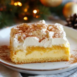 To make a delicious Eggnog Poke Cake, gather these ingredients: - 1 box vanilla cake mix (and additional ingredients for preparation) - 1 cup eggnog - 1/2 teaspoon ground nutmeg - 1/2 teaspoon cinnamon - 1/2 cup sweetened condensed milk - 1/2 cup whipped cream cheese (softened) - 1 cup whipped topping - 1/4 cup powdered sugar - Ground nutmeg and cinnamon for garnish Each ingredient plays a key role in creating a rich and festive flavor. The vanilla cake mix is the base, while eggnog adds that special holiday twist. Nutmeg and cinnamon bring warmth, making each bite feel cozy. Sweetened condensed milk adds creaminess, and whipped cream cheese gives a smooth texture. The whipped topping adds lightness and sweetness, while the powdered sugar enhances the overall flavor. Before you start, ensure all your ingredients are at room temperature. This helps blend everything smoothly, creating a cake that is soft and moist. {{ingredient_image_1}} First, preheat your oven to 350°F (175°C). This is key for even baking. Next, take a 9x13-inch baking pan. Grease and flour it well to prevent sticking. This step ensures your cake comes out in one piece. For the cake, mix the vanilla cake mix as per the package. But here’s the twist: replace 1 cup of milk with eggnog. This makes the cake rich and festive. Add 1/2 teaspoon of ground nutmeg and 1/2 teaspoon of cinnamon to the batter for extra flavor. Pour the batter into the pan and bake for 25-30 minutes. Check with a toothpick; it should come out clean when done. After baking, let the cake cool in the pan for 10 minutes. This is important to avoid burns. Then, take a skewer or fork and poke holes all over the cake. This helps the filling soak in. In a small bowl, mix 1/2 cup of sweetened condensed milk with an additional 1/2 cup of eggnog. Pour this mixture over the warm cake. Watch as it seeps into the holes for a moist treat. Now, let’s make the topping. In a bowl, beat 1/2 cup of softened whipped cream cheese until smooth. Gradually add 1/4 cup of powdered sugar, mixing well. Finally, fold in 1 cup of whipped topping until it’s nice and smooth. Spread this mixture evenly over the cake. It adds a creamy layer that balances the flavors perfectly. The last step is to chill the cake. Place it in the refrigerator for at least 2 hours. This allows the flavors to meld together. Before serving, sprinkle a little ground nutmeg and cinnamon on top for that extra holiday cheer. Enjoy this festive treat! To make your eggnog poke cake moist and tasty, follow these tips: - Use fresh ingredients. Fresh eggs and milk help improve texture. - Mix the cake batter well but avoid overmixing. This helps keep the cake light. - Poke holes while the cake is warm. This allows the filling to seep in better. - Let the cake cool in the pan for at least 10 minutes before poking holes. You can boost the flavor of your cake with these ideas: - Add more spices. Try a dash of ginger or allspice for a warm kick. - Use different eggnog types. Try spiced or flavored eggnog for a fun twist. - Mix in some vanilla extract for extra depth. This enhances the overall flavor. Make your cake a showstopper with these decoration tips: - Top the cake with whipped cream. It adds a beautiful look and taste. - Sprinkle extra nutmeg and cinnamon for a festive touch. - Use holiday-themed sprinkles or edible glitter. This makes your cake sparkle. - Serve slices on colorful plates. This adds cheer to your holiday table. Pro Tips Choose Quality Eggnog: Use a high-quality eggnog for the best flavor, as it significantly impacts the overall taste of the cake. Let the Cake Cool: Ensure the cake cools completely before poking holes and adding the condensed milk mixture to prevent it from becoming soggy. Adjust Sweetness: If you prefer a less sweet cake, reduce the amount of powdered sugar in the whipped topping mixture to suit your taste. Chill Before Serving: Allow the cake to chill for at least 2 hours, as this helps the flavors meld together and enhances the overall taste. {{image_2}} You can switch up the flavors in your eggnog poke cake. For a fun twist, try using different cake mixes. A spice cake mix adds warmth and depth. Chocolate cake mix gives a rich, indulgent taste. You can also experiment with different types of eggnog. Use dairy-free or flavored varieties, like vanilla or nutmeg. Each option brings a new flavor profile that will surprise your guests. Want a gluten-free or vegan version? You can make this cake fit your needs. For a gluten-free option, use a gluten-free vanilla cake mix. Make sure your eggnog is also gluten-free. For a vegan version, choose a plant-based eggnog. Use vegan whipped topping and cream cheese alternatives. These swaps keep the cake delicious while catering to dietary needs. Pairing your eggnog poke cake with drinks enhances the experience. A warm cup of spiced cider or a festive hot chocolate pairs well. For adults, consider serving it with a glass of rum or bourbon. Sides like gingerbread cookies or peppermint bark make great additions. These complements create a festive plate and bring joy to any gathering. To keep your eggnog poke cake fresh, store it in an airtight container. This method prevents the cake from drying out. If you don't have a container, cover it tightly with plastic wrap. This helps keep the moisture in and the flavors intact. Make sure the cake is completely cooled before storing it. Hot cake can create steam, which makes it soggy. In the refrigerator, your eggnog poke cake lasts about 3 to 5 days. The whipped topping may lose some texture after a few days, but the flavor stays great. Always check for any signs of spoilage, like an off smell or unusual texture, before enjoying your cake. You can freeze eggnog poke cake if you want to save it for later. First, slice the cake into portions. Wrap each piece tightly in plastic wrap, then place them in a freezer bag. This method protects the cake from freezer burn. When you want to eat it, thaw it in the fridge overnight. Avoid thawing at room temperature to keep the texture nice. Yes, you can make eggnog poke cake ahead of time. I recommend making it one day in advance. This allows the flavors to blend well. Just store it in the fridge until you are ready to serve. This cake tastes even better after a night in the fridge. If you do not have eggnog, you can use milk or cream. You can also mix milk with a little vanilla and spices. For a fun twist, try using flavored creamers. Just make sure to add some nutmeg and cinnamon for that holiday taste. To keep your cake from getting soggy, poke holes gently. Do not poke too deep. Use a mix of sweetened condensed milk and eggnog while the cake is warm. This way, the cake absorbs the flavor without getting too wet. Let it chill in the fridge for the right texture. This blog post covered how to create a delicious eggnog poke cake. We discussed essential ingredients, step-by-step instructions, and helpful tips. I shared ways to enhance flavors and suggested creative decorations. You can explore variations for dietary needs and learn how to store leftovers. Remember, this cake tastes best when chilled, allowing the flavors to blend. Enjoy making this festive treat for your next gathering!