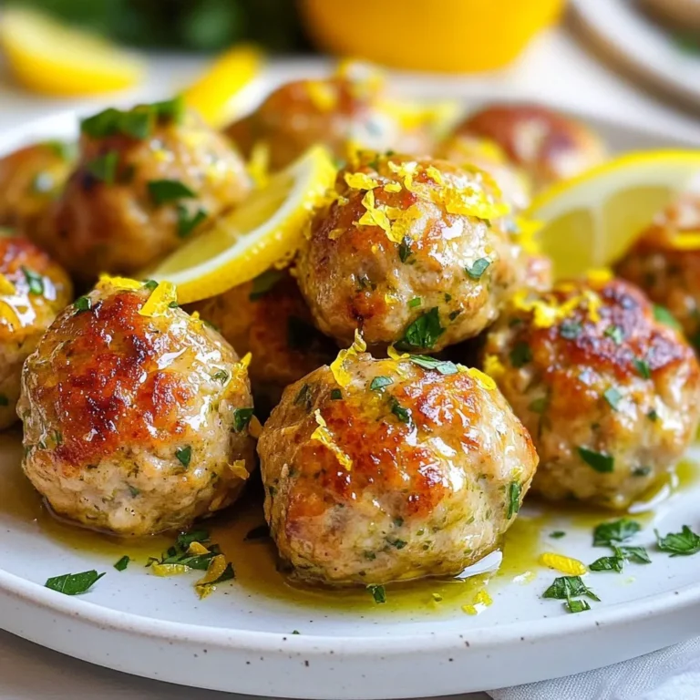 - Ground chicken: This is the base of our meatballs. It keeps them tender. - Lemon zest and juice: Fresh zest gives a bright flavor. Juice adds moisture and tang. - Fresh herbs (parsley and basil): These herbs bring freshness. They enhance the dish's flavor. - Garlic: Minced garlic adds depth and richness to each bite. - Breadcrumbs and Parmesan cheese: Breadcrumbs help bind the meatballs. Parmesan gives a savory touch. - Egg, salt, and pepper: The egg binds everything. Salt and pepper season the meatballs perfectly. - Olive oil: A drizzle of olive oil keeps the meatballs moist. - Garnishes (lemon slices and herbs): Lemon slices and herbs look nice. They add extra flavor when serving. {{ingredient_image_1}} 1. Start by mixing the ingredients. In a large bowl, combine the ground chicken, lemon zest, and lemon juice. Add the chopped parsley and basil, minced garlic, and breadcrumbs. Toss in the Parmesan cheese, egg, salt, and pepper. 2. Use your hands to mix everything. Be gentle; you want the meatballs to stay tender. 3. Next, prep the baking sheet. Preheat your oven to 400°F (200°C). Line a baking sheet with parchment paper. This will help with easy cleanup. 1. Now it is time to form the meatballs. With wet hands, take some of the mixture and roll it into 1-inch balls. Place them evenly on the baking sheet. 2. Drizzle olive oil over the meatballs. This gives them a nice coating and helps them brown. 3. Bake the meatballs in the preheated oven for 15-20 minutes. They are done when they are cooked through and lightly browned. To check for doneness, cut one in half. It should not be pink inside. 1. Once the meatballs are done, remove them from the oven. Let them cool for a few minutes before serving. 2. For garnishing, add extra lemon slices and fresh herbs on top if you like. This makes the dish look bright and inviting. Enjoy the fresh flavors! When you mix the meatball ingredients, do it gently. Overmixing can make the meatballs tough. You want a tender bite, so mix until just combined. Use your hands for the best results. It helps you feel the texture. Enjoy the process of creating something delicious! To ensure even cooking, space the meatballs out on the baking sheet. Leave some room between each one. This helps hot air circulate around them. Drizzle a little olive oil on top for a golden color. Bake at 400°F for 15-20 minutes. Check if they are done by cutting one in half. The inside should be cooked all the way through. These meatballs are great with many side dishes. Try serving them with a fresh salad or roasted veggies. They also pair well with rice or pasta. For a tasty sauce, consider marinara or a lemon herb sauce. Both enhance the fresh flavors of the meatballs. Pro Tips Keep it Tender: Avoid overmixing the meatball mixture to ensure they remain soft and tender. Handle the mixture gently and just until combined. Add Flavor: For an extra burst of flavor, consider adding some lemon zest to the breadcrumb mixture, or even a pinch of red pepper flakes for a little heat. Uniform Size: Use a cookie scoop or ice cream scoop to form the meatballs for consistent size, which helps them cook evenly. Perfectly Baked: To check for doneness, cut a meatball in half; it should be no longer pink in the center. This ensures they are fully cooked without being dry. {{image_2}} You can swap the ground chicken for other meats. Turkey works great for a leaner choice. Pork adds a rich flavor that pairs well with lemon. Both options keep the meatballs juicy and tasty. Adjust the cooking time if you use a different meat. Always check for doneness to ensure safety. Adding spices or herbs can change the taste of your meatballs. Try mixing in cumin or paprika for warmth. You can use dill or cilantro for a fresh twist. Experimenting with different herbs keeps the dish exciting. Just remember to balance the flavors so the lemon shines through. If you need gluten-free options, use gluten-free breadcrumbs. They work just as well and keep the meatballs together. For a low-carb version, replace breadcrumbs with almond flour. This change keeps the meatballs tender and low in carbs. You can enjoy a healthy dish without losing flavor! Store your Lemon Herb Chicken Meatballs in an airtight container. This keeps them fresh and tasty. They will last in the fridge for about 3 to 4 days. Make sure they cool down before you seal them up. This helps avoid moisture build-up, which can make them soggy. To freeze your meatballs, let them cool completely first. Then, place them on a baking sheet in a single layer. Freeze them for about an hour. Once they are firm, transfer them to a freezer bag. Remove as much air as possible before sealing. They can last up to 3 months in the freezer. When it’s time to reheat, you can bake them straight from the freezer. Preheat your oven to 350°F (175°C). Place the meatballs on a baking sheet and bake for 20-25 minutes. They should be hot all the way through. You can check by cutting one open; it should no longer be pink inside. These meatballs are great for meal prep. You can pair them with rice, pasta, or salad. Create balanced meals for the week. Portion out your meatballs and sides in containers. This makes it easy to grab and go. You can also make a big batch and freeze some for later. This way, you have a quick meal ready when you need it. Just remember to label your containers with the date. This helps you keep track of how long they’ve been stored. You can serve these meatballs with many sides. Here are some great options: - Rice: A simple lemon rice or jasmine rice pairs well. - Pasta: Toss with olive oil and veggies for a light dish. - Salad: A fresh green salad adds crunch and color. - Roasted Veggies: Carrots, zucchini, and bell peppers work great. - Quinoa: A healthy grain choice that is filling and tasty. These sides enhance the meal and keep it fresh. Yes, you can make these meatballs ahead of time. Here’s how: - Prep: You can mix the meatball mixture and shape them. - Storage: Place them on a baking sheet and freeze them for an hour. - Wrap: Once firm, wrap the meatballs tightly in plastic wrap. - Fridge: Store in the fridge for up to 2 days before baking. This saves time on busy days. Absolutely! These meatballs are great for meal prep. Here’s how to do it: - Portion: Form meatballs into 1-inch rounds for easy serving. - Freezing: Freeze them in a single layer on a baking sheet. - Bagging: Once frozen, place them in a freezer bag. - Reheating: Bake from frozen at 400°F for about 25-30 minutes. This helps you enjoy delicious meals all week long. You now have a clear guide to making delicious lemon herb chicken meatballs. You learned about key ingredients, step-by-step cooking methods, and helpful tips. Don’t be afraid to try variations that suit your taste. Proper storage will keep your meatballs fresh. These simple meatballs are perfect for meals, snacks, or meal prep. Dive into this tasty recipe and enjoy the burst of flavors. You can impress friends and family with your kitchen skills. Start cooking today!