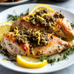 - 4 boneless, skinless chicken breasts - 4 cloves garlic, minced - 2 tablespoons fresh rosemary, finely chopped - 2 tablespoons fresh thyme leaves - 3 tablespoons olive oil - 1 teaspoon lemon zest - Salt and pepper to taste - Lemon wedges for serving Gather these fresh ingredients. The chicken is the star. It needs to be tender and juicy. Fresh herbs bring bright flavors. Garlic adds warmth and depth. Olive oil keeps the chicken moist and golden. Lemon zest gives a nice, fresh note. Salt and pepper enhance all the flavors. Make sure you have enough garlic and herbs. They create a lovely aroma while cooking. Use high-quality olive oil for the best taste. If you want a zingy touch, serve with lemon wedges. They add brightness to every bite. These ingredients are simple but powerful. They make this roasted chicken a flavorful delight. You can adjust the herbs based on what you like. Don't be afraid to experiment! {{ingredient_image_1}} Preheating the Oven First, set your oven to 400°F (200°C). Preheating helps cook the chicken evenly. Making the Herb Marinade In a small bowl, mix together 4 cloves of minced garlic, 2 tablespoons of finely chopped rosemary, 2 tablespoons of fresh thyme leaves, 3 tablespoons of olive oil, 1 teaspoon of lemon zest, and salt and pepper to taste. This blend creates a tasty herb marinade. Marinating the Chicken Next, take 4 boneless, skinless chicken breasts and pat them dry. Place them in a large bowl or a resealable bag. Pour the herb marinade over the chicken, making sure each piece is well coated. You should let it marinate for at least 30 minutes. For even more flavor, marinate for up to 2 hours in the fridge. Preparing the Baking Sheet Line a baking sheet with parchment paper. You can also lightly grease it with cooking spray. This step keeps the chicken from sticking. Roasting Process Place the marinated chicken breasts on the baking sheet in a single layer. Roast in the preheated oven for 25-30 minutes. The chicken is done when it reaches an internal temperature of 165°F (75°C). Letting the Chicken Rest After roasting, remove the chicken from the oven. Let it rest for about 5 minutes before slicing. This resting time allows the juices to redistribute. Presentation Tips Slice the chicken and arrange it on a serving platter. Garnish with freshly chopped herbs and lemon wedges for a burst of color. You can also serve it with roasted vegetables or a light salad for a complete meal. Time Considerations Marinate the chicken for at least 30 minutes. If you have more time, let it sit for up to 2 hours in the fridge. Longer marination gives more flavor. Flavor Enhancements Add a splash of lemon juice for a bright taste. You can also mix in a teaspoon of honey for a hint of sweetness. This adds depth to your dish. Ensuring Juiciness Pat the chicken dry before marinating. This helps the marinade stick better. Always use a meat thermometer to check for doneness. Aim for 165°F (75°C) inside. Avoiding Overcooking Set a timer for 25 minutes. Check the chicken at that mark. If it’s not done, roast for a few more minutes. Keep an eye on it to prevent drying out. Side Dishes to Pair Roasted vegetables, like carrots and zucchini, complement this chicken well. A light salad with greens and a citrus dressing also works great. Garnishes for Presentation Arrange the chicken on a platter. Top with fresh herbs for color. Serve with lemon wedges for an extra pop and bright flavor. Pro Tips Marinate Longer for More Flavor: Allow the chicken to marinate for at least 1-2 hours in the refrigerator. This enhances the flavors and tenderness of the meat. Use a Meat Thermometer: Ensure your chicken is cooked to perfection by using a meat thermometer. The internal temperature should reach 165°F (75°C). Experiment with Herbs: Feel free to mix and match herbs based on your preference. Basil, parsley, or oregano can also complement the chicken beautifully. Rest Before Serving: Let the chicken rest for at least 5 minutes after roasting. This allows the juices to redistribute, keeping the meat moist and flavorful. {{image_2}} You can change the herbs for great new flavors. If you don’t have rosemary or thyme, try oregano or basil. Both add a fresh taste to your chicken. You can also mix dried herbs if fresh ones are not available. Adding lemon or lime zest brightens the dish. The zest gives a great tangy kick. Just a teaspoon makes a big difference. Try it with lime for a tropical twist. Grilling offers a smoky flavor. It also gives nice grill marks. If you want juicy chicken, roast in the oven. Roasting keeps the chicken moist and tender. Just watch your cooking time closely. You can also use a slow cooker. This method makes the chicken very tender. Just add the marinated chicken and cook on low for 6 hours. It’s easy and requires little effort. You can switch up the oils in your marinade. Use avocado oil for a mild taste. Grapeseed oil works well too. Each oil changes the flavor slightly. Don’t forget to add spices. A pinch of paprika or cayenne gives a nice kick. If you want to keep it simple, use just salt and pepper. This way, the herbs shine through. - Refrigeration Tips: Place leftover chicken in an airtight container. You can store it in the fridge for up to three days. Make sure to cool it down to room temperature before sealing. This helps keep it fresh longer. - Freezing Guidelines: If you want to keep it longer, freeze the chicken. Wrap it tightly in plastic wrap and then in aluminum foil. It can last for up to three months in the freezer. Always label the package with the date. - Microwave vs. Oven: You can reheat chicken in the microwave. Use a microwave-safe dish and cover it with a lid or damp paper towel. Heat in short bursts. The oven is better for even heating. Preheat to 350°F (175°C) and bake for about 10-15 minutes. - Keeping Chicken Moist: To keep your chicken juicy, add a splash of broth or water before reheating. Cover the dish to trap steam. This prevents the chicken from drying out. - Best Practices for Safety: Always check for signs of spoilage before eating. If it smells off or has a strange color, throw it away. Proper storage is key. Follow the refrigeration and freezing tips to ensure safety. The best temperature to roast chicken breasts is 400°F (200°C). This heat cooks the chicken evenly and keeps it juicy. At this temperature, the chicken cooks well without drying out. You want a nice golden brown color on the outside. For maximum flavor, marinate chicken for at least 30 minutes. You can marinate it for up to 2 hours in the fridge. This time allows the herbs and garlic to soak into the chicken. If you have time, longer marination brings out richer flavors. Yes, you can use bone-in chicken for this recipe. Bone-in chicken adds more flavor and moisture. However, cooking times may change. Bone-in chicken usually takes longer to cook than boneless. Make sure it reaches an internal temperature of 165°F (75°C). If you don't have fresh herbs, you can use dried herbs instead. Use about one-third the amount of dried herbs as fresh. For example, if the recipe calls for 2 tablespoons of fresh rosemary, use about 2 teaspoons of dried rosemary. Dried herbs still add great flavor. This blog post covered how to roast chicken, from ingredients to cooking tips. You learned about marinating for flavor, proper cooking methods, and how to store leftovers. Remember, marinating adds taste, and using a meat thermometer prevents overcooking. Don't forget to try new herbs and spices to keep meals exciting. Now, take these steps to create a tasty and juicy chicken dish. You’ll impress your family and friends with your skills in the kitchen. Happy cooking!