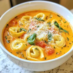 - 2 tablespoons olive oil - 1 medium onion, diced - 3 cloves garlic, minced - 1 (28 oz) can crushed tomatoes - 4 cups vegetable broth - 1 teaspoon dried oregano - 1 teaspoon sugar - 1 cup heavy cream - 1 (9 oz) package cheese tortellini - 1 cup fresh basil leaves, roughly chopped - Salt and pepper to taste - Grated Parmesan cheese for serving Each ingredient plays a key role. Olive oil gives a rich base. The onion adds sweetness and depth. Garlic brings a strong aroma to the soup. The crushed tomatoes form the main body of the soup, lending a fresh and vibrant flavor. Vegetable broth enhances the taste without meat. Dried oregano adds a hint of earthiness, while sugar balances the acidity of the tomatoes. Heavy cream creates a silky texture, making the soup creamy. Cheese tortellini adds heartiness and a cheesy punch. Fresh basil gives a bright, herbal note, and salt and pepper fine-tune the flavors. Finally, grated Parmesan cheese adds a savory finish when served. You can easily swap some ingredients. If you want a lighter version, use half-and-half instead of heavy cream. For a dairy-free option, try coconut milk or a nut-based cream. If you don’t have tortellini, any small pasta works well. You can use chicken broth instead of vegetable broth for added flavor. For a kick, add red pepper flakes. If fresh basil is hard to find, try dried basil, but use less since it’s more potent. These swaps keep the soup delicious while meeting your needs. {{ingredient_image_1}} 1. Gather your ingredients: You need olive oil, onion, garlic, crushed tomatoes, vegetable broth, dried oregano, sugar, heavy cream, cheese tortellini, fresh basil, salt, and pepper. 2. Dice the onion: This adds flavor and texture to your soup. 3. Mince the garlic: Fresh garlic gives the best taste. 4. Chop the basil: Roughly chop it to release its aroma. 1. Heat olive oil: In a large pot, warm the olive oil over medium heat. 2. Sauté the onion: Add the diced onion and cook until it looks clear, about 5 minutes. 3. Add garlic: Stir in the minced garlic and cook for 1 minute. Watch it closely! 4. Combine tomatoes and broth: Pour in crushed tomatoes and vegetable broth. Stir well. 5. Season the soup: Add dried oregano and sugar to balance the acidity. 6. Simmer: Let it cook uncovered for 15 minutes. Stir occasionally. 7. Add cream: Lower the heat and stir in heavy cream until mixed. 8. Cook tortellini: Add cheese tortellini to the pot. Cook for 5-7 minutes, or until they are soft. 9. Finish with basil: Stir in fresh basil and season with salt and pepper. - Serve hot: Ladle the soup into bowls. - Garnish: Top with grated Parmesan cheese and a few basil leaves. - Pair with bread: A crusty baguette or garlic bread makes the meal complete. To boost flavor in your creamy tomato basil tortellini soup, start with fresh herbs. Fresh basil gives a bright taste. You can also add a splash of balsamic vinegar for depth. A pinch of red pepper flakes adds warmth, too. Lastly, try a sprinkle of sugar to balance the acidity of the tomatoes. For the best texture, cook the tortellini separately. This way, they stay firm and do not soak up too much soup. Add them just before serving. If you want a thicker soup, blend a portion of it. This gives a creamy base while keeping some chunks. Avoid overcooking the garlic. It can turn bitter quickly, ruining the flavor. Also, do not skip the simmering step. This allows the flavors to blend nicely. Lastly, be careful with salt. Taste the soup before adding more. The cheese and broth can add enough salt on their own. Pro Tips Fresh Basil Matters: Using fresh basil instead of dried will elevate the flavor of your soup significantly. Add it at the end to preserve its vibrant aroma. Adjusting Creaminess: If you prefer a lighter soup, you can substitute half of the heavy cream with coconut milk or a milk alternative for a delicious twist. Perfect Tortellini: To prevent the tortellini from becoming mushy, add them to the soup just a few minutes before serving, following the package instructions for timing. Add a Kick: For a spicy version, consider adding red pepper flakes or a splash of hot sauce to the soup for an extra layer of flavor. {{image_2}} You can easily make this soup vegetarian. Start by using vegetable broth instead of chicken broth. This keeps the flavors rich and full. You can also swap cheese tortellini for a meat-free version. Many brands offer great vegetarian options. If you want more veggies, add some chopped carrots or bell peppers. They add color and crunch. For a gluten-free soup, use gluten-free tortellini. Many stores sell these now, and they taste great. You should also check your vegetable broth. Some broths contain gluten, so choose wisely. Cornstarch can help thicken the soup if needed. Just mix a bit with water before adding it to the pot. Feel free to get creative with extra ingredients. Add cooked chicken or sausage for more protein. You can also toss in frozen peas or spinach for added nutrition. If you love spice, try adding red pepper flakes. They give the soup a nice kick. Lastly, consider a splash of balsamic vinegar for a tangy twist. After you make the creamy tomato basil tortellini soup, let it cool down first. Then, transfer it to an airtight container. This soup will stay fresh in the fridge for up to three days. If you see any signs of spoilage, like a sour smell or weird color, throw it out. You can enjoy this soup as a quick lunch or a cozy dinner. To freeze the soup, use a freezer-safe container or a heavy-duty freezer bag. Make sure to leave some space at the top for expansion. The soup can last in the freezer for up to three months. When you're ready to eat it, just take it out and thaw it in the fridge overnight. This way, it will taste fresh when you heat it up. When you want to enjoy your soup again, reheat it on the stove over medium heat. Stir it often to keep it from sticking. You can also use the microwave, but stir it halfway through to heat evenly. If the soup seems too thick, add a splash of vegetable broth or water to loosen it up. Serve it hot with extra Parmesan cheese on top for a delicious treat! To make this soup spicier, add red pepper flakes. Start with a pinch and taste. You can also use diced jalapeños for heat. If you want more flavor, try adding hot sauce while cooking. These simple changes can enhance the soup and suit your taste. Yes, you can use fresh tomatoes! Use about six medium tomatoes. Peel and chop them for the soup. Fresh tomatoes may change the flavor slightly. They can also add a nice texture. Just cook them longer to break them down well. A crusty baguette is perfect with this soup. It adds texture and flavor. You can also try garlic bread for a tasty twist. Grilled cheese sandwiches make a great side too. Any of these options will complement the creamy soup nicely. This blog post covered key ingredients, cooking steps, and helpful tips for making soup. I shared substitutions and storage info to keep your soup fresh. Whether you want to spice it up or try variations, there’s something for everyone. Remember, avoiding common mistakes will help you make the best soup. Use these tips to impress your friends and family with your cooking skills. Get ready to enjoy a delicious bowl of soup!