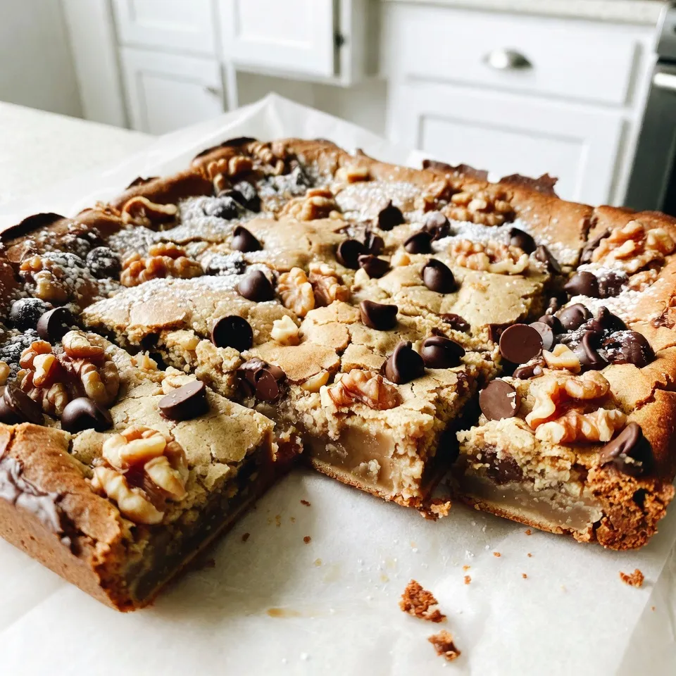 - 2 ripe bananas, mashed - 1 cup brown sugar - 1/2 cup unsalted butter, melted - 1 large egg - 1 teaspoon vanilla extract Bananas are the star of this dish. They add natural sweetness and moisture. Choose ripe bananas for the best flavor. Brown sugar gives these blondies a rich taste and a soft texture. Unsalted butter keeps the balance of flavors just right. The egg helps bind everything together, while vanilla extract adds a nice touch of warmth. - 1 cup all-purpose flour - 1/2 teaspoon baking powder - 1/4 teaspoon baking soda - 1/4 teaspoon salt Flour is the base of your blondies. It gives them structure. Baking powder and baking soda help them rise. A bit of salt enhances all the flavors and balances the sweetness. - 1/2 cup chopped walnuts or pecans - 1/2 cup chocolate chips Mix-ins add fun and texture. You can use chopped nuts for a crunch. Chocolate chips bring a sweet surprise. Feel free to skip these or swap them for your favorites. {{ingredient_image_1}} - Preheat your oven to 350°F (175°C). - Grease an 8x8 inch baking pan. You can also line it with parchment paper for easy removal later. - In a large bowl, mash the ripe bananas until smooth. - Mix in the brown sugar until it blends well. - Add the melted butter and stir until combined. - Beat in one large egg and one teaspoon of vanilla extract until the mixture is smooth. - In another bowl, whisk together one cup of all-purpose flour, 1/2 teaspoon baking powder, 1/4 teaspoon baking soda, and 1/4 teaspoon salt. - Slowly add this dry mix to the wet mixture. Stir gently until just combined. Do not overmix, as this could make the blondies tough. - If you like, fold in 1/2 cup of chopped walnuts or pecans and 1/2 cup of chocolate chips. This adds great flavor and texture. - Pour the batter into the prepared baking pan. Spread it out evenly. - Bake in your preheated oven for 25-30 minutes. Check with a toothpick; it should come out clean when the blondies are done. - Let the blondies cool in the pan for about 10 minutes. Then, transfer them to a wire rack to cool completely. Enjoy them warm or at room temperature! How to avoid overmixing To keep your blondies soft, mix gently. Stir until just combined. Overmixing makes them dense. Use a spatula to fold in dry ingredients. This helps keep air in the batter. Ensuring even baking To bake evenly, spread the batter well in the pan. Use an 8x8 inch pan for best results. Rotate the pan halfway through baking for consistent heat. Check for doneness with a toothpick. Using different types of nuts Chopped walnuts and pecans add a nice crunch. You can also try almonds or hazelnuts. Each nut gives a unique flavor to your blondies. Choose your favorite for a personal touch. Substituting chocolate chips with other ingredients If you want something new, swap chocolate chips. Try dried fruit like cranberries or apricots. You can also use white chocolate for a different taste. Experiment with what you love! Garnishing options Dust your blondies with powdered sugar for a pretty look. You can also drizzle melted chocolate on top. Fresh fruit adds color and flavor too. Get creative to make them eye-catching. Serving suggestions Serve your blondies warm for a cozy treat. They taste great at room temperature too. Pair them with whipped cream or vanilla ice cream. This adds a delightful creaminess! Pro Tips Use Overripe Bananas: The riper the bananas, the sweeter and more flavorful your blondies will be. Look for bananas that are brown and spotty for the best results. Don’t Overmix: When combining the dry and wet ingredients, mix just until combined. Overmixing can lead to dense blondies instead of the desired chewy texture. Experiment with Mix-ins: Feel free to customize your blondies with different mix-ins like dried fruits, white chocolate chips, or coconut flakes for a unique twist. Check for Doneness: Oven temperatures can vary, so start checking for doneness a few minutes early. Insert a toothpick into the center; if it comes out clean or with a few moist crumbs, they are ready! {{image_2}} To make gluten-free banana bread blondies, you can swap all-purpose flour for gluten-free flour. Some great options include: - Almond flour - Coconut flour - Gluten-free all-purpose flour blend When using these flours, check the package for specific ratios. Gluten-free flours may need different amounts of liquid or binding agents. If you want to make vegan banana bread blondies, use these plant-based swaps: - Replace the egg with 1/4 cup of unsweetened applesauce or a flax egg (1 tablespoon ground flaxseed mixed with 2.5 tablespoons water, let sit for 5 minutes). - Use coconut oil or vegan butter instead of unsalted butter. - Ensure chocolate chips are dairy-free. These substitutes keep your blondies moist and tasty, just like the original recipe. You can add unique flavors to your blondies. Here are some fun ideas: - Mix in 1 teaspoon of ground cinnamon or nutmeg for warmth. - Fold in fruit purees like apple or pumpkin to boost moisture and taste. - Add a splash of maple syrup for extra sweetness. These tweaks let you customize your blondies to fit your mood or season! To keep your banana bread blondies fresh at room temperature, let them cool completely. Place them in an airtight container. Keep them away from direct sunlight or heat. They will stay fresh for up to four days. If you want to enjoy them warm, heat them in the microwave for a few seconds. For long-term storage, freezing is your best option. Cut the blondies into squares. Wrap each square in plastic wrap. Place the wrapped pieces in a freezer-safe bag. They can last in the freezer for about three months. To defrost, take them out and leave them at room temperature. You can also microwave them for a quick treat. Banana bread blondies last up to four days at room temperature. If you freeze them, they can last up to three months. To maintain freshness, use airtight containers or freezer bags. Always check for any signs of spoilage before eating. Enjoy your tasty treat anytime! Banana bread is a moist loaf made with mashed bananas, flour, sugar, and eggs. It has a dense texture and is often baked in a loaf pan. Blondies are chewy bars that mix ingredients like butter, brown sugar, and vanilla, with or without chocolate. They are sweeter and have a softer, fudgy texture compared to banana bread. Yes, you can freeze banana bread blondies. Once they cool, cut them into squares and wrap them tightly in plastic wrap. Place the wrapped blondies in a freezer bag. They can last up to three months in the freezer. To reheat, thaw them in the fridge overnight and warm them in the oven. To check if blondies are done, insert a toothpick into the center. If it comes out clean or with a few moist crumbs, they are ready. The edges may look slightly golden, and the top should appear set and not shiny. Avoid overbaking, as they can dry out quickly. If you need an egg substitute, try these options: - 1/4 cup applesauce per egg - 1/4 cup mashed banana per egg - 1 tablespoon ground flaxseed mixed with 2.5 tablespoons water (let sit for 5 minutes) These substitutes work well and keep your blondies moist and tasty! This blog post covered how to make delicious banana bread blondies. You learned about the main and dry ingredients. I shared step-by-step baking instructions and key tips to enhance flavor and texture. We also explored variations for gluten-free and vegan diets. Remember to store your blondies properly for the best taste and texture. Baking can be fun and creative. Now, it’s your turn to try these recipes and enjoy the sweet results!