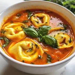 - 2 tablespoons olive oil - 1 medium onion, diced - 3 cloves garlic, minced - 1 can (28 oz) crushed tomatoes - 4 cups vegetable broth - 1 teaspoon dried oregano - 1 teaspoon sugar - Salt and pepper to taste - 2 cups cheese tortellini (fresh or frozen) - 1 cup heavy cream (or coconut cream for a lighter option) - 1 cup fresh basil leaves, chopped - Grated Parmesan cheese for serving (optional) This creamy tomato basil tortellini soup is easy to make and tastes great. Each ingredient plays a big role in the flavor. Olive oil is the base. It adds richness and helps sauté the onion and garlic. The onion gives a sweet taste, while garlic adds a nice aroma. Crushed tomatoes make the soup rich and hearty. They add a lovely red color. Vegetable broth adds depth and a savory note. Oregano, sugar, salt, and pepper are the spices. Oregano brings an earthy flavor. Sugar balances the acidity of the tomatoes. The cheese tortellini makes it filling. You can use fresh or frozen. Heavy cream adds creaminess and a smooth texture. Fresh basil gives a bright flavor. It adds a fresh touch to the soup. If you like, sprinkle grated Parmesan cheese on top for extra flavor. Gather all these ingredients, and you are ready to cook! Enjoy the process and the wonderful smells that fill your kitchen. {{ingredient_image_1}} First, get your pot ready. Pour in 2 tablespoons of olive oil and heat it over medium heat. Once hot, add 1 medium onion, diced. Cook the onion for about 5 minutes, stirring often, until it turns soft and clear. This brings out its sweetness and flavor. Next, add 3 cloves of minced garlic to the pot. Stir it in and cook for 1-2 minutes. You want to smell that wonderful garlic aroma fill your kitchen. This step adds depth to the soup. Now it's time to make the soup rich and hearty. Pour in 1 can of crushed tomatoes and 4 cups of vegetable broth. Stir it all together. Then, add 1 teaspoon of dried oregano, 1 teaspoon of sugar, and salt and pepper to taste. The sugar helps balance the acidity of the tomatoes. Bring this mixture to a gentle simmer. Simmering helps the flavors blend nicely. You will notice the colors and smells start to come alive. Once your soup is simmering, it's time for the star of the show: the tortellini! Add 2 cups of cheese tortellini into the pot. Follow the package instructions for cooking time, which is usually 3-5 minutes. Stir gently to make sure they cook evenly. After the tortellini is cooked, lower the heat. Now, slowly stir in 1 cup of heavy cream. This makes the soup creamy and smooth. Allow it to heat through but avoid boiling. Finally, remove the pot from heat and add 1 cup of fresh basil leaves, chopped. Give it a good stir. Taste and adjust with more salt or pepper if needed. Your creamy tomato basil tortellini soup is now ready to serve! To achieve the perfect soup consistency, start with a good base. Sauté the onion until soft. This brings out its natural sweetness. Add garlic next, but don’t overcook it. You want flavor, not burnt bits. When you add crushed tomatoes and broth, stir well. This helps mix the flavors. If the soup feels too thick, add more vegetable broth to thin it out. For a creamier soup, stir in the heavy cream slowly. Heat it gently to keep it smooth. For the best flavor balance, use fresh herbs like basil. It brightens the soup. Be careful with salt. Start with a little, then taste as you go. The sugar helps cut the acidity of the tomatoes. If you want more depth, add a pinch of oregano. This adds warmth to the dish. Always taste before serving to make any final adjustments. Presentation is key to enjoying your soup. Serve it in deep bowls for a cozy look. A sprinkle of fresh basil adds color and flavor. Drizzle a little olive oil on top for richness. For a complete meal, serve the soup with crusty bread. This makes a perfect pairing. You can also add a side salad for freshness. The crunch of the salad contrasts nicely with the creaminess of the soup. Enjoy every bite! Pro Tips Use Fresh Ingredients: Fresh basil and high-quality tomatoes can elevate the flavor of your soup significantly. Adjust Creaminess: For a lighter soup, substitute heavy cream with coconut cream or use half-and-half. Enhance with Spices: Add a pinch of red pepper flakes for a hint of spice or a dash of balsamic vinegar for depth. Make it Ahead: This soup stores well in the fridge; just add the tortellini right before serving to keep it al dente. {{image_2}} You can easily make this soup vegan. Just swap regular heavy cream for coconut cream. This change keeps the soup rich and creamy while making it plant-based. The coconut adds a nice hint of sweetness, balancing the tomatoes well. If you need a gluten-free option, look for gluten-free tortellini. Many brands now offer tasty gluten-free pasta. This makes the soup safe for those who avoid gluten. To kick up the flavor, try adding different herbs and spices. Fresh thyme or rosemary can add a nice touch. A pinch of red pepper flakes can also give it a little heat. Roasting your tomatoes before adding them can deepen the flavor even more. Roasted tomatoes bring a sweet and smoky taste. You can roast them in the oven with some olive oil for about 20 minutes. This simple step makes your soup even more delicious. To store leftover soup, first cool it down. Pour the soup into an airtight container. Make sure to leave some space at the top. This helps with expansion. Seal the container tightly. Place it in the fridge. Your soup will stay fresh for about three days. When ready to eat, reheat it on the stove or in the microwave. Stir well to heat evenly. If you want to freeze the soup, use a freezer-safe container. Leave about an inch of space at the top. Label the container with the date. The soup can last for about three months in the freezer. To reheat, take it out and let it thaw in the fridge overnight. Heat it gently on the stove, stirring often. Add a splash of broth or water if it seems thick. Enjoy your creamy soup whenever you crave it! Can I use frozen tortellini? Yes, you can use frozen tortellini in this soup. Just add it directly to the pot. Cook it for about 3 to 5 minutes, as per the package instructions. Frozen tortellini will work well and save time. How long does the soup last in the fridge? The soup will last about 3 to 5 days in the fridge. Store it in a sealed container to keep it fresh. Reheat it gently on the stove. Avoid boiling to keep the cream from curdling. Can I use different types of tomatoes? Yes, you can use different types of tomatoes. Fresh tomatoes can replace crushed tomatoes. Just chop them up and cook them down. You can also use diced tomatoes or even tomato puree for a different texture. What can I substitute for heavy cream? You can use coconut cream for a lighter option. It keeps the soup creamy and adds a nice flavor. You can also use half-and-half or whole milk if you want a less rich soup. This blog post shared a simple, tasty soup recipe with easy steps. I covered the ingredients, cooking methods, and tips for great results. You learned how to adjust for different diets and enhance flavors. Proper storage can help you enjoy leftovers later. I hope you feel ready to create this comforting dish. Experiment with the variations and enjoy every bowl!