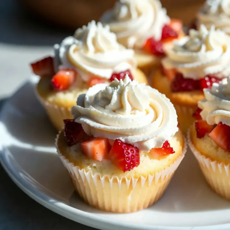 To make strawberry shortcake cupcakes, gather these simple ingredients: - 1 ½ cups all-purpose flour - 1 cup granulated sugar - ½ cup unsalted butter, softened - 2 large eggs - ¾ cup milk - 1 tablespoon baking powder - 1 teaspoon vanilla extract - ¼ teaspoon salt - 1 cup fresh strawberries, diced - 1 cup heavy whipping cream - 2 tablespoons powdered sugar - Fresh strawberries for garnish Each ingredient plays a key role in creating the right taste and texture. The all-purpose flour provides the base. Sugar sweetens the cupcakes and helps with browning. Butter adds moisture and richness. Eggs bind the ingredients and create fluffiness. Milk keeps the batter smooth and adds flavor. Baking powder makes the cupcakes rise, while vanilla extract enhances the sweet flavor. Salt balances the sweetness and brings out other flavors. Fresh strawberries add a burst of fruitiness. Heavy cream turns into whipped cream, which is a must for topping. Lastly, the extra strawberries are perfect for garnish, making the cupcakes look lovely. These ingredients are easy to find and can make your kitchen smell amazing while baking. Enjoy gathering them, as they lead to a delightful treat. {{ingredient_image_1}} Preheating the Oven and Preparing the Muffin Pan First, preheat your oven to 350°F (175°C). This step is key for even baking. While the oven heats, take a 12-cup muffin pan and line it with cupcake liners. This will keep the cupcakes from sticking. Creaming Butter and Sugar In a large bowl, combine the softened butter and granulated sugar. Use a mixer to cream them together until the mix looks light and fluffy. This process adds air to the mix and helps the cupcakes rise. Next, add the eggs one at a time, mixing well after each. Stir in the vanilla extract for extra flavor. Combining Wet and Dry Ingredients In a separate bowl, whisk together the flour, baking powder, and salt. Then, gradually add this dry mix to the butter mixture. Alternate this with the milk, mixing just until combined. Be careful not to overmix! Finally, gently fold in the diced strawberries. This adds a sweet burst of flavor to each cupcake. Filling the Muffin Cups Now, divide the batter evenly among the muffin cups. Fill each cup about two-thirds full. This gives them room to rise without overflowing. Baking Time and Toothpick Test Place the muffin pan in the preheated oven. Bake for 18-20 minutes. To check if they are done, insert a toothpick into the center of a cupcake. If it comes out clean, they are ready! Making the Whipped Cream While the cupcakes bake, prepare the whipped cream. In a mixing bowl, combine heavy whipping cream, powdered sugar, and vanilla extract. Whisk until soft peaks form. This will give you a light and airy topping for your cupcakes. Assembling the Cupcakes in Serve Once the cupcakes have cooled completely, carefully remove them from the pan. Generously top each cupcake with whipped cream. For a lovely finish, place a fresh strawberry on top. The contrast of the white cream with the red strawberry looks stunning! To make light and fluffy cupcakes, cream the butter and sugar well. This adds air to the mix. Use room temperature butter for best results. Mix the eggs in one at a time. This helps keep the batter smooth. Be careful not to overmix when adding flour. Stop mixing just when you see no dry flour. A common issue is filling the muffin cups too full. Fill each cup about two-thirds full. This gives the cupcakes room to rise. Another mistake is not checking the oven temperature. Always preheat your oven to 350°F. Use an oven thermometer if needed to ensure accuracy. For a beautiful display, arrange cupcakes on a bright platter. Add diced strawberries around the cupcakes for color. Use fresh strawberries to top each cupcake. This adds a nice touch and looks appetizing. These cupcakes go well with fresh fruit salad. You can also serve them with a scoop of vanilla ice cream. For drinks, pair with iced tea or lemonade. Both drinks balance the sweetness of the cupcakes. You will need a good mixing bowl and a whisk. A cupcake pan is essential for baking. Use cupcake liners to make for easy cleanup. Don't forget a toothpick to check if they are done. A spatula helps with folding in strawberries smoothly. Pro Tips Use Fresh Strawberries: For the best flavor, always use fresh, ripe strawberries. Frozen strawberries can make the batter too wet and affect the texture of the cupcakes. Don’t Overmix the Batter: When combining the wet and dry ingredients, mix just until combined. Overmixing can lead to dense cupcakes instead of light and fluffy ones. Chill the Whipped Cream: For the best texture and stability, chill your mixing bowl and beaters before whipping the cream. This helps achieve soft peaks more easily. Serve at Room Temperature: Let the cupcakes sit at room temperature for a bit before serving. This enhances their flavor and makes the whipped cream topping even more delightful. {{image_2}} To make gluten-free strawberry shortcake cupcakes, you can use a few great substitutes. Look for gluten-free all-purpose flour blends. Brands like Bob’s Red Mill and King Arthur Flour work well. Just swap the regular flour with the gluten-free option in a 1:1 ratio. This keeps your cupcakes fluffy and tasty. For vegan strawberry shortcake cupcakes, swap some ingredients for plant-based options. Use coconut oil or vegan butter instead of unsalted butter. Replace eggs with flax eggs. Mix one tablespoon of ground flaxseed with three tablespoons of water for each egg. Use almond or oat milk in place of regular milk. These changes make your cupcakes dairy-free and delicious. You can change up the flavor of your cupcakes easily. Try adding blueberries, raspberries, or peaches for a twist. You can also mix in a bit of almond extract for a nutty taste. Another fun option is to fold in chocolate chips or lemon zest. These additions make your strawberry shortcake cupcakes even more exciting! To keep your strawberry shortcake cupcakes fresh, follow these tips: - Store cupcakes in an airtight container. - Place them at room temperature for up to two days. - If longer storage is needed, refrigerate them for up to a week. - Keep the whipped cream separate until serving to maintain texture. These practices help keep the cupcakes soft and tasty. You can freeze these cupcakes for later enjoyment. Here’s how: - Allow cupcakes to cool completely. - Wrap each cupcake in plastic wrap tightly. - Place wrapped cupcakes in a freezer-safe bag or container. - Label with the date and freeze for up to three months. This method keeps them fresh and ready for a sweet treat. To enjoy your frozen cupcakes, thaw them safely: - Remove cupcakes from the freezer and unwrap them. - Place them in the fridge for a few hours or overnight. - For quicker thawing, let them sit at room temperature for one hour. This way, your cupcakes will taste as good as fresh-baked! You can use several fruits or flavors. Here are some ideas: - Blueberries: These small berries add sweetness. - Raspberries: They bring a nice tartness. - Peaches: Fresh diced peaches give a summer vibe. - Bananas: Mashed bananas work well in cupcakes. - Lemon zest: For a bright citrus flavor, add this. Each option offers a unique taste. You can mix and match too! Yes, you can prepare these cupcakes in advance. Here are some tips: - Bake and cool the cupcakes. Store them in an airtight container. - Keep them at room temperature for up to two days. - For longer storage, place them in the fridge for up to a week. - Make the whipped cream fresh on the day you serve. This way, your cupcakes stay soft and yummy. To boost the flavor of your cupcakes, try these tricks: - Add a splash of almond extract for nuttiness. - Mix in citrus zest like lemon or orange for brightness. - Use brown sugar instead of white for a caramel note. - Fold in chocolate chips for a sweet surprise. These small changes can make a big difference! You’ve learned how to make delicious strawberry shortcake cupcakes step by step. We covered key ingredients, baking tips, and ways to store your treats. You now know variations for gluten-free or vegan options, plus how to pair with other desserts. Remember, baking is fun and creative! Don’t hesitate to explore your own ideas. Your perfect cupcake awaits, ready to impress friends or brighten your day. Enjoy the sweet results of your hard work!