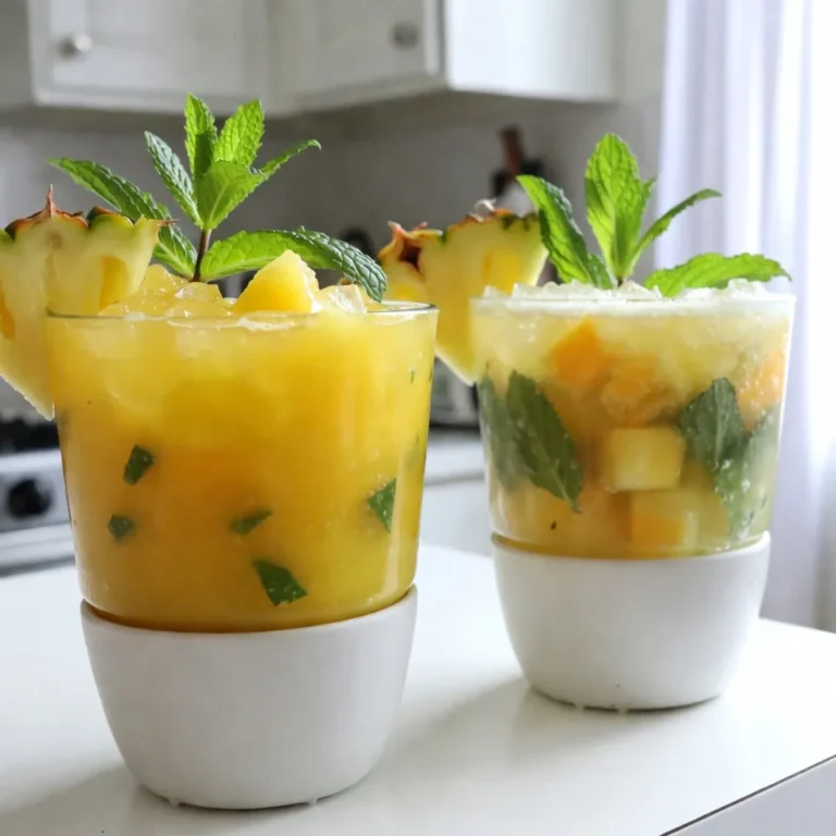 For a great Tropical Pineapple Mojito, you need fresh pineapple. Use about 2 cups of cubed pineapple. The fresh fruit gives the drink its sweet, tropical flavor. You can blend the pineapple for a smooth texture. However, keeping some pulp adds a nice touch. You will also need 1 cup of fresh mint leaves. Mint adds a cool taste to the drink. It smells great and looks lovely too. Be gentle when muddling the mint to get the oils out without tearing it apart. Next, grab 1 lime for juicing. Lime juice adds a zesty kick. It balances the sweetness of the pineapple and syrup. Fresh lime juice is best for a bright flavor. For sweetness, you will need 2 tablespoons of either agave syrup or honey. This choice depends on your taste. Agave syrup is light and blends well. Honey gives a richer flavor. Adjust the amount based on how sweet you like your drink. You will need 1 cup of sparkling water to add fizz. The bubbles lift the drink and make it refreshing. You can use any sparkling water you like. It adds a fun texture to each sip. Prepare some ice cubes to keep your drink cold. Ice is key for a refreshing mojito. It cools the drink and makes it perfect for hot summer days. Finally, for garnishes, use pineapple slices and mint sprigs. These add color and a nice touch. They make your drink look extra special when you serve it. {{ingredient_image_1}} First, take two cups of fresh pineapple and cut it into cubes. Place these cubes in a blender. Blend them until smooth. If you want a smoother drink, strain the puree. I like to keep some pulp for texture and flavor. Next, grab a large pitcher. Add one cup of fresh mint leaves and the juice of one lime. Use a muddler or the back of a spoon to gently crush the mint. This step helps release the mint's oils. Be careful not to tear the leaves too much. Now, pour the pineapple puree into the pitcher with the mint and lime. Mix everything well. You want the flavors to blend together nicely. Add two tablespoons of agave syrup or honey to the pitcher. Stir the mixture until it combines well. Taste it to see if you want to add more sweetness. Adjust it to fit your taste. Fill each glass with ice cubes. Pour the pineapple-mint mixture over the ice until full. Finally, top each glass with sparkling water. Stir gently to mix. For a lovely touch, garnish with pineapple slices and mint sprigs. When picking a pineapple, look for one that feels heavy. It should smell sweet at the base. The skin should be golden and have a slight give when pressed. A ripe pineapple gives the best flavor for your mojito. Muddling is all about releasing flavors. Use a muddler or the back of a spoon. Gently press down on the mint leaves and lime juice in your pitcher. Do not shred the leaves too much. This keeps the drink fresh and bright. Taste your mixture before serving. If you want it sweeter, add more agave syrup or honey. Mix well after each addition. You can always add more, but you cannot take it out! If you want a different sweetener, try maple syrup or simple syrup. Both work well. You can even use coconut sugar for a unique flavor. Just remember to adjust the amount based on sweetness level. Serve your mojito in clear glasses to show off the bright colors. Add ice cubes before pouring in the drink. Garnish with fresh pineapple slices and mint sprigs. This makes your drink look as good as it tastes! Pro Tips Freshness Matters: Always use fresh pineapple and mint for the best flavor. Canned pineapple can be used in a pinch, but it won't have the same vibrant taste. Adjust the Sweetness: Depending on the sweetness of your pineapple, you may need to adjust the amount of agave syrup or honey. Taste as you go! Chill Your Glasses: For an extra refreshing drink, chill your glasses in the freezer for about 15 minutes before serving. Experiment with Flavors: Feel free to add other fruits like mango or berries for a tropical twist, or swap out the mint for basil for a unique flavor profile. {{image_2}} You can mix in other fruits for fun. Mango gives a sweet twist. Kiwi adds a tangy zing. Just blend these fruits with the pineapple. This makes your drink colorful and unique. Experimenting with fruits makes each mojito special. If you want a non-alcoholic drink, skip the rum. Just follow the main recipe without any spirits. The fresh pineapple and mint still shine. This virgin version is perfect for kids or anyone avoiding alcohol. You can add coconut rum for a tropical feel. It adds a rich flavor that pairs well with pineapple. Use about 1 ounce per glass for a nice kick. This simple infusion turns your mojito into a beachy delight. In summer, keep it light and fresh. Use ripe fruits and lots of ice. In winter, add spices like cinnamon or nutmeg. You can also warm it up by using hot water instead of sparkling water. This twist makes it cozy and special for colder days. If you have leftover mojito mixture, store it in the fridge. Use a sealed container to keep it fresh. I recommend using it within two days for the best taste. If you want to save it longer, consider freezing it. Pour the mixture into ice cube trays. Once frozen, transfer the cubes to a bag. This way, you can enjoy a quick drink later! Always keep your fresh ingredients in the fridge. Store mint leaves in a glass of water, like a bouquet. Cover the leaves with a plastic bag to keep them fresh. For pineapple, cut it up and put it in an airtight container. Keep lime juice in a sealed bottle in the fridge. This keeps everything ready for your next mojito! Prepared mojitos taste best right after making them. If you store them, they last about one day in the fridge. The mint flavor fades, and the drink may become flat. If you notice any changes in color or smell, it's best to toss it. Enjoy your mojito fresh for the best summer vibes! A Tropical Pineapple Mojito is a fun twist on the classic mojito. It mixes fresh pineapple, mint, lime juice, and sparkling water. This drink is sweet, refreshing, and perfect for hot days. The bright flavors of pineapple and mint make it a summer favorite. Yes, you can prepare the mix ahead of time! Blend the pineapple and muddle the mint with lime juice. Store this mix in the fridge. When you are ready to serve, just add ice and sparkling water. This way, you save time and enjoy more fun with friends. If you don't have agave syrup, honey works great too. You can also use simple syrup. Just mix equal parts sugar and water until the sugar dissolves. Each sweetener adds a unique flavor, so choose what you like best. Absolutely! A non-alcoholic Tropical Pineapple Mojito is easy to make. Just skip the rum and enjoy the fruity mix with sparkling water. It tastes just as good and is great for everyone. This drink shines at summer parties, barbecues, and beach outings. It also fits well at birthdays and picnics. Serve it to impress guests and keep everyone cool and happy. Dried mint is not the best choice for this drink. Fresh mint gives a vibrant flavor and aroma. If you can't find fresh mint, try to use mint extract instead. Just use a small amount, as it is stronger than fresh leaves. This blog post shared how to make a refreshing Tropical Pineapple Mojito. We covered choosing fresh ingredients, like ripe pineapple and mint. You learned step-by-step how to prepare, mix, and serve your drink. We also explored tips for taste, variations to try, and how to store leftovers. Enjoy this vibrant drink for any occasion. The right ingredients and simple steps make it easy. With your new skills, impress friends and family with every sip.