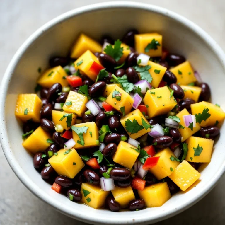 - Ripe mango - Black beans - Red bell pepper - Red onion - Jalapeño - Fresh cilantro - Lime juice - Olive oil - Salt and pepper Gathering fresh ingredients is key for the best flavor. Start with a ripe mango. Look for one that feels soft yet firm. Ripe mangoes are sweet and juicy, which adds a great taste. Next, grab a can of black beans. Rinse and drain them well. Black beans bring a nice texture and add protein. Choose a red bell pepper for its sweetness. Chop it finely, so it blends well with other ingredients. A small red onion adds sharpness and color. Finely chop it to mix easily into the salsa. For some heat, add a jalapeño. Make sure to deseed and mince it. Adjust the amount to control spice level based on your taste. Fresh cilantro is a must. Chop about 1/4 cup for its bright flavor. Lime juice adds zest and tang. Use the juice of two limes for a fresh kick. Drizzle in two tablespoons of olive oil. It adds richness and helps blend the flavors. Finally, season with salt and pepper to taste. These simple seasonings enhance all the fresh ingredients. With these ingredients, you will create a fresh and flavorful salsa that is sure to impress. {{ingredient_image_1}} To make Mango Black Bean Salsa, start by mixing the ingredients. In a large bowl, combine the diced mango, black beans, finely chopped red bell pepper, and red onion. Don’t forget to add the minced jalapeño for some heat. This mix of ingredients gives you a colorful base. Next, it's time to add the lime juice and olive oil. Squeeze the juice from two limes directly over the mix. Then, drizzle in two tablespoons of olive oil. This will add shine and flavor. Now, season to taste. Sprinkle salt and pepper over the mixture. You can adjust the lime or olive oil to fit your taste. Make sure everything is evenly coated. When mixing, be sure to toss gently. This helps keep the mango pieces intact. A gentle toss also blends the flavors without mashing the ingredients. Letting the salsa sit for about 15 minutes is key. This allows the flavors to meld together. The wait is worth it! You will taste a burst of freshness in every bite. Choosing the right mango Pick a mango that feels soft but not mushy. A ripe mango has a sweet smell. It should have a golden color with some red. If you can't find ripe mangoes, let them sit at room temperature for a few days. This will help them ripen. Adjusting spice levels If you like heat, leave some seeds in the jalapeño. For less heat, use only half of the jalapeño. You can also replace it with a sweet pepper. This way, you keep the flavor without the spice. Ideal garnishes Garnish your salsa with whole cilantro leaves. This adds color and freshness. You can also add slices of lime on the side. It looks great and lets people add more lime if they want. Pairing with tortilla chips Serve the salsa with crispy tortilla chips. The crunch pairs well with the soft mango and beans. You can also use veggie sticks like carrots or cucumbers. This makes a fun, fresh snack or appetizer. Pro Tips Choose the Right Mango: Select a ripe mango that gives slightly when pressed. This ensures maximum sweetness and juiciness. Fresh Ingredients Matter: Use fresh lime juice and high-quality olive oil for the best flavor. Avoid bottled lime juice if possible. Adjust Heat Level: For a milder salsa, remove all seeds from the jalapeño. For more heat, keep some seeds or add a pinch of cayenne pepper. Chill Before Serving: Allow the salsa to chill in the refrigerator for 30 minutes before serving for enhanced flavor melding. {{image_2}} You can easily change the fruit in this salsa. Pineapple adds a sweet twist. Avocado gives it a creamy texture. Both fruits brighten the dish and add flavor. Feel free to try any fruit you love! You can also switch out the black beans. Kidney beans offer a different taste and color. Chickpeas add a nutty flavor and extra protein. These swaps keep the recipe fresh and exciting. Adding spices can bring new life to your salsa. Cumin adds warmth and depth. A pinch of garlic powder can enhance the taste too. Both spices work well with the other flavors. You can use different herbs for a twist. Mint adds a refreshing taste. Parsley gives a clean flavor that balances the sweetness of mango. Try mixing and matching to find your favorite combination! To keep your mango black bean salsa fresh, store it in an airtight container. This helps maintain its taste and crunch. Place the container in the fridge right after serving. The salsa stays fresh for up to three days. After that, the flavors may fade, and the veggies can get soggy. If you want to store the salsa for a longer time, freezing is a great option. You can freeze it in a freezer-safe bag or container. Make sure to remove as much air as possible before sealing. This helps prevent freezer burn. The salsa can stay good in the freezer for up to three months. For thawing, take the salsa out of the freezer and place it in the fridge overnight. This keeps the texture nice. You can also run the sealed bag under cold water for quicker thawing. Avoid using a microwave, as it can make the salsa mushy. To pick a ripe mango, look for a mango that is slightly soft. It should have a sweet smell near the stem. The color can vary, but it should have some yellow or red. Avoid hard or very green mangoes. Yes, you can make this salsa ahead of time. Just mix all the ingredients and store it in the fridge. It is best if you eat it within 24 hours. This salsa tastes great after the flavors blend. This salsa has a mild heat from the jalapeño. If you want less spice, remove the seeds and membranes. You can also use less jalapeño for a milder taste or skip it altogether. Mango Black Bean Salsa is great with tortilla chips. You can also serve it with grilled chicken or fish. It makes a colorful topping for tacos or salads, adding a fresh touch to any dish. This blog covered how to make a fresh and tasty Mango Black Bean Salsa. You learned about the key ingredients, like ripe mango and black beans. I shared easy steps for mixing and tips for perfect flavor. You can customize your salsa with various fruits and spices. Lastly, I discussed how to store your salsa for freshness. Enjoy making this vibrant dish. It’s perfect for sharing at any gathering!