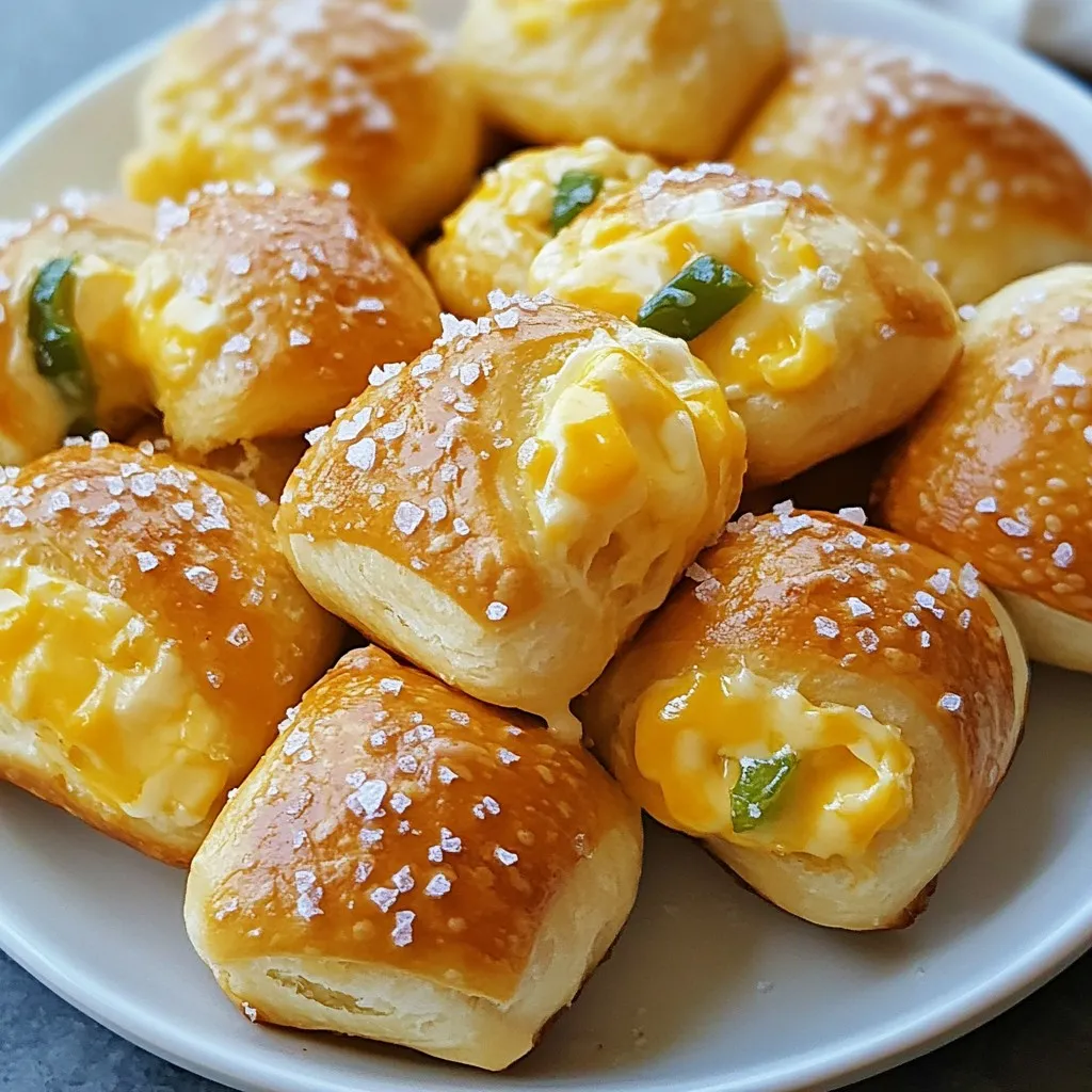 - 1 ¾ cups warm water (110°F) - 2 tablespoons granulated sugar - 1 packet (2 ¼ teaspoons) active dry yeast - 4 cups all-purpose flour - ½ cup baking soda - 1 teaspoon salt - 1 cup shredded sharp cheddar cheese - 2 jalapeños, finely chopped (seeds removed for less heat) - 1 large egg, beaten (for egg wash) - Coarse sea salt, for sprinkling - Optional: ½ teaspoon garlic powder for extra flavor You can replace all-purpose flour with bread flour for a chewier bite. If you want less heat, use just one jalapeño or substitute with mild peppers. For cheese, try mozzarella or pepper jack for different tastes. If you need a dairy-free option, use vegan cheese. Instead of egg wash, use milk or a plant-based milk for a shiny finish. Fresh ingredients make a big difference in flavor and texture. Use warm water that feels good to the touch. Yeast should be active and fresh for the dough to rise well. Old flour can lead to tough pretzels. Fresh jalapeños add a bright, zesty kick. Always check the dates on your ingredients for the best results. {{ingredient_image_1}} Start by making the dough. In a large bowl, mix 1 ¾ cups of warm water, 2 tablespoons of sugar, and 1 packet of active dry yeast. Let this sit for 5 to 10 minutes. You want it to get frothy. This shows the yeast is active. Next, take another bowl and mix 4 cups of all-purpose flour with 1 teaspoon of salt. If you like, you can add ½ teaspoon of garlic powder for extra flavor. Gradually add this dry mix to the yeast mixture. Knead the dough for about 5 minutes until it is soft and smooth. Now, it’s time to add the fun stuff! Mix in 1 cup of shredded sharp cheddar cheese and 2 finely chopped jalapeños. Knead the dough again to spread the cheese and jalapeños evenly. Once the dough is ready, place it in a greased bowl. Cover it with a clean towel and let it rise in a warm spot for about 1 hour. It should double in size. After it rises, punch down the dough to release air. Turn it out onto a floured surface. Cut the dough into small 1-inch pieces and roll each piece into a ball. Next comes the boiling. In a large pot, boil 10 cups of water mixed with ½ cup of baking soda. Drop in the pretzel bites in batches, about 8 to 10 at a time. Boil each batch for 30 seconds. Use a slotted spoon to take them out and place them on a baking sheet. Preheat your oven to 425°F (220°C) while you prepare the pretzel bites. Once they are on the baking sheet, brush the tops with a beaten egg. Sprinkle coarse sea salt over them for a tasty finish. Bake the bites for 12 to 15 minutes. You want them golden brown and fully cooked. When they come out of the oven, let them cool slightly. Now, they are ready to enjoy! To get that ideal pretzel texture, focus on the boiling step. Boiling the bites in water with baking soda gives them a chewy outside. Make sure the water is at a rolling boil before adding the dough. Boil each batch for exactly 30 seconds. This short time is key for a good rise in the oven. After boiling, brush the bites with egg wash. This helps them turn golden brown and shiny. Pairing these bites with the right dip can boost their flavor. Here are some great options: - Cheese Sauce: Creamy and cheesy, it complements the cheddar. - Mustard: A tangy mustard adds a nice kick. - Guacamole: Smooth and creamy, it balances the heat from the jalapeños. - Sour Cream: Cool and rich, it makes a great contrast to the spicy bites. Feel free to mix and match! Avoid these common mistakes for the best results: - Not Measuring Ingredients Accurately: Precision is key. Use measuring cups for the flour and water. - Skipping the Boiling Step: This step is crucial for the right texture. Don’t skip it! - Under or Overbaking: Keep an eye on the oven. Bakes should be golden brown, not burnt. - Not Letting the Dough Rise Enough: Allow the dough to double in size. This creates a fluffy inside. By following these tips, you can make Jalapeno Pretzel Bites that are both tasty and fun! Pro Tips Tip for Perfect Dough: Ensure your water is at the right temperature (around 110°F) to activate the yeast without killing it. Tip for Cheese Melting: Use freshly shredded cheese for better melting and flavor compared to pre-packaged shredded cheese. Tip for Extra Flavor: Add a pinch of cayenne pepper to the dough for an extra kick of heat that complements the jalapeños. Tip for Boiling: Boiling the pretzel bites in baking soda water gives them their signature flavor and chewy texture, don't skip this step! {{image_2}} You can change the cheese in jalapeno pretzel bites for new tastes. Try mozzarella for a milder, stretchy bite. Pepper jack adds more heat and flavor. Swiss cheese gives a nutty taste. You can even mix cheeses for a unique twist. Each choice will change the flavor and make your bites special. To adjust the heat, you have options. If you want less spice, remove all the jalapeño seeds. You can also use fewer jalapeños. For more heat, use extra jalapeños or add a pinch of cayenne pepper. You could also sprinkle red pepper flakes on top before baking. This way, you can make the bites just how you like them. You can make these bites vegan by swapping cheese with a plant-based version. Use almond or oat milk instead of water. For gluten-free bites, replace all-purpose flour with gluten-free flour. Just make sure to check the baking soda for gluten. These changes let everyone enjoy jalapeno pretzel bites, no matter their diet! To store leftover jalapeno pretzel bites, let them cool first. Place them in an airtight container. They stay fresh for about 2 days at room temperature. If you want to keep them longer, store them in the fridge. Just remember, the texture may change a bit. When you’re ready to eat your leftovers, preheat your oven to 350°F (175°C). Place the pretzel bites on a baking sheet. Heat them for about 5-7 minutes. This method helps restore their soft and chewy texture. You can also microwave them, but they may get a bit chewy. If you want to save them for later, freezing works well. Place the cooled pretzel bites in a single layer on a baking sheet. Freeze them for about 1 hour until firm. Then, transfer them to a freezer-safe bag. They can last up to 3 months in the freezer. When you want to enjoy them again, thaw in the fridge overnight and reheat as mentioned above. Jalapeno pretzel bites are soft, chewy snacks made from dough. They have a nice kick from jalapenos and the rich flavor of cheddar cheese. These bites are perfect for sharing or enjoying on your own. Homemade pretzel bites can last about 2 to 3 days when stored in an airtight container. For best taste, eat them fresh. If you keep them longer, they might get tough. Yes, you can make these pretzel bites ahead! Prepare the dough and shape the bites. Then, freeze them before boiling. When you’re ready, just boil, bake, and enjoy. These bites taste great with various dips. You can serve them with cheese sauce, ranch dressing, or spicy mustard. Get creative and try different sauces! The spice level depends on the jalapenos you use. Removing the seeds makes them milder. If you love heat, leave some seeds in for a bigger kick. Making your own Jalapeno Pretzel Bites is fun and tasty. We covered important ingredients and how fresh they should be. You learned step-by-step instructions for making the dough and baking. We shared tips to help you achieve the best texture and avoid common mistakes. Plus, you found many delicious variations and effective storage methods. Enjoy your pretzel bites with different dipping sauces. Now, get in the kitchen and start creating your perfect snack!