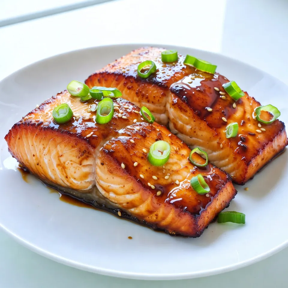 To make teriyaki glazed salmon, you need these key ingredients: - 4 salmon fillets - 1/2 cup low sodium soy sauce - 1/4 cup honey - 2 tablespoons rice vinegar - 2 cloves garlic, minced - 1 teaspoon fresh ginger, grated - 1 tablespoon sesame oil Each ingredient plays an important role. The soy sauce gives saltiness, while honey adds sweetness. Rice vinegar adds a little tang, and garlic plus ginger bring depth to the flavor. Sesame oil adds a nice nutty taste that ties it all together. You can add these optional ingredients for extra flavor: - 1 tablespoon cornstarch (for thickening) - 1 green onion, sliced (for garnish) - Sesame seeds (for garnish) These ingredients are not a must, but they enhance the dish. Cornstarch helps make the glaze thicker. Green onion and sesame seeds make a great garnish that looks nice and adds crunch. When you buy salmon, look for these signs of quality: - Bright, vibrant color - Firm texture - Fresh smell Wild-caught salmon often tastes better than farmed. If you can, choose sustainable options. Fresh salmon is key for good flavor. Always check the sell-by date to ensure freshness. {{ingredient_image_1}} To start, grab a medium bowl. Add 1/2 cup of low-sodium soy sauce. Then, mix in 1/4 cup of honey. Next, pour in 2 tablespoons of rice vinegar. Add 2 cloves of minced garlic and 1 teaspoon of grated fresh ginger. Finally, stir in 1 tablespoon of sesame oil. Whisk everything until it blends well. If you want a thicker sauce, mix 1 tablespoon of cornstarch with cold water. Stir that into the sauce. Set this glaze aside. Now, preheat your oven to 375°F (190°C). Line a baking sheet with parchment paper for easy cleanup. Place 4 salmon fillets on the sheet, skin-side down. Use a brush to apply the teriyaki glaze on top of each fillet. Make sure to save some glaze for later. Bake the salmon for about 15 to 20 minutes. You want it to be cooked through and flaky. Halfway through, baste the salmon with more glaze for extra flavor. For a tasty caramelized finish, you can broil the salmon. Do this for the last 2 to 3 minutes of cooking. Keep a close eye on it to avoid burning. Once it looks golden, take it out of the oven. Let it rest for a couple of minutes before serving. This adds a nice touch to your dish. To cook salmon just right, choose fresh fillets. Look for bright color and no strong smell. Preheat your oven to 375°F (190°C). This helps the fish cook evenly. Bake for 15-20 minutes. Check the fish with a fork. It should flake easily when done. If you like a crispy top, broil for the last 2-3 minutes. Keep an eye on it to avoid burning. Basting adds flavor and keeps the salmon moist. Brush the teriyaki glaze on the salmon before baking. Reserve some glaze for later. Halfway through cooking, baste the salmon with the extra glaze. This step gives the fish a nice shine and deeper flavor. You can baste twice if you want even more flavor. Pair your teriyaki glazed salmon with simple sides. Steamed rice is a great choice. It soaks up the sauce well. You can also serve it with sautéed vegetables. Broccoli, snap peas, or bok choy work wonderfully. A fresh salad adds a nice crunch. Try some cucumber or avocado for a cool touch. Enjoy your meal with a light drink like green tea or sparkling water. Pro Tips Use Fresh Ingredients: Always opt for fresh salmon and ingredients like ginger and garlic for the best flavor and texture. Marinate for Extra Flavor: If time allows, marinate the salmon in the teriyaki sauce for 30 minutes to 1 hour before baking for a deeper flavor. Check for Doneness: Use a fork to check if the salmon flakes easily; it should be opaque in the center when fully cooked. Serve with Sides: Pair your teriyaki glazed salmon with steamed rice and vegetables for a complete, balanced meal. {{image_2}} You can switch up the glaze for your teriyaki salmon. Try using maple syrup instead of honey for a different sweetness. If you want a spicy kick, add sriracha or red pepper flakes. For a fruity twist, mix in some orange juice. You can also use coconut aminos as a soy sauce alternative. This option works well for those who avoid gluten. Each change offers a new taste that still pairs well with salmon. Grilling brings a smoky flavor to your teriyaki salmon. Preheat your grill and oil the grates. Place the salmon on the grill, skin-side down. Cook for about 6-8 minutes per side. Make sure to brush the glaze on while cooking. Baking is the easier method. You simply place your salmon in the oven as described above. Both methods create a delicious dish, so pick what you enjoy most. To make teriyaki glazed salmon gluten-free, use a gluten-free soy sauce. Many brands offer this option. For a low-carb version, stick to the basic glaze without honey. You can use a sugar substitute like erythritol. This change keeps the flavor while cutting down on carbs. With these simple swaps, everyone can enjoy this tasty meal. You can store leftover teriyaki glazed salmon in the fridge. Keep it in an airtight container. Salmon stays fresh for up to three days. Make sure it cools down before sealing. If you have extra glaze, store it in a separate container. If you want to keep salmon longer, freezing is a great option. Wrap each fillet tightly in plastic wrap. Then, place the wrapped salmon in a freezer-safe bag. It can last for up to three months in the freezer. When you're ready to eat, thaw it overnight in the fridge. To reheat salmon, use the oven for best results. Preheat your oven to 350°F (175°C). Place the salmon on a baking sheet. Cover it with foil to keep it moist. Heat for about 10-15 minutes. You can also use a microwave, but watch it closely. Heat in 30-second bursts to avoid overcooking. Enjoy your tasty leftovers! You can use maple syrup as a great substitute for honey. It adds sweetness and flavor. Agave nectar works well too. Brown sugar mixed with water can also be a good option. The texture may change slightly, but your glaze will still taste great. Yes, you can use frozen salmon. Just make sure to thaw it first. Place the salmon in the fridge overnight for best results. If you are in a hurry, you can thaw it in cold water for about an hour. This helps it cook evenly. Salmon is done when it flakes easily with a fork. It should turn from bright pink to a lighter shade. If you have a meat thermometer, the inside should reach 145°F (63°C). Keep an eye on it to avoid overcooking, as it can dry out. Yes, teriyaki glazed salmon is healthy. Salmon is rich in omega-3 fatty acids, which are good for your heart. The glaze has soy sauce and honey, which add flavor without too many calories. Pair it with veggies for a balanced meal. In this article, we explored how to make teriyaki glazed salmon. We covered the essential ingredients and optional ones to boost flavor. You learned how to pick the best salmon and make a tasty teriyaki sauce. We shared tips for cooking and basting, plus suggestions for side dishes. Variations included different glazes and cooking methods. Lastly, we provided storage info and answered common questions. Now, you have all the tools to create delicious teriyaki salmon at home. Enjoy cooking!