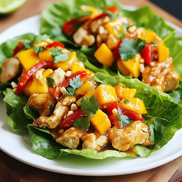 - 1 lb chicken breast, diced - 1 ripe mango, diced - 1 bell pepper (red or yellow), diced - 1/2 red onion, finely chopped - 2 cloves garlic, minced - 1 tablespoon fresh ginger, grated - 2 tablespoons soy sauce (low-sodium) - 1 tablespoon honey - 1 tablespoon sesame oil - 1 tablespoon lime juice - Salt and pepper to taste - 1 head of butter or romaine lettuce, leaves separated - Fresh cilantro, for garnish - Crushed peanuts, for topping (optional) Mango Chicken Lettuce Wraps use fresh, vibrant flavors to create a fun meal. Each ingredient plays a vital role in the dish. You start with chicken breast. It provides a solid base for protein. Dice the chicken into small pieces for even cooking. Next, ripe mango adds a sweet touch. Its bright color and taste contrast nicely with the savory chicken. Choose a mango that is firm but slightly soft to the touch. The bell pepper adds a crunchy texture. You can use red or yellow bell peppers for sweetness. Dicing it into small pieces will help it blend well with the other ingredients. Red onion offers a sharp flavor that balances the dish. Chop it finely so that it cooks quickly and evenly. Don't forget the garlic and ginger. They add depth and warmth to the dish. Mince the garlic and grate the ginger for a smooth mix. Soy sauce and honey create a sweet and salty sauce. Use low-sodium soy sauce to keep it healthier. Sesame oil gives a nutty flavor. Lime juice adds a zesty kick, brightening up the wrap. Lastly, fresh cilantro and crushed peanuts are optional, but they enhance the overall flavor. Cilantro adds freshness, while peanuts add crunch. These toppings elevate the dish and make it even more enjoyable. {{ingredient_image_1}} First, heat a large skillet over medium-high heat. Add one tablespoon of sesame oil to the skillet. This oil brings a great flavor. Once the oil is hot, add the diced chicken breast. Season it with salt and pepper. Sauté the chicken for about 5 to 7 minutes. You want it fully cooked and slightly browned. This step helps keep the chicken juicy. Next, it’s time to add some flavor! Include two cloves of minced garlic, one tablespoon of grated ginger, and half a finely chopped red onion. Stir these into the skillet. Cook for an additional 2 to 3 minutes. You want the onions to become translucent. This step makes the dish smell amazing and builds a strong base of flavor. Now, pour in two tablespoons of low-sodium soy sauce and one tablespoon of honey. Stir well to coat the chicken evenly. Let it simmer for another 2 minutes. This allows the sauce to thicken slightly. After that, remove the skillet from the heat. Fold in one diced ripe mango and one diced bell pepper. Gently mix until all ingredients are combined. Be careful to keep the mango intact, as it adds sweetness. To sauté chicken well, start with a hot skillet. Heat the sesame oil over medium-high heat. This helps the chicken brown nicely. Cut the chicken into small, even pieces. This ensures they cook through quickly. Season them with salt and pepper to enhance the flavor. When adding the mango, be gentle. The mango is soft and can break apart easily. Fold it into the chicken mixture at the end. This keeps it intact and juicy. If you want a change from chicken, try tofu or shrimp. Both give a different flavor profile. Tofu is a great option for a plant-based meal. Shrimp cooks fast, just like chicken. For mango alternatives, use peaches or pineapples. Both fruits add sweetness and brightness. Peaches have a similar texture. Pineapple gives a tangy twist that works well. You can get creative with how you serve your lettuce wraps. Try adding sliced cucumber or carrots for extra crunch. A side of rice or quinoa balances the meal. You can also offer a small bowl of extra soy sauce for dipping. Pair these wraps with a light salad or a cold drink. A fresh lemonade or iced tea complements the flavors nicely. Enjoy your meal with friends and family for a fun gathering! Pro Tips Choose Ripe Mango: Make sure to select a ripe mango for the best flavor. It should have a slight give when squeezed and a sweet aroma at the stem end. Cook Chicken Thoroughly: Ensure the chicken is cooked to an internal temperature of 165°F (75°C) for safety. Use a meat thermometer for accuracy. Customize Veggies: Feel free to substitute or add other vegetables like shredded carrots or cucumbers for extra crunch and flavor. Serving Suggestions: Serve the wraps with a side of extra lime wedges and dipping sauce for an enhanced flavor experience. {{image_2}} You can change the taste of your mango chicken lettuce wraps easily. To add spice, try jalapeños or chili flakes. These will give your dish a nice kick. I like to add a little heat for extra flavor. For something sweeter, consider using agave syrup. It blends well with the honey and makes the sauce even tastier. You can adjust these flavors to match your taste. Making this dish fit your diet is simple. For a gluten-free option, use tamari instead of soy sauce. This swap keeps the dish safe for gluten-free diets. If you're vegan or vegetarian, use tofu instead of chicken. You can sauté it the same way. This gives you a rich, satisfying meal without meat. Both options keep the flavor strong and delicious. Lettuce wraps are fun, but you can try other options too! Iceberg or kale can work just as well. They give a nice crunch and hold the filling well. If you want something different, use tortillas or rice paper. These can make a great base for the filling. Just roll them up and enjoy! Each option adds its unique twist to the dish. To keep your mango chicken lettuce wraps fresh, store leftovers in the fridge. Use an airtight container. This keeps air out and helps prevent spoilage. Make sure the chicken mixture cools before sealing it. This prevents condensation, which can make your wraps soggy. You can freeze the chicken mixture for later use. First, let it cool completely. Then, portion it into freezer-safe bags. Remove as much air as possible before sealing. When ready to eat, thaw the mixture overnight in the fridge. Reheat it on the stove until hot. Avoid microwaving to keep the chicken tender. In the fridge, the wraps can last up to three days. After that, the quality may drop. Check for any off smells or changes in color. If you see these signs, it’s best to discard the leftovers. Enjoy your wraps fresh for the best taste! To make Mango Chicken Lettuce Wraps low-carb, swap out some ingredients. Use chicken thighs instead of breasts for more flavor. Replace honey with a low-carb sweetener like stevia. You can also skip the bell pepper or use fewer veggies. Each of these changes cuts carbs while keeping taste. You can use canned mango, but fresh is best. Canned mango is often softer and sweeter. This can change the texture of your wraps. Fresh mango gives a firmer bite and a brighter taste. If you choose canned, rinse it to reduce extra syrup. Mango Chicken Lettuce Wraps pair well with several sides. Try serving them with a light salad or rice. A crisp cucumber salad adds freshness. For drinks, iced tea or a fruity mocktail works great. These choices balance the flavors of the wraps. To make your wraps spicier, add chopped jalapeños to the mix. You can also sprinkle in red pepper flakes for heat. Another option is to use spicy sauce in place of soy sauce. Start with a little, taste, and adjust as needed for the right kick. This recipe for Mango Chicken Lettuce Wraps highlights simple ingredients and easy steps. You learned how to cook the chicken, add aromatics, and mix in fresh mango and peppers. We also shared tips for perfecting your dish, ingredient swaps, and various ways to serve it. Remember, you can customize it to fit your taste. Enjoy the flavors, and don't hesitate to experiment with different combinations. Happy cooking!
