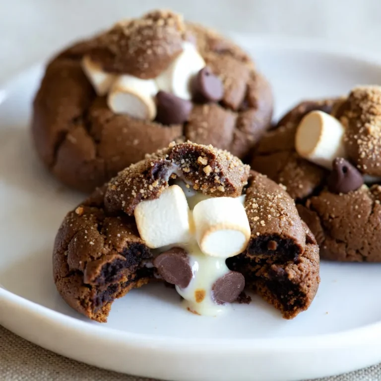To make these S’mores stuffed chocolate cookies, you need some key ingredients. Here’s the full list: - 1 cup all-purpose flour - 1/2 cup cocoa powder - 1/2 teaspoon baking soda - 1/4 teaspoon salt - 1/2 cup unsalted butter, softened - 1/2 cup granulated sugar - 1/2 cup brown sugar, packed - 1 large egg - 1 teaspoon vanilla extract - 1 cup mini chocolate chips - 1/2 cup mini marshmallows - 1/2 cup graham cracker crumbs Each ingredient plays a special role. The all-purpose flour gives the cookies their structure. Cocoa powder adds rich chocolate flavor. Baking soda helps them rise, while salt enhances the taste. You need softened unsalted butter for a creamy texture. Granulated sugar provides sweetness, and brown sugar adds moisture and depth. An egg binds everything together, while vanilla extract gives a warm, inviting aroma. The mini chocolate chips ensure every bite is packed with chocolatey goodness. Mini marshmallows melt and provide that classic s’mores feel. Finally, graham cracker crumbs add a delightful crunch and authentic s’mores flavor. Gather these ingredients to create a treat that will impress everyone! {{ingredient_image_1}} - Prepping the Oven and Baking Sheet Start by preheating your oven to 350°F (175°C). Line a baking sheet with parchment paper. This helps cookies bake evenly and makes cleanup easy. - Mixing Dry Ingredients In a medium bowl, whisk 1 cup of all-purpose flour, 1/2 cup of cocoa powder, 1/2 teaspoon of baking soda, and 1/4 teaspoon of salt. This mix gives the cookies their rich chocolate flavor. - Creaming the Butter and Sugars In a large mixing bowl, cream 1/2 cup of softened unsalted butter, 1/2 cup of granulated sugar, and 1/2 cup of packed brown sugar. Mix until it looks light and fluffy. This step adds air to your cookies, making them soft. - Combining Wet and Dry Ingredients Add 1 large egg and 1 teaspoon of vanilla extract to the butter-sugar mix. Stir well to combine. Then, gradually add the dry mix to the wet mix. Stir until just combined. Overmixing can make the cookies tough. - Preparing the Cookie Dough Fold in 1 cup of mini chocolate chips. This adds extra chocolatey goodness. Take about a tablespoon of dough, flatten it, and place a few mini marshmallows and a sprinkle of graham cracker crumbs in the center. Top it with another tablespoon of dough and roll it into a ball to seal the edges. - Forming the S’mores Stuffed Cookies Place your cookie dough balls on the lined baking sheet. Make sure to leave space between them, as they will spread while baking. - Baking Time and Temperature Bake the cookies for 10-12 minutes. The edges should be firm, but the centers can remain soft. This creates a chewy texture. - Cooling and Storage Tips Let the cookies cool on the baking sheet for 5 minutes. Then, transfer them to a wire rack to cool completely. Store them in an airtight container to keep them fresh. Enjoy your delicious s’mores stuffed chocolate cookies! To get your cookies just right, pay close attention to baking time. Bake them for 10 to 12 minutes. The edges should be firm, while the centers remain soft. This balance keeps the cookies chewy. Sealing the edges is key to a great cookie. After you fill the dough with marshmallows and graham cracker crumbs, roll it into a ball. Make sure the edges are sealed tight. This step prevents the filling from leaking out during baking. Using quality ingredients makes a big difference. Choose a good cocoa powder and fresh butter. Fresh mini marshmallows add a nice texture. These choices enhance flavor and ensure that your cookies taste amazing. For a fun presentation, serve your cookies warm on a rustic wooden board. Add some graham cracker squares and chocolate bars on the side. This creates a complete s’mores experience that everyone will love. Pair these cookies with a cold glass of milk. The rich chocolate flavor goes perfectly with milk’s creaminess. You can also serve them with hot cocoa for a cozy touch. If you want to add extra toppings, try drizzling melted chocolate on top. You can sprinkle more graham cracker crumbs for added crunch. These small touches make your cookies even more special. Pro Tips Chill the Dough: For even thicker cookies, chill the dough for about 30 minutes before baking. This helps prevent spreading and keeps your cookies nice and puffy. Use Fresh Ingredients: Ensure your baking soda and cocoa powder are fresh for the best flavor and texture. Stale ingredients can lead to flat or bland cookies. Customize Your Fillings: Feel free to mix and match your fillings! Try adding peanut butter chips or different types of chocolate for a unique twist on the classic s’mores flavor. Store Properly: To keep your cookies soft and chewy, store them in an airtight container at room temperature. You can also freeze them for longer storage! {{image_2}} Peanut Butter S’mores Cookies You can add peanut butter to your dough for a nutty twist. Just mix in 1/2 cup of creamy peanut butter when you cream the butter and sugars. This change adds rich flavor and pairs well with chocolate and marshmallows. Gluten-Free Alternatives To make these cookies gluten-free, swap the all-purpose flour with a gluten-free blend. Look for a blend that contains xanthan gum for best results. This way, everyone can enjoy these treats! Different Fillings and Mix-ins You can get creative with the fillings! Try adding caramel bits or even nut pieces. Chopped nuts like pecans or walnuts can add a great crunch to your cookies. Mix and match to find your favorite blend! Fall Spice S’mores Cookies For a fall twist, add spices like cinnamon and nutmeg. Mix in 1 teaspoon of cinnamon and 1/4 teaspoon of nutmeg to your dry ingredients. This gives your cookies a warm, cozy flavor perfect for the season. Festive Holiday Versions During the holidays, you can add peppermint extract for a fresh taste. Replace the vanilla with 1/2 teaspoon of peppermint extract. You can also sprinkle crushed candy canes on top for a fun look and extra flavor. These cookies will be a hit at holiday parties! To keep your cookies fresh, use an airtight container. This will help them stay soft. You can layer the cookies with parchment paper to prevent sticking. Make sure the lid fits snugly. If you have extra cookies, you can freeze them. Wrap each cookie in plastic wrap and place them in a freezer bag. They will stay fresh for up to three months in the freezer. These cookies taste best when fresh. You should eat them within a week when stored at room temperature. To keep them at their best, avoid exposing them to heat or moisture. Signs of spoilage include hardening or a change in smell. If they smell off or feel dry, it's best to toss them. Always check before indulging in that sweet treat! Can I use regular marshmallows instead of mini? Yes, you can use regular marshmallows. Just cut them into smaller pieces. This helps them fit better in the cookie. You might need to bake a bit longer since larger marshmallows take more time to melt. How do I know when the cookies are done? Look for firm edges with a soft center. The cookies should look set but still soft in the middle. They will continue to cook a bit after you take them out of the oven. What’s the best way to reheat them? To reheat, place cookies in the microwave for about 10 seconds. This warms them up quickly. You can also use the oven at 350°F (175°C) for a few minutes. This method keeps them nice and soft. Can I substitute the cocoa powder? Yes, you can use carob powder instead of cocoa powder. Carob gives a unique flavor. This change makes the cookies caffeine-free, which some people may prefer. How do I make them dairy-free? To make these cookies dairy-free, substitute the butter with a dairy-free margarine. You can also use coconut oil for a slight coconut flavor. Ensure that your chocolate chips are dairy-free as well. Making s’mores stuffed cookies is fun and easy. We covered all you need: ingredients, step-by-step prep, and baking tips. From mixing the dough to adjusting baking time, every detail matters. Remember, using quality ingredients helps. Try out the variations for a unique twist each time. Store your cookies in an airtight container for lasting freshness. With these insights, you can enjoy tasty treats anytime. Enjoy baking and sharing your delicious cookies!