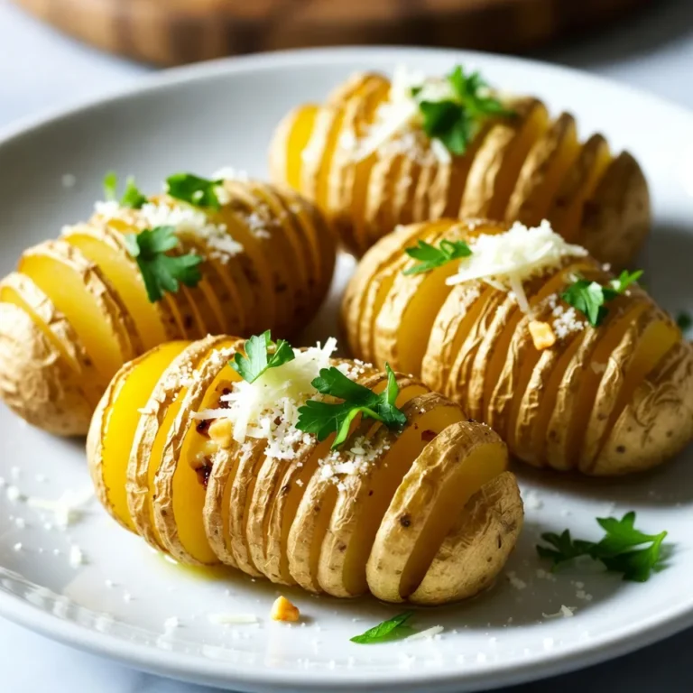- 4 medium-sized russet potatoes - 4 tablespoons unsalted butter, melted - 5 cloves garlic, minced - 1/2 cup grated Parmesan cheese - 2 tablespoons olive oil - 1 teaspoon dried thyme - 1 teaspoon salt - 1/2 teaspoon black pepper - Fresh parsley, chopped for garnish Gathering the right ingredients is key to making Garlic Parmesan Hasselback Potatoes. Each element plays a role in creating that perfect blend of flavors. Start with russet potatoes. They have a fluffy texture that works great when baked. You need four medium-sized ones. Next, grab unsalted butter. It adds richness. You can use four tablespoons, melted. Garlic is a star in this dish. Five cloves, minced, will give it a strong flavor. Parmesan cheese brings a nutty taste. Measure out half a cup for that cheesy goodness. Don’t forget olive oil. You need two tablespoons to help with crisping. Dried thyme adds an earthy flavor, so use one teaspoon. Salt and black pepper enhance all the tastes. Use one teaspoon of salt and half a teaspoon of black pepper. Finally, fresh parsley is perfect for garnish. It adds a pop of color and freshness. With these ingredients, you will make a dish that’s an irresistible delight. {{ingredient_image_1}} - Preheat the oven to 425°F (220°C). - Wash and dry the potatoes well. - Place each potato between two wooden spoons or chopsticks. This helps guide your cuts. - Carefully slice the potatoes about 1/8 inch apart. - Make sure not to cut all the way through the potato. This creates the Hasselback look. - In a bowl, mix melted butter, minced garlic, olive oil, thyme, salt, and pepper. - Brush this garlic butter mixture over the potatoes. Get some into the cuts for flavor. - Sprinkle grated Parmesan cheese on top of the potatoes. - Place the potatoes on a parchment-lined baking sheet. Bake for 40-50 minutes. - Halfway through baking, brush the potatoes again with the garlic butter for extra crispiness. To get the best texture, make sure to cut your potatoes evenly. Aim for 1/8-inch slices. This helps the potatoes cook evenly and gets that nice Hasselback look. If your potatoes are larger, adjust the bake time. You might need an extra 10 minutes for bigger spuds. Keep an eye on them to avoid burning. Want to jazz up the flavor? Try adding herbs like rosemary or spices like paprika. Both add a nice kick. You can also mix cheeses for more taste. Use a blend of Parmesan and mozzarella for creaminess. This combo will make your dish even more delightful. Garnishing makes a big difference in how your dish looks. Use fresh herbs like parsley for a pop of color. A sprinkle of lemon zest adds brightness too. This gives your potatoes an appealing look and fresh flavor. Presenting your food well makes it taste even better in your mind! Pro Tips Use a Sharp Knife: A sharp knife will make it easier to cut the potatoes without crushing them, ensuring clean, even cuts for that perfect Hasselback look. Experiment with Seasonings: Feel free to customize the seasoning blend. Adding smoked paprika or chili flakes can give the potatoes an extra kick! Let Them Rest: Allowing the potatoes to rest for a few minutes after baking helps the flavors settle, enhancing the overall taste. Double Bake for Extra Crispiness: For an even crispier exterior, you can bake the potatoes a second time for an additional 10-15 minutes after brushing with more butter. {{image_2}} You can boost the flavor by adding cheese. Shredded mozzarella or cheddar works great. Just sprinkle it on top during the last few minutes of baking. This will melt into a gooey layer and make the potatoes even more delicious. Imagine biting into that cheesy goodness while enjoying the crispy exterior. Perfect for cheese lovers! Feel free to get creative with herbs. Fresh or dried basil and oregano are fantastic choices. Simply mix them into the garlic butter before brushing it on the potatoes. Each herb adds a unique taste that enhances the overall flavor. You can also try rosemary or dill for a different twist. The aromas will make your kitchen feel like a cozy restaurant. If you like a kick, add some heat! Red pepper flakes or smoked paprika can spice things up. Mix a teaspoon of either into the garlic butter blend. This will give your potatoes a nice, warm flavor. If you want more heat, just add a bit more. It’s a fun way to customize your dish to fit your taste. Enjoy the exciting burst of flavors! To keep your Garlic Parmesan Hasselback Potatoes fresh, store them in the fridge. Place them in an airtight container. Make sure to let them cool down first. This prevents extra moisture from building up. You can keep them for up to three days. If you want to save them longer, freezing is a great option. When it's time to enjoy your leftovers, the oven is best. Preheat your oven to 350°F (175°C). Place the potatoes on a baking sheet. Heat for about 15 to 20 minutes. This method keeps them crispy. The microwave works too, but it may make them soft. If you use the microwave, heat in short bursts. Check often to avoid overcooking. To freeze your Hasselback potatoes, first cool them completely. Wrap each potato in plastic wrap. Then, place them in a freezer bag. Squeeze out as much air as possible. Label the bag with the date. You can freeze them for up to three months. When ready to eat, thaw them overnight in the fridge. Reheat them in the oven for the best texture. Enjoy those crispy edges again! Yes, you can use other potatoes. Baby Yukon Gold potatoes work great too. They are creamy and sweet. Fingerling potatoes give a nice shape. Red potatoes can also be a fun twist. Just make sure they are firm and not too small. Avoid very starchy potatoes like instant mash types. To prep ahead, you can slice the potatoes first. Then, store them in water to prevent browning. You can mix the butter and garlic in advance too. Brush them on the potatoes right before baking. Bake them fresh when you're ready to serve. These potatoes pair well with many dishes. Try serving them with grilled chicken or fish. They also go nicely with a juicy steak. For a lighter meal, add a fresh salad. Roasted vegetables can add color and nutrition to your plate. This blog post covered how to make delicious Garlic Parmesan Hasselback Potatoes. We discussed the steps, from prep to baking, and included tips to improve texture and flavor. Additionally, I shared variations, storage advice, and answers to common questions. You can enjoy these crispy potatoes as a side dish or snack. Experiment with flavors to find your favorite twist. With these guidelines, cooking will be a breeze. Enjoy making these tasty Hasselback potatoes!
