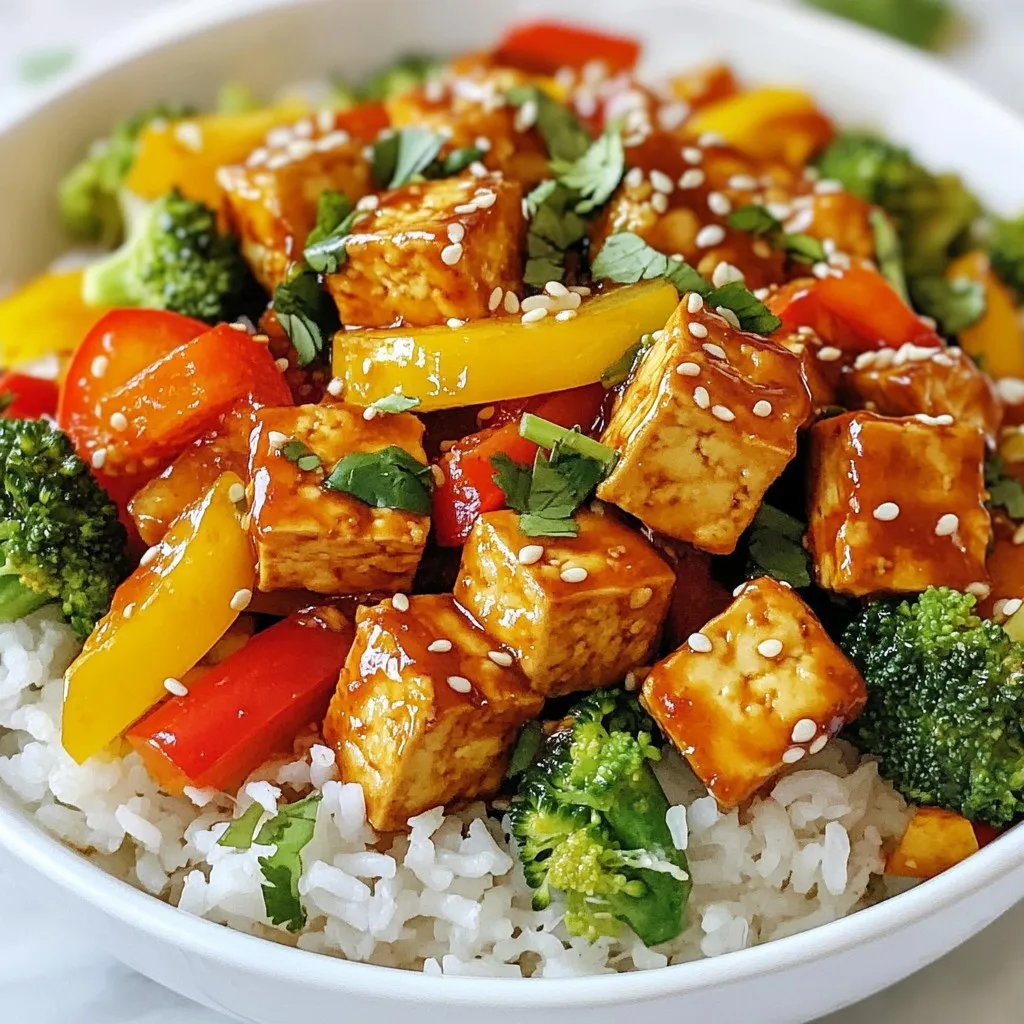 When I make Sweet Chili Tofu Stir-Fry, I gather these ingredients first. They create a bright and tasty dish that everyone loves. - 1 block firm tofu, pressed and cubed - 2 tablespoons cornstarch - 2 tablespoons vegetable oil - 1 red bell pepper, sliced - 1 yellow bell pepper, sliced - 1 cup broccoli florets - 1 carrot, julienned - 3 green onions, sliced - 3 cloves garlic, minced - 1 inch ginger, grated - 1/4 cup sweet chili sauce - 2 tablespoons soy sauce (or tamari for gluten-free) - 1 tablespoon sesame seeds (for garnish) - Fresh cilantro for garnish (optional) Using firm tofu gives the dish texture. Pressing it removes excess moisture, helping it crisp up. The cornstarch adds a lovely crunch. I like using colorful bell peppers for a pop of color. Broccoli and carrots provide a nice crunch. Garlic and ginger add warmth and flavor. Sweet chili sauce and soy sauce bring it all together. Finally, sesame seeds and cilantro give it a fresh touch. {{ingredient_image_1}} First, press the tofu to remove extra water. This helps it crisp up later. After pressing, cut the tofu into small cubes. Next, toss the cubes in cornstarch. This will give the tofu a nice, crunchy coating. Now, heat one tablespoon of vegetable oil in a large skillet over medium-high heat. Once the oil is hot, add the tofu cubes. Fry them until they turn golden and crispy, which takes about five to seven minutes. After that, remove the tofu from the skillet and set it aside. In the same skillet, add another tablespoon of vegetable oil. Then, add three cloves of minced garlic and one inch of grated ginger. Sauté for about 30 seconds. This will fill your kitchen with a lovely aroma. Next, add one sliced red bell pepper, one sliced yellow bell pepper, one cup of broccoli florets, and one julienned carrot to the skillet. Stir-fry these colorful veggies for about four to five minutes. You want them to soften but stay bright and fresh. Now, return the crispy tofu to the skillet. Pour in one-fourth cup of sweet chili sauce and two tablespoons of soy sauce. Toss everything gently to coat the tofu and vegetables in the sauce. Cook for another two to three minutes. This helps the sauce thicken slightly and brings all the flavors together. To achieve crispy tofu, start by pressing it. This step removes extra moisture. Use firm tofu for the best results. Cut the tofu into even cubes. Toss these cubes with cornstarch until each piece is coated. Heat oil in a skillet until it's hot. Fry the tofu for about 5-7 minutes. Look for a golden brown color. This makes the tofu crispy on the outside and soft inside. To boost flavor, use fresh garlic and ginger. Sauté them in the skillet for 30 seconds. This brings out their aroma. You can also add a splash of soy sauce while cooking. It enhances the overall taste. For a touch of sweetness, consider drizzling a bit more sweet chili sauce over the stir-fry at the end. This will add a lovely glaze. For presentation, sprinkle sesame seeds on top. They add a nice crunch and visual appeal. Fresh cilantro can brighten the dish. Just chop it finely and sprinkle it on before serving. You can also add extra green onions. This gives a fresh and vibrant look. Serve the stir-fry over jasmine rice or quinoa for a complete meal. Pro Tips Press Your Tofu: Ensure you press your tofu for at least 15-30 minutes to remove as much moisture as possible. This will help it achieve a crispy texture when cooked. Customize Your Veggies: Feel free to swap out the vegetables based on what you have on hand or your personal preferences. Snap peas, zucchini, or bok choy would also work great! Perfectly Coat the Tofu: After tossing the tofu in cornstarch, let it sit for a few minutes before frying. This allows the cornstarch to adhere better and create a crispier crust. Adjust the Spice Level: If you like it spicy, add a dash of sriracha or red pepper flakes to the sauce. For a milder flavor, reduce the amount of sweet chili sauce. {{image_2}} You can swap veggies to change the taste of your stir-fry. Here are some ideas: - Zucchini: Adds a soft crunch. - Snap peas: Offers a sweet snap. - Mushrooms: Brings a savory, earthy tone. - Cauliflower: Acts as a great base for absorbing flavors. Feel free to experiment with what's in your fridge. Mixing different vegetables keeps meals fresh and fun. Tofu is great, but you can try other proteins too. Here are some options: - Chicken: Cut it into small pieces and cook until golden. - Shrimp: Quick to cook and adds a seafood twist. - Tempeh: A nutty flavor that works well with sweet chili sauce. - Chickpeas: A great plant-based option for extra protein. These proteins can make the dish more filling and tasty. Besides sweet chili sauce, you can add other flavors. Here are some sauces to mix in: - Teriyaki sauce: Adds a sweet and savory depth. - Peanut sauce: For a creamy and nutty taste. - Sriracha: If you love heat, this is a perfect choice. - Hoisin sauce: Brings a sweet and tangy flavor. Adding these sauces can help you create a unique dish every time. To keep your Sweet Chili Tofu Stir-Fry fresh, store leftovers in an airtight container. Let the dish cool before sealing. This helps avoid moisture build-up. It stays good in the fridge for about 3 to 4 days. When you’re ready to eat, check the smell and color before reheating. Yes, you can freeze Sweet Chili Tofu Stir-Fry. However, the texture of the tofu may change. To freeze, place the cooled stir-fry in a freezer-safe container. Make sure to remove as much air as possible. It will last for about 2 to 3 months in the freezer. When you’re ready to eat, thaw it in the fridge overnight. For the best taste, reheat your stir-fry on the stove. Use a non-stick skillet over medium heat. Add a splash of water or oil to keep it from sticking. Stir often until heated through. You can also use a microwave for quick reheating. Place it in a microwave-safe bowl and cover it loosely. Heat in short bursts, stirring in between, until warm. Yes, you can make this recipe gluten-free by using tamari instead of soy sauce. Tamari is a great option. It has a similar taste but does not contain wheat. This swap keeps the dish tasty and safe for those with gluten sensitivities. If you want more heat, add sliced fresh chili peppers or a few drops of hot sauce. You could also sprinkle red pepper flakes during cooking. This will boost the spice level and make the dish more exciting. Just be careful not to add too much at once. This stir-fry pairs well with jasmine rice or quinoa. Both options soak up the sweet sauce nicely. You might also serve it with a side salad for crunch. You can add steamed dumplings for a fun touch. Each of these sides will complement the flavors well. This recipe for Sweet Chili Tofu Stir-Fry combines fresh veggies and crispy tofu for a tasty meal. You learned how to prepare and cook tofu, sauté aromatic ingredients, and stir-fry vegetables for a colorful dish. With tips on perfecting texture and enhancing flavors, plus variations and storage solutions, you have all you need to make this dish your own. Enjoy experimenting with different ingredients to create your favorite version. Now, you can impress anyone with your cooking skills!