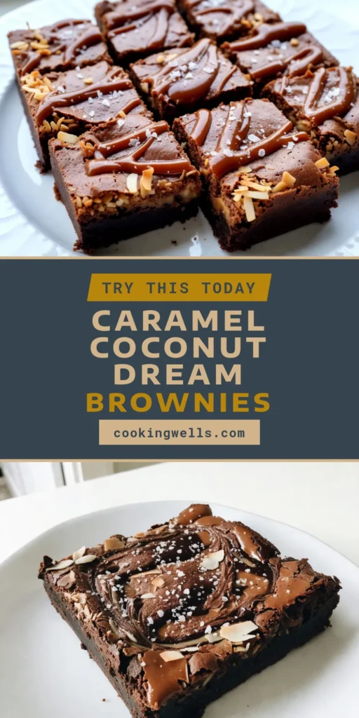 Indulge in the rich flavors of Caramel Coconut Brownies, a decadent twist on your classic Coconut Brownie Recipe. These easy brownies with caramel are perfect for satisfying your sweet tooth. With the irresistible combination of chocolate and coconut, plus a delightful sprinkle of flaky sea salt, this homemade brownies with sea salt recipe is a must-try! Pin now for a delicious chocolate coconut dessert that everyone will love! #CaramelCoconutBrownies #EasyBrownies #ChocolateDessert #CoconutBrownies