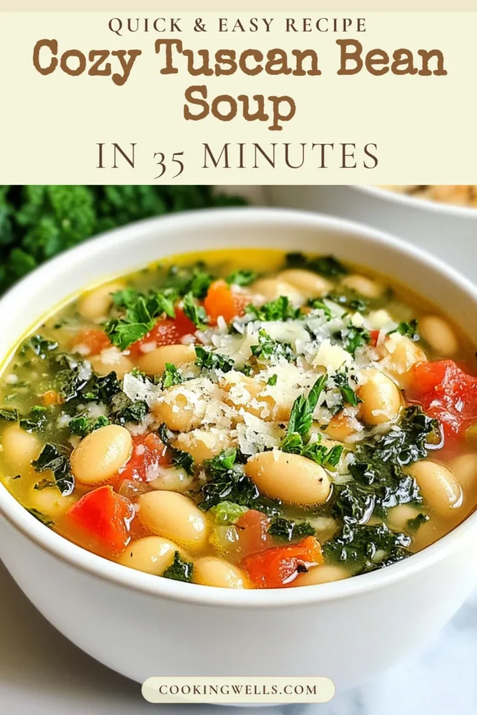 Warm up with this delicious Tuscan white bean soup, a healthy Italian soup that's perfect for any season! This hearty vegetable bean soup recipe, featuring cannellini beans and kale, is not only flavorful but also packed with nutrients. In just 35 minutes, you can enjoy a comforting bowl of kale and bean soup that’s sure to impress. Try it today and savor every bite! Save this recipe for an easy, nutritious meal! #TuscanWhiteBeanSoup #HealthyItalianSoup #VegetableBeanSoup #CannelliniBeanSoup