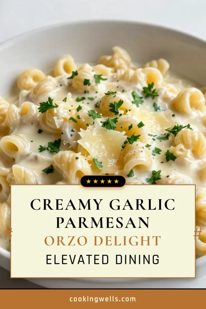 Indulge in this creamy garlic parmesan orzo that's sure to delight your taste buds! This easy creamy pasta dish features tender orzo pasta cooked in rich vegetable broth, then tossed with a luscious garlic parmesan sauce. Perfect for any weeknight meal, this orzo pasta recipe is simple and satisfying. Try the creamy garlic parmesan orzo today and elevate your dinner game! Save this recipe for later! #CreamyGarlicParmesanOrzo #EasyRecipes #PastaLovers #ComfortFood