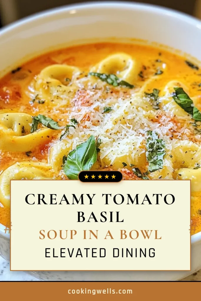Indulge in the comforting warmth of creamy tomato basil soup with this easy tortellini soup recipe! Perfect for busy weeknights, this creamy tomato basil tortellini soup features rich flavors, fresh basil, and tender cheese tortellini. Make this vegetable soup with basil your go-to for a quick dinner. Ready in just 40 minutes, it's a delicious meal that everyone will love. Save this recipe for your next cozy night! #TortelliniSoup #TomatoSoup #VegetableSoup #EasyRecipes