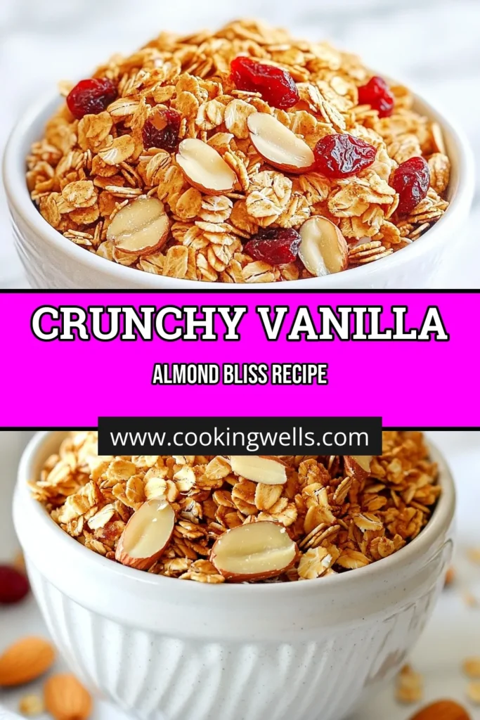 Enjoy the delicious crunch of homemade vanilla almond granola! This healthy breakfast granola is made with rolled oats and sliced almonds, perfectly sweetened with honey or maple syrup. It's an easy granola with nuts that you can whip up in just 40 minutes. Perfect for topping yogurt or enjoying as a snack! Save this recipe for a nutritious and delightful treat! #VanillaAlmondGranola #HealthyBreakfast #HomemadeGranola #CrunchyGranola