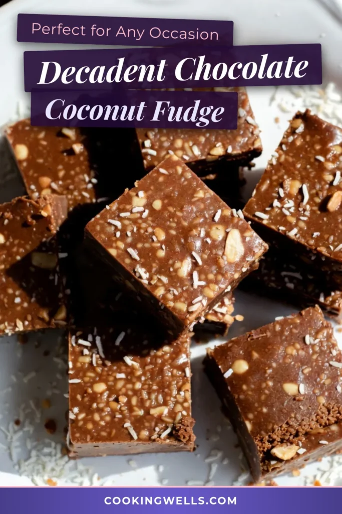 Indulge in this delicious Chocolate Coconut Fudge, an easy no-bake fudge dessert that’s perfect for chocolate lovers! This easy chocolate fudge recipe combines creamy chocolate, fluffy coconut, and crunchy homemade fudge with nuts. It's simple to make and requires just a few ingredients. Treat yourself and your loved ones with these delightful coconut chocolate treats. Save this recipe for later and enjoy the sweet moment! #ChocolateCoconutFudge #NoBakeDessert #EasyFudgeRecipe #CoconutChocolateTreats