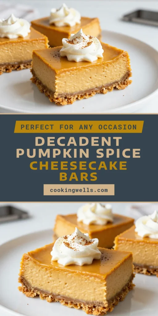 Indulge in the flavors of fall with these delightful Pumpkin Spice Cheesecake Bars! This easy pumpkin dessert recipe features a creamy, no-bake cheesecake filling that's perfectly spiced and layered over a buttery graham cracker crust. Perfect for gatherings or cozy nights at home! Try this simple fall dessert idea that everyone will love. Don't forget to save this delicious recipe for later! #PumpkinSpice #DessertIdeas #FallBaking #PumpkinBars