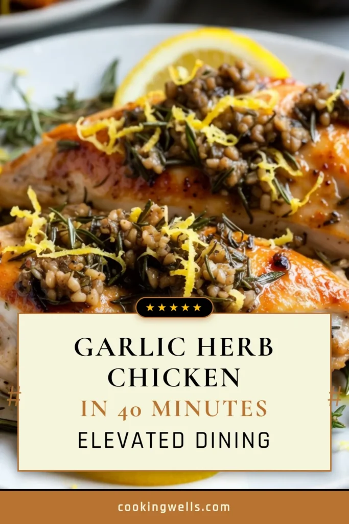 Discover the perfect Garlic Herb Chicken with this roasted chicken breasts recipe that’s easy to make and bursting with flavor. This baked chicken with herbs features a delicious easy chicken marinade of minced garlic, rosemary, and thyme. Serve it with fresh lemon for a zesty finish. Elevate your dinner with this simple yet elegant dish! Try this lemon garlic chicken recipe tonight and impress your family. Save this for later! #GarlicHerbChicken #EasyChickenRecipe #HealthyDinner #CookingAtHome