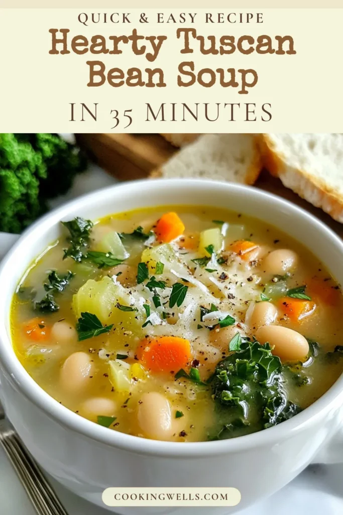 Savor the goodness of this delicious Tuscan white bean soup, a healthy bean soup recipe that nourishes both body and soul. Packed with nutrients, this vegan soup with kale is perfect for a cozy meal. Made with fresh veggies and herbs, this easy vegetable soup is a crowd-pleaser everyone will love. Try this homemade Italian soup recipe today and elevate your dining experience. Save this for later! #TuscanWhiteBeanSoup #VeganSoup #HealthyRecipes #EasySoup