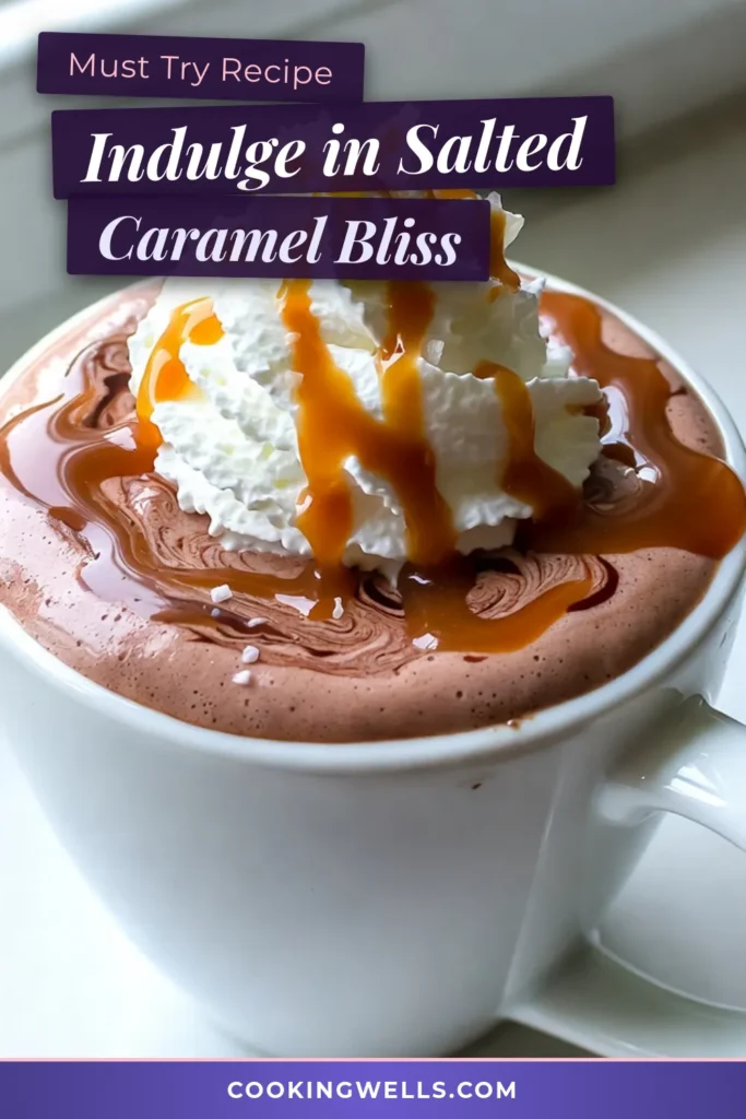 Indulge in the rich and creamy flavor of salted caramel hot chocolate with this easy homemade hot chocolate recipe. Perfect for cozy evenings, this decadent drink combines whole milk, heavy cream, and semi-sweet chocolate chips, topped with whipped cream and a drizzle of caramel sauce. Enjoy a comforting cup that warms you from the inside out! Try this rich chocolate drink today and save the recipe for later. #SaltedCaramelHotChocolate #HomemadeHotChocolate #EasyHotChocolateWithCaramel #CreamyBeverage