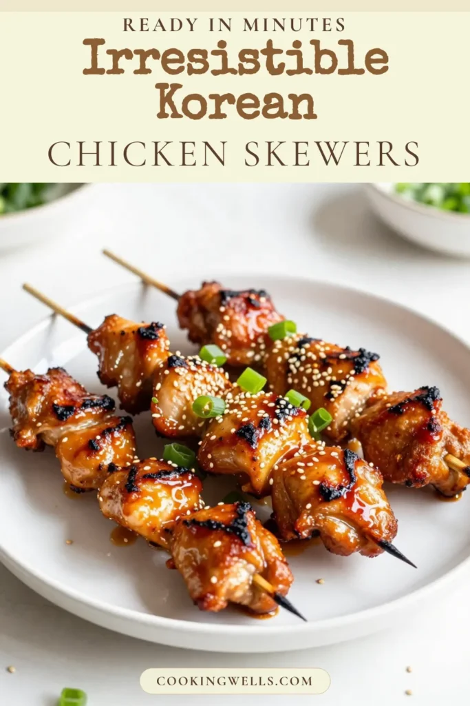 Delight in these mouthwatering Korean BBQ chicken skewers, the perfect addition to your summer grilling. This grilled chicken skewers recipe features tender, marinated chicken thighs infused with savory gochujang, making it an easy Korean BBQ recipe your family will love. Ready in 50 minutes, these sesame chicken skewers will impress at any gathering. Try this delicious dish today! #KoreanBBQ #GrilledChicken #EasyRecipes #Foodie