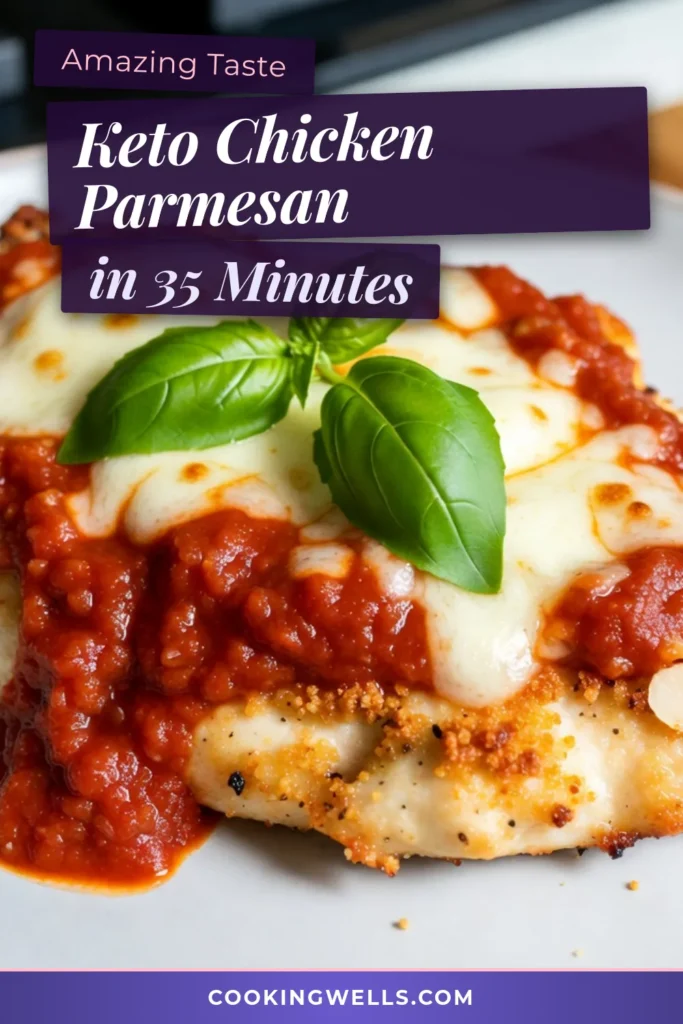 Looking for a delicious Keto Chicken Parmesan? This easy low carb chicken recipe is perfect for your dinner table. Made with almond flour and topped with sugar-free marinara and gooey mozzarella, it's a satisfying meal that won't derail your diet. Impress your family with this quick, easy keto dinner recipe that’s ready in just 35 minutes! Save this recipe for your next meal prep! #KetoDinner #LowCarb #SugarFree #KetoRecipe