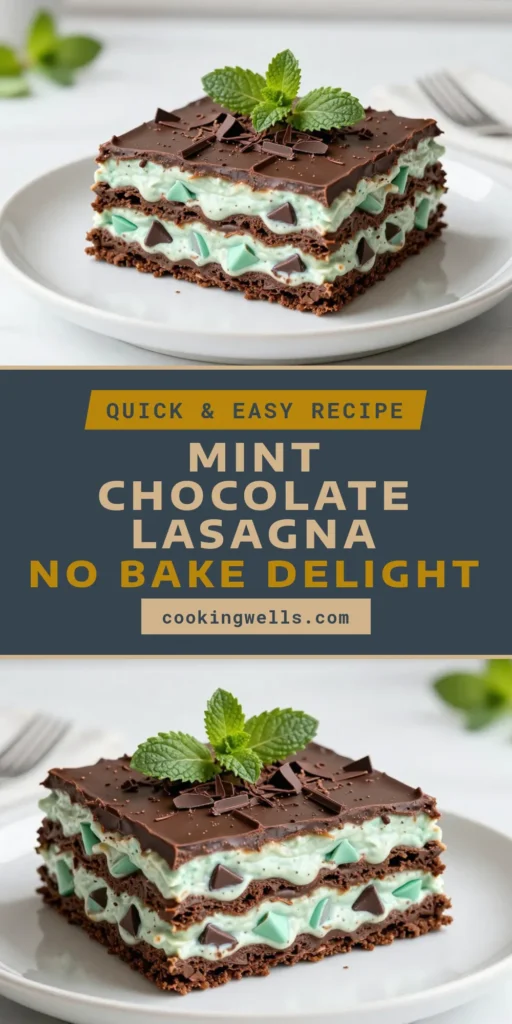 Indulge in this No-Bake Mint Chocolate Lasagna, a perfect Mint Chocolate Dessert Recipe that's as easy as it is delicious! This Easy No-Bake Lasagna layers rich mint cream cheese, chocolate graham crackers, and mint chocolate chips for a mouthwatering treat. This Mint Chocolate Cheesecake Lasagna is perfect for any occasion. Try it today and impress your guests! Save this recipe for a moment of minty delight! #MintChocolateDessert #NoBakeDessert #MintChocolateLasagna #EasyRecipes