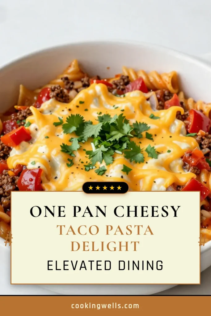 Looking for a delicious and easy dinner? Try this Cheesy Taco Pasta Skillet! This one pot taco pasta combines rotini pasta, ground beef, and savory taco seasoning for a mouthwatering meal ready in just 30 minutes. Perfect for busy nights, this cheesy taco pasta is a crowd-pleaser and a must-try among skillet pasta recipes. Save this easy cheesy dinner recipe for a weeknight delight! #CheesyTacoPasta #SkilletPastaRecipes #EasyDinner #OnePotTacoPasta