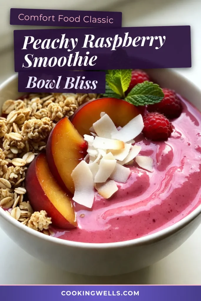 Experience the ultimate refreshment with this delicious Raspberry Peach Smoothie Bowl! This healthy smoothie bowl recipe is packed with frozen raspberries, ripe peaches, and chia seeds for a nutritious boost. Perfect as a vegan raspberry smoothie bowl, it's a delightful treat for breakfast or a snack. Top it with granola and fresh fruit for extra flavor. Try this refreshing peach smoothie bowl today! Save and share! #RaspberryPeachSmoothieBowl #HealthySmoothieBowl #VeganRecipes #ChiaSeedSmoothieBowl